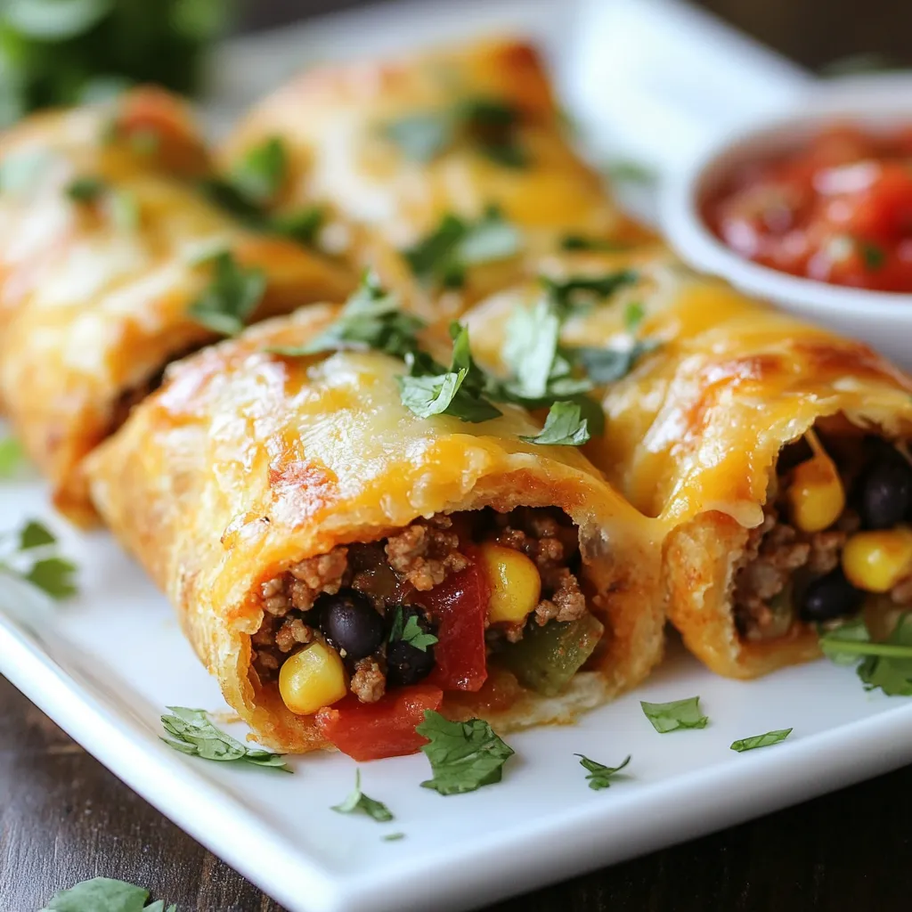 - 1 package of refrigerated pizza dough - 1 cup shredded cheddar cheese - 1 cup cooked ground beef or turkey - 1/2 cup taco seasoning - 1 cup black beans, rinsed and drained - 1/2 cup corn, canned or frozen, thawed if frozen - 1/2 cup diced tomatoes, fresh or canned - 1/4 cup chopped fresh cilantro - 1 egg, beaten - Salsa, for dipping In this recipe, the main ingredients create a delicious base for cheesy taco sticks. The pizza dough wraps around a tasty filling of meat, cheese, and beans. Using shredded cheddar cheese gives these sticks a rich flavor. The cooked ground beef or turkey adds protein and heartiness. You can also swap the meat for black beans if you prefer a vegetarian option. The taco seasoning brings a burst of flavor to this dish. It gives the filling its signature taste. Black beans and corn add color and texture. Diced tomatoes provide freshness and moisture. These additional ingredients make your taco sticks even more tasty. For garnishing, fresh cilantro adds a pop of green and a hint of freshness. The beaten egg helps the dough get a golden crust. Serve with salsa for dipping to enhance the flavors. This simple combination makes the cheesy taco sticks a hit for any snack time! {{ingredient_image_2}} 1. Start by preheating your oven to 400°F (200°C). This helps cook the taco sticks evenly. 2. Prepare a baking sheet by lining it with parchment paper. This keeps the sticks from sticking to the pan. 3. In a large skillet, set it over medium heat. Add the cooked ground beef or turkey to the pan. 4. Mix in the taco seasoning. Stir well so every piece of meat is coated. 5. Add the black beans, corn, and diced tomatoes. Stir this mixture for about 3-5 minutes until heated through. 6. Once done, remove the skillet from the heat. Fold in the chopped cilantro for a fresh taste. 1. On a lightly floured surface, roll out the refrigerated pizza dough. Aim for a large rectangle about 1/4 inch thick. 2. Cut the rolled dough into 2-inch wide strips. Each strip will hold the filling. 3. Take a generous spoonful of the taco mixture. Place it down the center of each dough strip. 4. Sprinkle a tablespoon of shredded cheddar cheese over the taco mixture. This adds melty goodness to each bite. 1. Carefully fold the sides of the dough over the filling. Pinch the edges tightly to seal them well. 2. Arrange the sealed taco sticks on the prepared baking sheet. Leave space between each stick for even baking. 3. Brush the tops with the beaten egg. This gives the sticks a golden, shiny look. 4. Place the baking sheet in the oven and bake for 15-20 minutes. Keep an eye on them until they turn golden brown. 5. After baking, let them cool for a couple of minutes. They will be very hot, so be careful. 6. Serve the cheesy taco sticks warm, with salsa for dipping. Enjoy the flavors! Rolling out the dough is simple. First, lightly flour your surface. This step keeps the dough from sticking. Use a rolling pin to spread the dough into a rectangle. Aim for a thickness of about 1/4 inch. If the dough springs back, let it rest for a few minutes. This makes it easier to roll. To avoid spilling the filling, place a generous spoonful in the center. Make sure to leave space on the edges. When sealing the taco sticks, pinch the edges tightly. This method keeps the tasty filling inside while baking. You can boost the flavor with extra spices. Try adding cumin, garlic powder, or chili powder. These spices give the dish a nice kick. You can also mix in diced jalapeños for heat. If you want a milder taste, bell peppers work well too. Using fresh ingredients is key. Fresh tomatoes and herbs add vibrant flavor. Always choose high-quality products. They make a big difference in taste. To serve for parties, arrange the taco sticks on a large platter. Place a small bowl of salsa in the center. This makes a great dipping station for guests. You can also add some fresh cilantro on top for color. For garnishing, sprinkle extra cheese on top after baking. A squeeze of lime juice can also brighten the dish. These small touches make your Cheesy Taco Sticks look extra special. Pro Tips Use Fresh Ingredients: Fresh vegetables and high-quality cheese will enhance the flavor of your taco sticks, making them even more delicious. Customize the Filling: Feel free to add your favorite ingredients like jalapeños, olives, or even a different type of cheese for a unique twist. Keep an Eye on Baking: Ovens can vary in temperature; check the taco sticks a few minutes before the recommended time to avoid over-baking. Experiment with Dips: While salsa is a classic, try serving these sticks with guacamole, sour cream, or even a spicy queso dip for added flavor. {{image_4}} You can switch up the protein in your cheesy taco sticks. Ground turkey or chicken works great. They add a lighter flavor but still taste amazing. Just cook them the same way as beef. For a vegetarian option, you can use beans. Black beans are my favorite. They add protein and fiber. You can also mix in pinto or kidney beans if you like. Want to spice things up? Add jalapeños or bell peppers to the filling. Jalapeños give a nice kick, while bell peppers add sweetness. Both options make your taco sticks even tastier. You can also change the cheese. Try Monterey Jack or Pepper Jack instead of cheddar. These cheeses melt well and add unique flavors. Experimenting with different cheeses keeps the dish fresh and fun. Feeling adventurous? You can make sweet taco sticks, too! Use cinnamon sugar and cream cheese for a dessert version. Add chocolate chips or diced fruits for extra sweetness. These sweet taco sticks are perfect for kids and adults alike. To keep your cheesy taco sticks fresh, store them in an airtight container. Place them in the fridge if you eat them within a few days. This method keeps them tasty. To reheat, use an oven at 350°F (175°C) for about 10-12 minutes. This will make them warm and crispy again. You can also use a microwave for quick reheating, but they may not be as crispy. If you want to save taco sticks for later, freezing is a great option. You can freeze them before or after baking. If freezing before baking, wrap each stick in plastic wrap and place them in a freezer-safe bag. For baked sticks, let them cool first. Then, put them in a container or a freezer bag. Use freezer bags that seal well to prevent freezer burn. In the fridge, cheesy taco sticks last about 3-4 days. If you freeze them, they can last up to 2-3 months. For the best taste, eat them sooner rather than later. Always check for any signs of spoilage, like changes in smell or color, before eating. You can easily make Cheesy Taco Sticks vegetarian by swapping meat with plant-based options. Here are some great substitutes: - Use 1 cup of cooked lentils instead of ground beef or turkey. - Replace meat with 1 cup of black beans or pinto beans for added texture. - Add chopped mushrooms for a savory, earthy flavor. - Use extra veggies like bell peppers or zucchini for more color and taste. - Ensure your taco seasoning is vegetarian-friendly. These swaps keep the flavor strong while making it meat-free. Yes, you can use homemade pizza dough! Making it from scratch is simple. Here are some tips: - Combine 2 cups of all-purpose flour, 1 packet of yeast, and 1 teaspoon of salt. - Mix in 3/4 cup of warm water and 1 tablespoon of olive oil. - Knead the dough until smooth, then let it rise for about 1 hour. - Roll out the dough to 1/4 inch thick, just like the store-bought version. Homemade dough gives a fresh taste and a fun cooking experience. There are many great dipping sauce options for Cheesy Taco Sticks. Here are some recommendations: - Guacamole adds a creamy and rich flavor. - Ranch dressing gives a cool, tangy taste that pairs well. - Queso sauce offers extra cheesy goodness. - Hot sauce can spice things up for those who love heat. Pairing with salsa and sour cream enhances your meal. Salsa adds freshness, while sour cream balances the heat. Enjoy exploring these flavors! You learned how to make Cheesy Taco Sticks from start to finish. We talked about key ingredients like pizza dough, cheese, and taco seasoning. I gave you tips to make them tasty and fun for serving. You can even mix it up with different proteins and flavors. Enjoy sharing these cheesy delights at your next gathering or snack time! Now it’s time to get cooking and savor your creation.