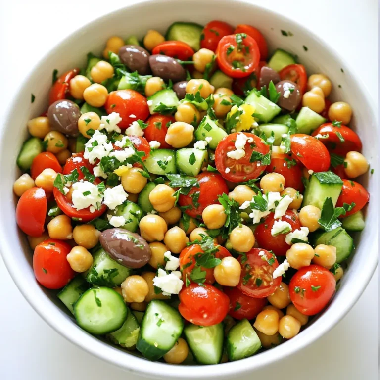 The Minute Mediterranean Chickpea Salad is fresh, quick, and full of flavor. Here’s what you need: - 1 can (15 oz) chickpeas, thoroughly rinsed and drained - 1 cup cherry tomatoes, halved for a burst of sweetness - 1 crisp cucumber, diced into bite-sized pieces - 1/2 red onion, finely chopped to add a touch of sharpness - 1/2 cup Kalamata olives, pitted and sliced for a rich, briny flavor - 1/4 cup feta cheese, crumbled for a creamy, tangy element - 2 tablespoons fresh parsley, finely chopped for freshness - Juice of 1 vibrant lemon - 3 tablespoons high-quality olive oil - 1 teaspoon dried oregano to bring in earthy notes - Salt and freshly ground black pepper to taste Each of these ingredients plays a key role. The chickpeas give protein, while the cherry tomatoes add sweetness. The cucumber offers crunch, and the red onion gives sharpness. Kalamata olives bring a salty taste, and feta cheese adds creaminess. Fresh parsley brightens up the dish. The lemon juice and olive oil create a zesty dressing, while oregano adds a warm flavor. Finally, the salt and pepper enhance every bite. Gather these ingredients, and you’re ready to make a dish that bursts with Mediterranean flair! - Combine chickpeas and vegetables Start with a big bowl. Add one can of chickpeas that you rinsed and drained. Then, toss in one cup of halved cherry tomatoes, one diced cucumber, and half a finely chopped red onion. Next, throw in half a cup of pitted and sliced Kalamata olives and a quarter cup of crumbled feta cheese. Mix gently to blend the flavors. - Make the dressing In a smaller bowl, squeeze the juice of one lemon. Add three tablespoons of olive oil, one teaspoon of dried oregano, and a pinch of salt and pepper. Whisk until it looks smooth and creamy. This dressing packs a zesty punch. - Toss salad with dressing Pour the dressing over your chickpea mix. Use a large spoon or salad tongs to gently toss everything together. Make sure every ingredient gets coated nicely. - Add parsley Chop two tablespoons of fresh parsley. Sprinkle it over the salad. Give it one last gentle toss to spread the fresh taste. - Let the salad rest Allow the salad to sit for about five minutes. This helps all the flavors mix well. If you’re in a hurry, you can serve right away. This simple process brings a burst of flavor and freshness to your table. Enjoy your quick and healthy meal! - Rinse and drain chickpeas efficiently. To do this, place the chickpeas in a colander. Rinse them under cold water for about 30 seconds. This helps remove excess salt and improves taste. - Pre-chop vegetables for faster assembly. Chop your cucumber, red onion, and tomatoes in advance. Store them in the fridge for quick use. It saves time when you are ready to make the salad. - Use high-quality ingredients. Fresh produce and good olive oil can make a big difference. Choose ripe cherry tomatoes and firm cucumbers for the best flavor. - Allowing the salad to rest. After mixing, let the salad sit for about 5 minutes. This allows all the flavors to mingle and become tastier. If you’re in a rush, you can eat it right away, but resting improves taste. - Adjusting seasoning to taste. Don’t be shy about tasting your salad. If it needs more salt, add a pinch. If you want it tangier, add more lemon juice. Always adjust to your liking! {{image_4}} You can easily tweak this salad to fit your taste. Here are some ideas: - Adding proteins like chicken or tuna: For a heartier dish, add grilled chicken or canned tuna. Both options boost protein and make the salad more filling. Simply mix them in after you combine the other ingredients. - Using different types of cheese: Try replacing feta with goat cheese or mozzarella. Each cheese brings a unique taste and texture. Goat cheese adds creaminess, while mozzarella offers a mild flavor. - Substituting or adding vegetables: Feel free to swap in veggies like bell peppers, carrots, or radishes. You can even add avocado for creaminess. The more colorful your salad, the more fun it looks! The flavor of your salad can change with simple swaps. Here are some suggestions: - Experimenting with different citrus: Instead of lemon juice, try lime or orange juice. Each adds a fresh twist and changes the salad’s vibe. Lime brings zest, while orange adds sweetness. - Adding nuts or seeds for crunch: Toss in some toasted almonds, walnuts, or sunflower seeds. They add a nice crunch and healthy fats. Just sprinkle them on top or mix them in as you toss the salad. These variations allow you to create a salad that fits your mood and taste! To keep your Minute Mediterranean Chickpea Salad fresh, store it in the fridge. Use an airtight container to prevent moisture loss. This salad is best enjoyed cold, so refrigeration is key. The shelf life of the salad is about three days. After that, the veggies can lose their crunch. If you notice any signs of spoilage, toss it out. Always trust your senses. For meal prep, portion the salad into individual servings. This makes it easy to grab and go. Use small containers or mason jars for a fun touch. When storing, put the dressing in a separate container. This keeps the salad crisp until you’re ready to eat. Mix in the dressing just before serving for the best flavor and texture. You can store the salad in the fridge for up to three days. Just keep it in an airtight container. After a day, the veggies may get softer, but the flavors still taste great. Yes, you can use dried chickpeas! Just soak them overnight and cook until tender. This adds time, but it may enhance the flavor. If you don’t have Kalamata olives, you can use green olives or black olives. Both will add a nice salty flavor. Yes, this salad is vegan-friendly if you skip the feta cheese. You can also use a plant-based feta for a creamy touch. The salad is gluten-free as is! Just ensure any added ingredients, like dressings, are gluten-free too. Enjoy this fresh dish without worry! This blog post explained how to make a tasty Mediterranean chickpea salad. You learned the key ingredients, preparation steps, and helpful tips. I shared ideas for customizing the salad to fit your taste. Remember to store it properly to keep it fresh. This salad is not only easy to make but also healthy. Enjoy mixing and matching flavors. With these steps, you can create a dish that delights your taste buds.