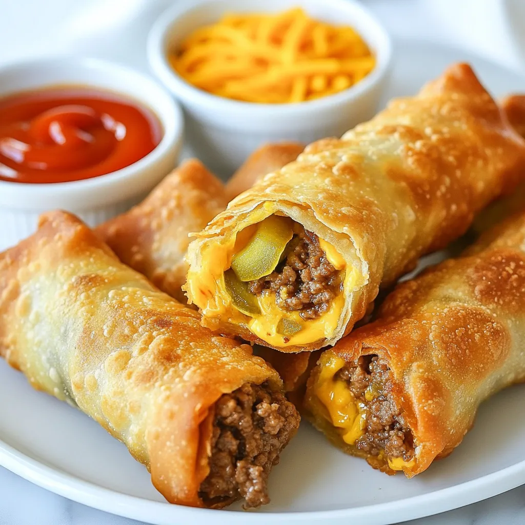 - 1 pound ground beef - 1/2 cup yellow onion, finely chopped - 1 cup sharp cheddar cheese, shredded - 1/2 cup dill pickles, finely chopped The main ingredients set the stage for our cheeseburger egg rolls. First, the ground beef gives a rich, savory flavor. The yellow onion adds sweetness when cooked. Sharp cheddar cheese brings a creamy texture and tangy taste. Dill pickles give a nice crunch and a touch of acidity. - 1 tablespoon ketchup - 1 tablespoon yellow mustard - 1 teaspoon garlic powder - Salt and black pepper, to taste Seasoning enhances the filling. Ketchup and mustard bring classic cheeseburger flavors. Garlic powder adds depth. Don't forget salt and black pepper to bring everything together. These small touches make a big taste difference. - 12 egg roll wrappers - Oil for frying (canola or vegetable recommended) Egg roll wrappers hold everything inside. They crisp up nicely when fried. Use canola or vegetable oil for the best results. This oil has a high smoke point, which means it will fry your rolls perfectly. Make sure the oil is hot enough before adding the rolls. This way, you get that perfect golden-brown color. {{ingredient_image_2}} 1. Start by heating a large skillet over medium heat. Add 1 pound of ground beef. Cook it until it turns brown. Use a spatula to break it apart as it cooks. 2. After the beef is browned, drain any extra grease. This keeps the filling from being too greasy. 3. Next, add 1/2 cup of finely chopped yellow onion. Sauté the onions for 3 to 4 minutes. They should become soft and clear. 4. Now, mix in 1 cup of shredded sharp cheddar cheese, 1/2 cup of chopped dill pickles, 1 tablespoon of ketchup, and 1 tablespoon of yellow mustard. Add 1 teaspoon of garlic powder, salt, and black pepper to taste. Stir everything well until the cheese melts. Remove the skillet from heat and let the filling cool for a few minutes. 1. Find a clean, dry surface. Lay an egg roll wrapper flat. Make sure one corner is facing you. 2. Spoon 2 to 3 tablespoons of the cheeseburger filling into the center of the wrapper. 3. Fold the bottom corner of the wrapper over the filling. Next, fold in the two side corners. 4. Carefully roll the wrapper away from you toward the top corner. Keep the filling secure inside. 5. To seal the edge, use a dab of water on the wrapper. Repeat this with the rest of the wrappers and filling until you finish. 1. In a large pot or deep skillet, heat oil over medium-high heat. Aim for a temperature of 350°F. 2. Once the oil is hot, gently place the egg rolls in batches into the oil. Don’t overcrowd the pan. 3. Fry each egg roll for about 3 to 4 minutes on each side. They should turn golden brown and crispy. 4. Use a slotted spoon to transfer the fried egg rolls to a plate lined with paper towels. This will soak up any extra oil. 5. Serve the cheeseburger egg rolls while hot. Add extra ketchup and mustard for dipping! - Check oil temperature for crispy results: Heat your oil to about 350°F. This gives you that golden, crispy outside. Use a thermometer if you can. This step is key. - Avoid overcrowding the pan: Fry in small batches. Too many at once cools the oil and makes soggy rolls. Keep them separate for the best crunch. - Experiment with additional seasonings: Try adding some smoked paprika or chili powder. These spices can add a nice kick to your filling. You can also mix in some onion powder for more depth. - Try different types of cheese: While sharp cheddar is great, consider pepper jack for heat or mozzarella for a more stretchy texture. Each cheese brings its unique taste. - Arrange on a platter with dipping sauces: Place the egg rolls on a nice platter. Use small bowls for ketchup and mustard. This makes it look inviting and fun. - Garnish with parsley or pickle slices: A sprinkle of parsley adds color. You can also lay a few pickle slices next to the rolls. It adds a fresh touch that pairs well with the flavors inside. Pro Tips Keep the Filling Cool: Allow the cheeseburger mixture to cool slightly before filling the wrappers. This prevents the wrappers from becoming soggy and helps maintain their crispiness during frying. Fry in Batches: Fry the egg rolls in small batches to ensure even cooking. Overcrowding the pan can lower the oil temperature, resulting in greasy egg rolls. Use a Thermometer: For perfectly fried egg rolls, use a kitchen thermometer to monitor the oil temperature, aiming for around 350°F. This ensures a golden brown and crispy exterior. Experiment with Fillings: Feel free to customize the filling! Add cooked bacon, sautéed mushrooms, or even jalapeños for a spicy twist on your cheeseburger egg rolls. {{image_4}} You can easily make cheeseburger egg rolls vegetarian. Simply swap ground beef for plant-based protein. This change keeps the taste while making it meat-free. You can use crumbled tofu or lentils as good alternatives. To add more color and crunch, mix in veggies like bell peppers or mushrooms. Chopped spinach also works well here. These additions bring more flavor and nutrients to your dish. For a fun twist, try different types of cheese. Creamy mozzarella or spicy pepper jack can change the taste. You can also add jalapeños for a spicy kick. This adds heat that many people love. Other ingredients like bacon bits or caramelized onions can also make great fillings. Get creative with options to find your favorite mix! Using an air fryer is a great way to cook cheeseburger egg rolls. It gives them a crispy texture without deep frying. Preheat your air fryer to 375°F. Spray the egg rolls lightly with cooking spray. Place them in the fryer basket in a single layer. Cook for about 10-12 minutes, flipping halfway through. Keep an eye on them to avoid burning. This method makes it easy to enjoy a healthier version of this snack! To keep your cheeseburger egg rolls fresh, cool them to room temperature first. Place them in an airtight container. This helps prevent sogginess. In the fridge, they last up to three days. For the best results, reheat egg rolls in an oven. Preheat your oven to 350°F. Place the egg rolls on a baking sheet. Heat for 10-15 minutes until they are warm and crispy. You can also use an air fryer at 350°F for about 5-7 minutes. Want a quick bite? Try microwaving them, but they won't stay as crispy. You can freeze both uncooked and cooked egg rolls. For uncooked, wrap them tightly in plastic wrap and place them in a freezer bag. They last up to three months. To cook from frozen, do not thaw. Fry them directly from the freezer for about 4-5 minutes longer than usual. Cooked egg rolls can also be frozen. Just let them cool first, then store similarly. Reheat directly from the freezer using the oven or air fryer. Yes, you can prep cheeseburger egg rolls ahead. Cook the filling and cool it first. Then, wrap the egg rolls. Store them in the fridge for up to one day. For longer storage, freeze them. Lay them on a baking sheet and freeze until firm. Then, place them in a bag for easy access later. I love serving these egg rolls with ketchup and yellow mustard. You can also try ranch dressing for a creamy touch. BBQ sauce adds a sweet twist, while spicy mustard gives it a kick. Don’t forget about sriracha for those who enjoy heat! Leftover cheeseburger egg rolls last for about three days in the fridge. Make sure to store them in an airtight container. To keep them crisp, reheat in the oven at 375°F for about 10 minutes. Avoid microwaving as it may make them soggy. In this post, we explored how to make tasty cheeseburger egg rolls. We covered the key ingredients, step-by-step cooking, and tips for frying. You learned about variations and how to store these delicious snacks. Egg rolls are fun to make and easy to enjoy. Try adding your twists to the recipe! Whether for a party or a snack, these rolls please everyone. Get creative, and make your own special version!