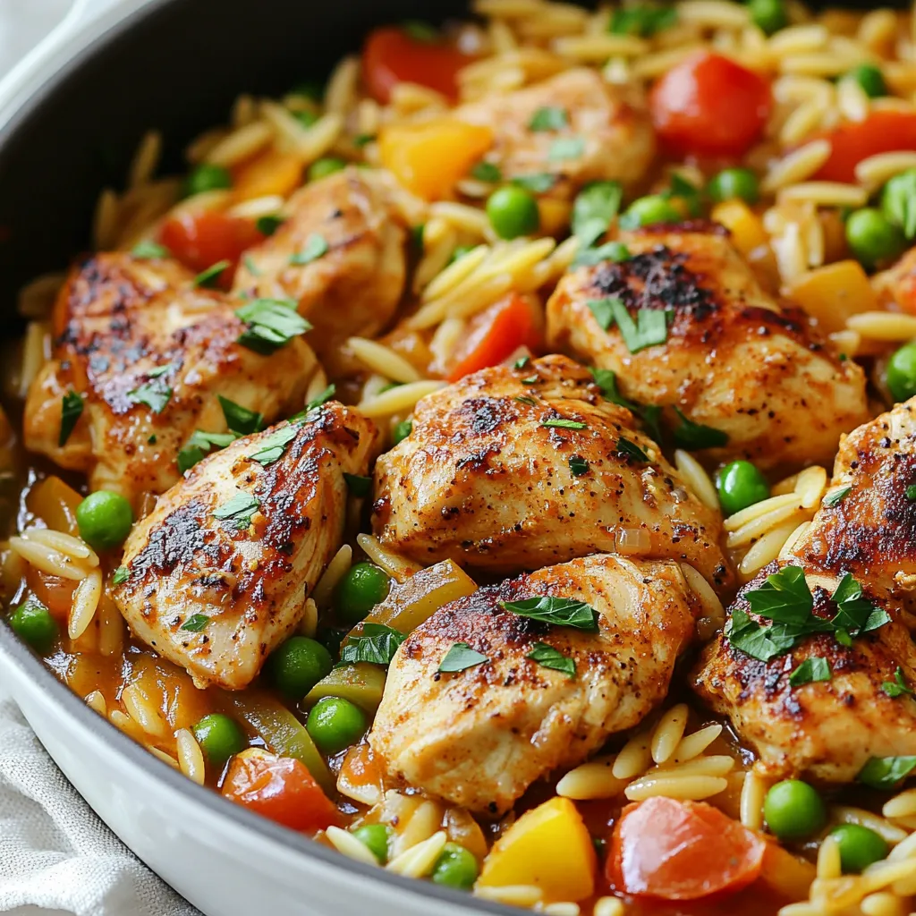 - 1 lb boneless, skinless chicken breasts, diced into bite-sized pieces - 1 tablespoon Cajun seasoning - 2 tablespoons olive oil - 1 medium onion, finely chopped - 2 cloves garlic, minced - 1 bell pepper (choose red or green), diced - 1 cup orzo pasta - 4 cups chicken broth (low-sodium recommended) - 1 can (14 oz) diced tomatoes, including juice The main ingredients in this dish are simple yet full of flavor. The boneless, skinless chicken breasts form a tender base. Cajun seasoning gives it a spicy kick, while olive oil keeps everything moist and adds richness. In the vegetable section, we have onion, garlic, and bell pepper. These ingredients add depth to the dish. The onion and bell pepper provide sweetness, while garlic gives it an aromatic touch. For the pasta and broth, orzo is the star. This small pasta cooks fast and absorbs flavors well. Chicken broth adds a savory base, while diced tomatoes bring in some acidity and sweetness. Together, these ingredients create a well-rounded meal that is perfect for any weeknight. {{ingredient_image_2}} 1. Start with the diced chicken in a bowl. 2. Sprinkle the Cajun seasoning on the chicken. 3. Toss the chicken until all pieces are coated. 4. Heat olive oil in a large skillet over medium-high heat. 5. Once the oil shimmers, add the seasoned chicken. 6. Sauté for 5-7 minutes. 7. The chicken should turn brown and cook through. 8. Remove the chicken and set it aside on a plate. 1. In the same skillet, add the chopped onion and diced bell pepper. 2. Sauté for 3-4 minutes until they become tender. 3. Add minced garlic and cook for one more minute. 4. The garlic should smell fragrant, adding depth to the dish. 1. Stir in the orzo pasta and toast it for 2 minutes. 2. Stir often to get a light golden color. 3. Pour in the chicken broth and diced tomatoes with juice. 4. Raise the heat until the mixture boils. 5. Lower the heat to a gentle simmer. 1. Return the cooked chicken to the skillet. 2. Add frozen peas and smoked paprika. 3. Cover the skillet with a lid. 4. Let it cook for 12-15 minutes until the orzo is al dente. 5. Stir occasionally, adding broth if it looks dry. 1. After cooking, season with salt and black pepper to your taste. 2. Remove the skillet from heat. 3. Top with freshly chopped parsley for color and flavor. 4. Serve warm and enjoy the meal! - Choosing the right Cajun seasoning: Look for a blend with paprika, cayenne, and herbs. This mix brings heat and depth. You can make your own by mixing equal parts paprika and cayenne with garlic powder and dried herbs. Adjust the heat to your taste. - Balancing flavors with salt and pepper: Always taste your dish before serving. The right amount of salt enhances all the flavors. Add black pepper for a warm bite. A pinch can elevate the dish without overwhelming it. - Tips for adding cheese or cream: For a creamy touch, stir in some cream or cheese at the end. Cream cheese or cheddar works well. Add cheese slowly and stir until it melts. This gives the dish a rich texture. You can also use a splash of heavy cream for a smooth finish. - Adjusting for different stovetop settings: Stovetops can vary in heat. If your dish is cooking too fast, lower the heat. If it’s too slow, raise it slightly. Keep an eye on the orzo as it absorbs liquid. - Ensuring the right texture for orzo: Orzo should be tender but not mushy. Stir it often and check for doneness after 12 minutes. If it looks dry, add a little broth. Remember, the pasta will continue to cook off the heat. This gives you a perfect bite every time. Pro Tips Perfectly Seasoned Chicken: Ensure that the chicken is thoroughly coated with Cajun seasoning for maximum flavor. Allow it to marinate for 15-30 minutes if time permits. Customizing Spice Level: Adjust the amount of Cajun seasoning according to your spice preference. For a milder dish, start with half the amount and add more to taste. Choosing the Right Broth: Using homemade or high-quality chicken broth will enhance the overall flavor of the dish, making it richer and more satisfying. Adding Freshness: Consider adding a squeeze of lemon juice just before serving to brighten up the flavors and add a refreshing finish to the dish. {{image_4}} You can easily swap the chicken for shrimp or sausage. Each option brings a unique taste. Shrimp cooks quickly and adds a nice seafood flavor. Sausage gives a hearty, smoky touch. For a vegetarian twist, try using chickpeas or mushrooms. Both options add protein without meat. Want more kick? Add cayenne pepper or oregano. These spices enhance the Cajun flavor and give it a deeper taste. You can also mix in different veggies. Try zucchini, spinach, or corn for added color and nutrition. This keeps the dish fresh and exciting. Pair your Cajun Chicken Orzo Skillet with cornbread or a crisp salad. Cornbread adds a sweet touch and complements the spices. A salad gives a refreshing contrast. For plating, serve it in the skillet for a rustic feel. Or plate individual servings with extra parsley and a lemon wedge. This adds a pop of color and a burst of flavor. To store leftovers, use an airtight container. Make sure the dish cools down first. You can keep it in the fridge for up to 3 days. If you want to keep it longer, freezing is a great option. For reheating, I suggest using the stovetop. Add a splash of chicken broth to keep it moist. Heat it over medium-low heat and stir often. This way, you avoid sogginess in the orzo. Microwaving is quick but may not give the best results. To freeze, let the dish cool completely. Place it in a freezer-safe container. It can last up to 3 months in the freezer. When you’re ready to eat, thaw it overnight in the fridge. Reheat it on the stovetop with a bit of broth for the best texture. Yes, you can prepare parts of this dish ahead of time. You can marinate the chicken with Cajun seasoning a day before. Store it in the fridge to let the flavors deepen. You can also chop the onion, bell pepper, and garlic in advance. Keep them in an airtight container. When you're ready to cook, it will save you time. If you don’t have orzo, you can use other small pasta. Examples include ditalini, rice-shaped pasta, or even couscous. If you want a gluten-free option, try quinoa or rice. These alternatives still soak up the flavors well. To make the dish milder, use less Cajun seasoning. You can also add more cream or cheese afterward. If you want it spicier, add cayenne pepper or extra Cajun seasoning. Always taste as you go, so it’s just right for your palate. In this blog post, we explored a delicious Cajun Chicken Orzo Skillet. We discussed key ingredients, like chicken, veggies, orzo, and broth. I provided step-by-step instructions to simplify your cooking. You learned tips on perfecting flavors and making variations with protein or spices. Lastly, we covered storage and reheating options. Remember, this dish is flexible and can fit your taste. Enjoy creating your own versions and impressing family and friends!