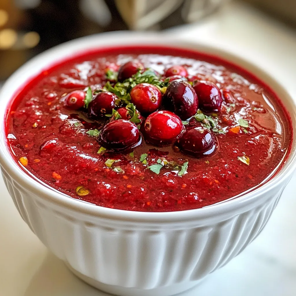 - 1 cup fresh or frozen cranberries - 1/4 cup sugar (or honey for a natural sweetness) - 1/2 cup water - 1 small red chili, finely chopped - 1 tablespoon soy sauce - 1 tablespoon apple cider vinegar - 1/2 teaspoon ginger, freshly grated - 1 clove garlic, finely minced - Sea salt to taste This cranberry chili dipping sauce is a delight. It blends sweet and spicy flavors. You can use fresh or frozen cranberries. Fresh cranberries give a bright taste. Frozen ones are fine too, especially if fresh is not available. You need a small red chili for heat. Adjust the amount based on your spice level. The soy sauce adds umami, while apple cider vinegar brings a nice tang. Fresh ginger and garlic give depth to this sauce. They make it fragrant and savory. For sweetness, you can use sugar or honey. Honey is a great natural option. I often choose honey for a richer taste. Sea salt at the end brings all the flavors together. Gather these ingredients, and you are ready to make a tasty sauce. It’s simple but so flavorful! {{ingredient_image_2}} How do you cook the cranberries with sugar and water? Begin by taking a medium saucepan. Set it over medium heat. Add 1 cup of cranberries, 1/4 cup of sugar, and 1/2 cup of water. Stir lightly to mix. Bring the mixture to a gentle simmer. You should hear the cranberries pop after about 5-7 minutes. This means they are softening well. What do you do next? Now, it’s time to add the flavor. Incorporate 1 small finely chopped red chili, 1 tablespoon of soy sauce, 1 tablespoon of apple cider vinegar, 1/2 teaspoon of grated ginger, and 1 clove of minced garlic into the pot. Stir well to combine all these ingredients. This will give your sauce a nice kick and depth of flavor. How do you blend and adjust the sauce's texture? Let the sauce cook for another 5-10 minutes. This allows it to thicken and for the flavors to meld together. Once it reaches your desired thickness, take the pot off the heat. Allow the sauce to cool for a few minutes. Then, use an immersion blender or a regular blender to puree it until smooth. If you like it chunkier, pulse the blender gently. Finally, taste your sauce. Add sea salt to your liking. You can also adjust the sweetness if needed. Let the sauce cool to room temperature before serving. Enjoy this flavorful, spicy, and tangy dip with your favorite snacks! - Best practices for cooking cranberries: Use fresh or frozen cranberries. Start by rinsing them to remove any dirt. Place them in a medium saucepan with water and sugar. This mix helps the cranberries cook evenly. Stir gently and heat on medium. Wait for them to pop as they soften. - Adjusting spice levels effectively: Spice can change a dish's flavor. Start with one small red chili. Chop it finely and add it to the mix. If you want more heat, add more chili. Remember, the heat builds as the sauce cooks. Taste it often to find your perfect level. - Achieving the perfect sauce consistency: Cook the sauce until it thickens, about 10 minutes. Stir it occasionally to avoid sticking. If it gets too thick, add a bit of water. For a smooth sauce, blend it after cooking. If you like it chunky, pulse the blender gently. This way, you control the texture just how you like it. Pro Tips Adjusting Spice Level: If you prefer a milder sauce, remove the seeds from the chili before chopping it. This will reduce the heat without sacrificing flavor. Sweetness Balance: Taste the sauce before serving and adjust the sweetness according to your preference. A touch more honey or sugar can enhance the overall flavor. Texture Preference: For a smoother sauce, blend thoroughly. If you enjoy a chunkier texture, pulse the blender gently to keep some cranberry pieces intact. Storage Tips: Store any leftover sauce in an airtight container in the refrigerator for up to a week. It can also be frozen for longer storage; just thaw before use. {{image_4}} You can change the flavor of your cranberry chili dipping sauce with easy swaps. - Using different sweeteners: Replace sugar with honey for a natural taste. Maple syrup is another great option if you want a unique sweetness. - Alternative spices or flavorings: Add a pinch of cumin for warmth. You can also try adding fresh herbs like cilantro or mint to give it a fresh twist. - Adjusting heat with various chili options: Use jalapeños for more heat. For a milder sauce, try using bell peppers. You can even use dried chili flakes for a different flavor. This sauce pairs well with many appetizers. Here are some great ideas: - Ideal pairings for appetizers: Serve it with crispy spring rolls, juicy chicken nuggets, or fresh veggie platters. It also goes well with grilled shrimp or fish tacos. - How to present the sauce attractively: Use a chic serving bowl to hold your sauce. Garnish it with whole cranberries and a sprinkle of chopped chili. This makes it look appealing and adds texture. To store your cranberry chili dipping sauce, use an airtight container. Glass jars work well and keep the flavors fresh. Make sure the sauce has cooled to room temperature before sealing. This helps prevent condensation inside the jar. Store the container in the fridge. This will keep your sauce safe and tasty. If you plan to use it within a week, refrigeration is perfect. The shelf life of your sauce is about one week in the fridge. After that, it may lose its flavor or freshness. Look for signs that the sauce has spoiled. If it smells sour or shows mold, it’s time to toss it. A change in color or texture also means it’s best to discard it. Enjoy your sauce while it’s fresh for the best taste! Can I make this ahead of time? Yes, you can make this sauce a day in advance. It tastes even better after resting. Store it in an airtight container in the fridge. Just remember to let it cool before storing. How do I make the sauce less spicy? To reduce spice, use less chili. You can add more sugar or honey to balance heat. Another option is to use mild peppers, like bell peppers, instead of a red chili. Taste as you go to get the right balance for you. What are the nutritional facts of this recipe? This recipe makes about 1 cup of sauce. Here are the key facts per serving: - Calories: 50 - Total fat: 0g - Carbohydrates: 13g - Sugars: 10g - Protein: 0g These numbers can vary based on the sweetener you use. Always check labels for exact details. This blog post covered how to make a delicious cranberry sauce. You learned about essential ingredients, effective preparation steps, and useful tips for cooking. We also explored variations and serving ideas to elevate your dish. Remember to store the sauce correctly for the best flavor. Experiment with flavors to suit your taste. In the end, this sauce can be a versatile addition to many meals. Make it, share it, and enjoy the creative process!