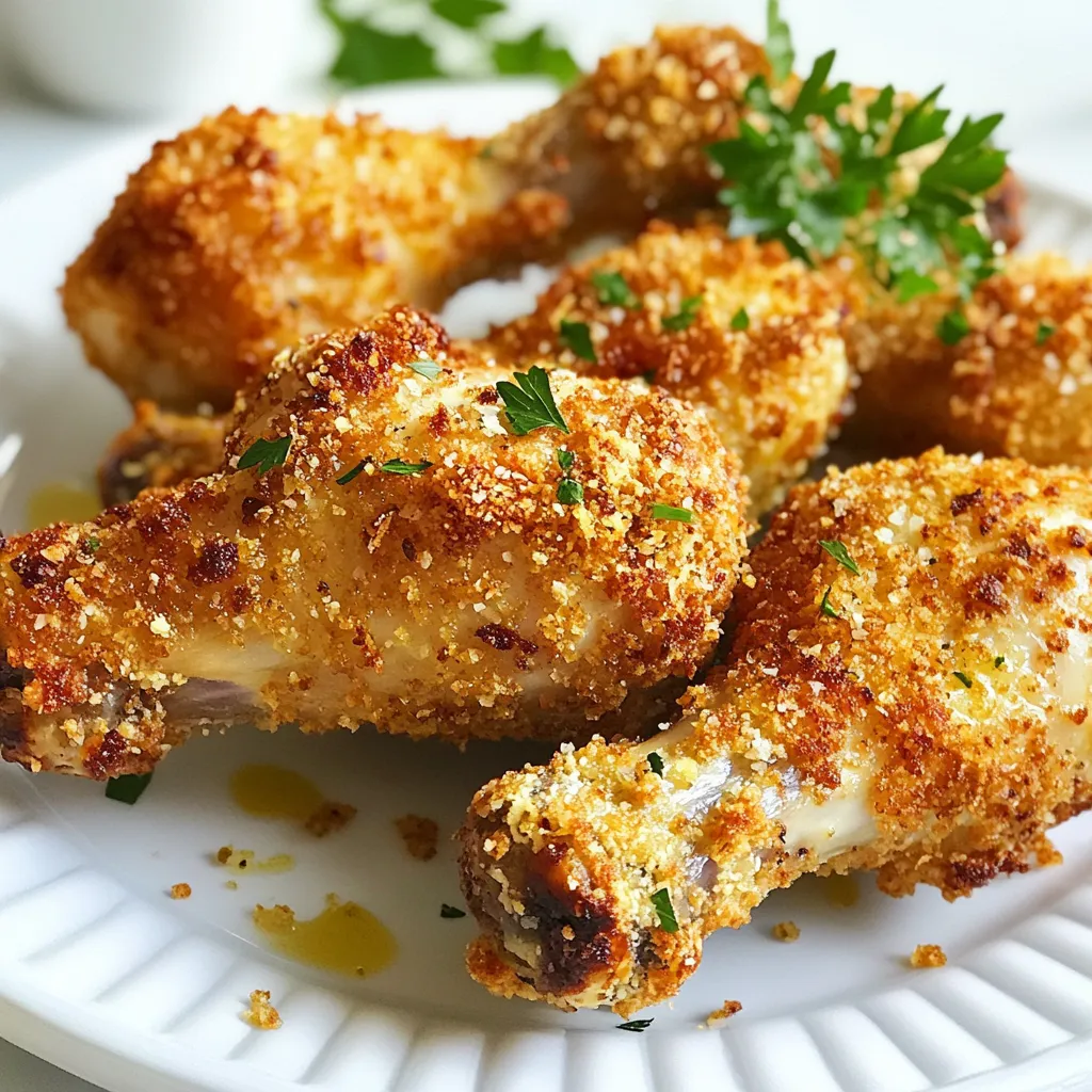 - 8 chicken drumsticks - 1 cup panko breadcrumbs - 1/2 cup freshly grated Parmesan cheese - 4 cloves garlic, finely minced - 1 tablespoon mixed dried Italian herbs - 1/2 teaspoon paprika - 1/4 teaspoon cayenne pepper (optional) - Salt and freshly ground black pepper, to taste - 1/2 cup all-purpose flour - 2 large eggs, beaten well - 1/4 cup extra-virgin olive oil Gather these ingredients for a tasty treat. Chicken drumsticks bring a juicy base. Panko breadcrumbs give the crunch. Freshly grated Parmesan cheese adds a savory touch. For seasoning, I love using garlic. It gives flavor that everyone enjoys. The mixed dried Italian herbs add a nice touch too. Paprika brings color, while cayenne pepper can add heat if you like spice. Don’t forget salt and black pepper for balance. For binding, all-purpose flour helps the coating stick well. Beaten eggs serve the same purpose. Finally, olive oil helps crisp up the drumsticks during baking. With these ingredients, you're on your way to making a delicious meal. {{ingredient_image_2}} 1. Preheating and Lining the Baking Sheet First, I set my oven to 425°F (220°C). This high heat helps make the chicken crispy. Next, I line a large baking sheet with parchment paper. This step makes clean-up easy and helps the chicken brown better. 2. Mixing the Breadcrumb Coating Ingredients In a big mixing bowl, I combine the following: - 1 cup panko breadcrumbs - 1/2 cup freshly grated Parmesan cheese - 4 cloves garlic, finely minced - 1 tablespoon mixed dried Italian herbs - 1/2 teaspoon paprika - 1/4 teaspoon cayenne pepper (if you want some heat) - Salt and freshly ground black pepper, to taste I mix these ingredients well. This mix gives the chicken its crunchy and tasty coating. 1. Dredging in Flour I take one chicken drumstick and coat it in 1/2 cup of all-purpose flour. I shake off any extra flour to ensure an even layer. 2. Dipping in Beaten Eggs Next, I dip the floured drumstick into 2 large beaten eggs. I let any excess egg drip back into the bowl. This helps the breadcrumbs stick. 3. Rolling in Breadcrumb Mixture Finally, I roll the drumstick in the breadcrumb mixture. I press gently to make sure the coating sticks well. I repeat this for all the drumsticks. 1. Arranging on the Baking Sheet I place the coated drumsticks on the prepared baking sheet. I make sure they have some space between them for even cooking. 2. Drizzling with Olive Oil I drizzle the drumsticks lightly with 1/4 cup of extra-virgin olive oil. This step helps them bake to a golden brown and adds flavor. 3. Baking Time and Temperature Details I bake the drumsticks in the preheated oven for 35-40 minutes. I check that they reach an internal temperature of 165°F (75°C). Halfway through baking, I flip the drumsticks for even crispiness. After baking, I let them rest for a few minutes before serving. This helps keep them juicy. To get that amazing crunch, panko breadcrumbs are key. They are lighter and crispier than regular breadcrumbs. This makes your chicken drumsticks extra crunchy. When you coat the drumsticks, make sure to press the panko firmly. This helps it stick better. Using olive oil is important for browning. Drizzle a little over the coated drumsticks before baking. This not only helps them brown but also adds rich flavor. You want that golden color and crisp texture! Flipping the drumsticks halfway through cooking is a must. This ensures both sides get equally crispy. Set a timer for about 20 minutes into baking. Turn them gently to keep the coating intact. Check the internal temperature to make sure they are done. You want it to reach 165°F (75°C). This keeps the chicken safe to eat and juicy inside. A meat thermometer is a handy tool for this. For a stunning presentation, serve the drumsticks on a rustic wooden board. Add freshly chopped parsley for color. You can also use lemon wedges for a bright touch. Dipping sauces can elevate your chicken. A side of garlic aioli or spicy ranch adds fun flavors. This makes your meal more interactive and delicious! Pro Tips Preheat Properly: Always preheat your oven to ensure even cooking and to achieve that perfect crispy texture. Double-Dip for Extra Crunch: For an even crunchier coating, consider double dipping the drumsticks in the egg and breadcrumb mixture. Season the Flour: Add some seasoning to your flour mixture for an extra layer of flavor that seeps into the chicken. Rest Before Serving: Let the drumsticks rest for a few minutes after baking to allow the juices to redistribute for juicier meat. {{image_4}} You can spice up your drumsticks with some heat. Adding cayenne pepper gives a nice kick. If you want more, try crushed red pepper flakes. These options add flavor without much effort. For cheese lovers, you can try different cheeses. Mozzarella melts well and adds a stretchy texture. Cheddar gives a sharp taste, while feta offers a tangy twist. Choose what you love best. If you need gluten-free options, use gluten-free breadcrumbs. They give a similar crunch without the gluten. Also, almond flour can work as a great substitute for all-purpose flour. For a low-carb option, skip the breadcrumbs. Instead, coat your drumsticks in crushed pork rinds. They give a tasty crunch and fit low-carb diets perfectly. You still get that delightful crunch you crave! After enjoying your crunchy garlic Parmesan chicken drumsticks, store any leftovers right away. Refrigeration guidelines say to cool the drumsticks to room temperature before putting them in the fridge. This helps keep them fresh. Place them in a container with a lid to avoid drying out. You can also wrap them in plastic wrap or aluminum foil. Best containers for storage are airtight ones. This keeps the chicken moist and tasty for up to three days. When you want to enjoy your leftovers, best methods for reheating include the oven or an air fryer. Preheat your oven to 375°F (190°C). Place the drumsticks on a baking sheet. Heat them for about 15-20 minutes. This keeps them warm and crispy. If you use an air fryer, set it to 360°F (182°C). Reheat for about 8-10 minutes. Ensuring the drumsticks remain crispy is key. You can also place a rack in the oven. This allows air to circulate, which helps keep that crunch! Yes, you can use chicken thighs. Thighs are juicier and have a richer flavor. They may need a longer cooking time. Drumsticks usually bake for about 35-40 minutes, while thighs may take 45-50 minutes. Always check that the internal temperature reaches 165°F (75°C) for safe eating. To cook these drumsticks in an air fryer, preheat your air fryer to 400°F (200°C). Follow the same coating steps. Place the drumsticks in a single layer in the basket. Cook for about 25-30 minutes. Flip halfway for even cooking. Again, ensure they reach 165°F (75°C) inside. These drumsticks pair well with many sides. Try serving them with: - Mashed potatoes - Roasted vegetables - A fresh garden salad - Garlic bread - Spicy ranch dipping sauce These sides balance the rich, crunchy chicken perfectly. In this post, we explored how to create Crunchy Garlic Parmesan Chicken Drumsticks. I covered the main ingredients, including chicken, panko, and spices. I shared step-by-step instructions for preparation, coating, and baking. We also discussed tips for achieving a perfect crunch and variations for different diets. For a tasty meal, follow these steps closely. Experiment with flavors and enjoy your cooking!