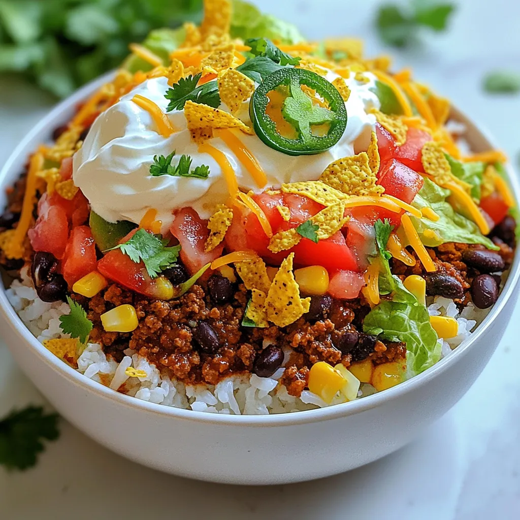 - 1 cup cooked white rice - 1 pound ground beef (or turkey) - 1 packet taco seasoning - 1 can (15 oz) black beans, drained and rinsed - 1 cup corn (frozen or canned) - 1 cup diced tomatoes (fresh or canned) - 1 cup shredded cheddar cheese - 1 cup lettuce, shredded - 1/2 cup sour cream - 1 cup Doritos (crushed, your choice of flavor) - 1 jalapeño, sliced (optional) - Fresh cilantro, for garnish This recipe serves four people. You can adjust the amounts for more or fewer servings. Each bowl includes a layer of rice, meat, cheese, and toppings. You can switch ground beef for turkey or even use plant-based meat. If you want less spice, skip the jalapeños. For a creamier texture, try Greek yogurt instead of sour cream. You can also use any cheese you like. If you want to add more veggies, consider bell peppers or avocado. {{ingredient_image_2}} First, grab a large skillet. Place your ground beef or turkey in it over medium heat. Cook until the meat is brown. Use a spatula to break it apart as it cooks. If there is too much fat, drain it carefully. Once browned, sprinkle the taco seasoning over the meat. Add 2/3 cup of water and stir well. Let this simmer for about 5 minutes. This step thickens the mixture and adds great flavor. While the meat simmers, take a large mixing bowl. Add the cooked white rice, drained black beans, corn, and diced tomatoes to the bowl. Mix everything together well. You want to make sure that each ingredient is evenly spread. This mixture will be the base for your taco rice bowl. Now it’s time to build your taco rice bowl! Start by layering the rice mixture at the bottom of your serving bowls. Next, spoon the seasoned meat over the rice, creating a nice second layer. Then, sprinkle shredded cheddar cheese on top. The heat from the meat will help it melt just a bit. After that, add a layer of shredded lettuce. Top it off with dollops of sour cream. If you enjoy a kick, add sliced jalapeños. Finally, finish with a handful of crushed Doritos for that crunchy touch. Garnish with fresh cilantro for color and flavor. Enjoy your delicious creation! To get the best meat for your Doritos Taco Rice Bowl, use fresh ground beef or turkey. Brown it well in a skillet over medium heat. Make sure to break it up with a spatula. This helps it cook evenly. Drain any extra fat to keep it lean. After that, add the taco seasoning and water. Let it simmer for five minutes to blend the flavors. This step makes the meat juicy and tasty. Flavor is key in a Taco Rice Bowl. To boost it, mix in the black beans, corn, and diced tomatoes with your cooked rice. This gives a nice base for your dish. You can also add spices like cumin or chili powder for extra kick. Fresh lime juice adds brightness. Don't forget to sprinkle fresh cilantro on top for a fresh touch. If you like heat, sliced jalapeños work great too. A great presentation makes your dish pop! Use clear bowls to show off the colorful layers. Start with the rice mixture as a base. Add the seasoned meat next. Top with cheddar cheese, lettuce, and sour cream. For crunch, finish with crushed Doritos. Garnish with cilantro for a nice look. Serve with a lime wedge on the side for a burst of flavor. This makes your Taco Rice Bowl not just tasty, but also beautiful! Pro Tips Use Leftover Rice: If you have leftover rice from a previous meal, this recipe is a great way to use it up, saving time and reducing waste. Customize Your Toppings: Feel free to add your favorite toppings like avocado, salsa, or different types of cheese to make the dish your own. Make it Vegetarian: Substitute the ground beef or turkey with a plant-based protein or mushrooms for a delicious vegetarian version. Adjust the Spice Level: Control the heat by adding more or fewer jalapeños, or by opting for a milder cheese if you're serving kids or those sensitive to spice. {{image_4}} You can easily make this dish vegetarian or vegan. Swap the ground beef for plant-based meat or sautéed mushrooms. Use black beans and corn as your protein source. For vegan cheese, try a nut-based option or skip it altogether. Instead of sour cream, use a vegan alternative like cashew cream or a dollop of guacamole. This way, you still get all the fun flavors without meat or dairy. If you want a different meat, you have options! Ground turkey or chicken works well in this dish. You can also use shredded rotisserie chicken for a quick fix. For a spicier kick, try chorizo or seasoned pork. Each meat brings its own flavor, making your Taco Rice Bowl unique every time. The toppings can change the whole vibe of the bowl. Top with diced avocado for creaminess. Use fresh salsa or pico de gallo for added zest. You can even add black olives or sliced radishes for crunch. If you love heat, consider jalapeños or hot sauce. The more toppings you add, the more fun your bowl becomes! After enjoying your Doritos Taco Rice Bowl, you can keep leftovers. Place the extra food in an airtight container. This helps keep it fresh. Store the container in the fridge. Your leftovers will last for about three to four days. Make sure to let the food cool down before sealing it. To reheat your leftovers, use the microwave. Place the bowl in the microwave for about one to two minutes. Stir halfway through to heat evenly. You can also use a skillet on low heat. This method keeps the texture nice. Add a splash of water if the rice seems dry. Heat until warm, stirring often. If you want to freeze your Taco Rice Bowl, start by cooling it first. Use freezer-safe containers for storage. Divide the food into portions to make it easy later. It can stay in the freezer for up to three months. When ready to eat it, thaw overnight in the fridge. Reheat it as mentioned above, and enjoy! Yes, you can use brown rice. Brown rice adds more fiber and nutrients. It will take longer to cook, so adjust your time. Cook it well before adding it to the bowl. The flavor is a bit nuttier than white rice. Many enjoy the added health benefits. I recommend serving this dish with: - Fresh guacamole - Salsa or pico de gallo - Corn tortilla chips - A light salad with lime dressing These sides pair well and add more flavor. They also bring a nice crunch and freshness to the meal. Yes, you can make it ahead. Prepare the meat and rice mixture in advance. Store them in separate containers in the fridge. This keeps the crunch of the Doritos fresh. You can assemble the bowls right before serving. This makes for an easy and quick meal. In this article, we explored how to make a delicious taco rice bowl. I covered the key ingredients, step-by-step cooking instructions, and some great tips to enhance your meal. You learned about variations for vegetarian options and different meat choices. Remember to store leftovers properly and follow the reheating tips for the best taste. This recipe is flexible and easy to adapt. Enjoy creating your perfect taco rice bowl that fits your taste!