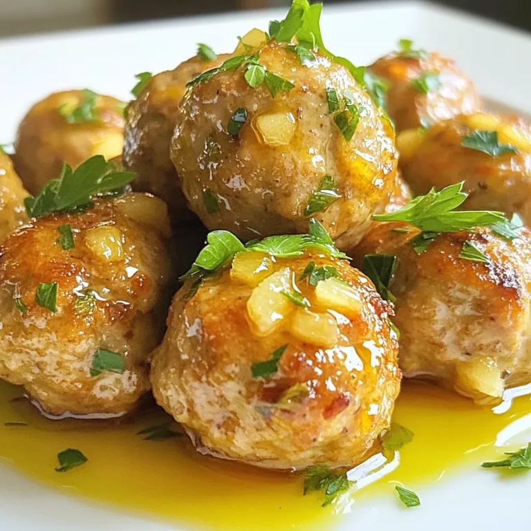 To make these tasty meatballs, gather these key ingredients: - 1 lb ground turkey - 1 small Granny Smith apple, grated - 1/4 cup whole wheat breadcrumbs - 1/4 cup grated Parmesan cheese - 1 egg, lightly beaten - 2 tablespoons fresh sage, finely chopped (or 1 tablespoon dried sage) - 2 cloves garlic, minced - 1 teaspoon onion powder - 1/2 teaspoon salt - 1/2 teaspoon freshly ground black pepper - 1/4 teaspoon red pepper flakes (optional) - Olive oil (for drizzling) - Fresh parsley, chopped (for garnish) These ingredients blend well to create a juicy and flavorful bite. The apple adds a nice tartness, while sage gives a warm, earthy note. You will need a few tools to make this recipe easy and fun: - Large mixing bowl - Baking sheet - Parchment paper - Grater for the apple - Measuring cups and spoons - Mixing spoon or your hands for combining Having these items ready helps the cooking process run smoothly. You can enjoy your time in the kitchen without any fuss. Want to spice things up a bit? Consider these optional ingredients: - Chopped onion for a sweeter taste - Fresh herbs like thyme or rosemary for added flavor - A splash of lemon juice for brightness These extras can elevate your meatballs. Feel free to mix and match to find your perfect flavor! {{ingredient_image_2}} To start, preheat your oven to 400°F (200°C). This ensures your meatballs cook evenly. Next, line a baking sheet with parchment paper. This step keeps the meatballs from sticking. In a large bowl, combine 1 pound of ground turkey and 1 small grated Granny Smith apple. The apple gives a nice tart flavor. Add 1/4 cup of whole wheat breadcrumbs and 1/4 cup of grated Parmesan cheese. Then, mix in 1 lightly beaten egg to bind everything together. Next, add 2 tablespoons of finely chopped fresh sage, 2 minced garlic cloves, 1 teaspoon of onion powder, 1/2 teaspoon of salt, and 1/2 teaspoon of black pepper. If you like heat, toss in 1/4 teaspoon of red pepper flakes. Mix everything well, but be careful not to overmix. Overmixing can lead to tough meatballs. After mixing, shape the mixture into small meatballs, about 1 to 1.5 inches wide. Place them on the baking sheet, leaving space between each one. Now it's time to bake! Drizzle a little olive oil over the meatballs. This helps them get crispy while cooking. Place the baking sheet in the oven and bake for 20-25 minutes. You want them golden brown and fully cooked. The ideal internal temperature is 165°F (75°C). Once they are done, take them out of the oven. Let the meatballs cool for a few minutes on the baking sheet. This helps them set before serving. To check if your meatballs are done, use a meat thermometer. Insert it into the center of a meatball. If it reads 165°F (75°C), they are ready to eat. If you don't have a thermometer, cut one in half. The center should no longer be pink. If it is still pink, return them to the oven for a few more minutes. Enjoy your tasty apple sage turkey meatballs! To keep your meatballs from falling apart, follow these steps: - Use ground turkey with some fat for moisture. - Add breadcrumbs to bind the meat. - Mix lightly, so the meat stays tender. - Form the meatballs gently without packing them too tight. When you bake them, avoid flipping them until they are done. This helps them hold their shape. For the best flavor, try these spice and herb combos: - Fresh sage pairs well with garlic for a savory taste. - Add thyme for earthiness. - Try rosemary for a fragrant touch. - A dash of red pepper flakes adds a nice kick. Feel free to mix and match spices. Experiment with flavors to find what you love. The cooking time changes based on meatball size: - For small meatballs (1 inch), bake for 15-20 minutes. - For medium meatballs (1.5 inches), bake for 20-25 minutes. - For large meatballs (2 inches), bake for 25-30 minutes. Always check for an internal temperature of 165°F. This ensures they are fully cooked and safe to eat. Pro Tips Use Fresh Sage: For the best flavor, always opt for fresh sage when possible. It adds a vibrant aroma and taste that dried sage simply can't match. Grate the Apple: Grating the apple instead of chopping it helps to distribute its moisture and flavor evenly throughout the meatball mixture. Don’t Overmix: Mix the ingredients just until combined. Overmixing can lead to tough meatballs. A gentle hand will keep them tender. Check for Doneness: Always use a meat thermometer to ensure your meatballs reach an internal temperature of 165°F (75°C) for safety and optimal juiciness. {{image_4}} You can swap the ground turkey for ground chicken or beef. Both options work well. Ground chicken offers a light taste, while beef brings a richer flavor. Adjust the cooking time if needed. Aim for the same internal temperature of 165°F. For a vegetarian take, use lentils or chickpeas. Mash cooked lentils and mix them with grated apple and herbs. You can also use plant-based ground meat. This will keep the texture and flavor. Add breadcrumbs and an egg, or a flaxseed mix, to bind the mixture. Change the apple variety for new flavors. Try Honeycrisp for sweetness or Fuji for a crisp bite. You can also swap sage for thyme or rosemary. These herbs bring a different taste while keeping the dish fresh. Experiment to find your favorite combination! To keep your leftover Apple Sage Turkey Meatballs fresh, place them in an airtight container. Make sure to let them cool down first. You can store them in the fridge for up to three days. If you want to enjoy them later, freezing is a great option. When freezing meatballs, use a baking sheet to freeze them first. Place the meatballs on the sheet in a single layer. Put the sheet in the freezer for about two hours. After they freeze, move the meatballs to a freezer-safe bag. They can last up to three months in the freezer. To reheat the meatballs, you have a few choices. You can use the oven for the best texture. Preheat your oven to 350°F (175°C). Place the meatballs on a baking sheet and heat for about 15-20 minutes. You can also use the microwave if you're in a hurry. Heat them in short bursts, checking often to avoid overcooking. Enjoy your tasty meatballs! Yes, you can make these meatballs ahead of time. Simply prepare the meatballs as outlined in the recipe. Then, store them in the fridge for up to 24 hours before baking. This way, the flavors can blend nicely. If you want to keep them longer, consider freezing them. Place uncooked meatballs in a single layer on a baking sheet. Once frozen, transfer them to a freezer bag. They will stay fresh for up to three months. When ready to cook, bake them from frozen, adding a few extra minutes to the cooking time. These meatballs are very versatile. You can pair them with a variety of sauces. Some great options include: - Tomato sauce for a classic touch. - Honey mustard for a sweet and tangy flavor. - BBQ sauce for a smoky kick. - A creamy ranch dip for a cool contrast. You can also try a simple drizzle of balsamic glaze for a gourmet twist. Each sauce adds its own unique taste, making your meal exciting. These meatballs are not gluten-free as they contain whole wheat breadcrumbs. However, you can easily make them gluten-free. Substitute the whole wheat breadcrumbs with gluten-free breadcrumbs or ground oats. Use certified gluten-free products to ensure safety. This way, everyone can enjoy the meatballs without worry. This blog post covered how to make Apple Sage Turkey Meatballs. We went through important ingredients, tools, and ways to add flavor. I shared step-by-step instructions, tips to avoid falling apart, and variations for different diets. We also discussed storage and reheating to keep meatballs fresh. In closing, these meatballs are easy to make and fun to enjoy. Try them out and get creative with flavors!
