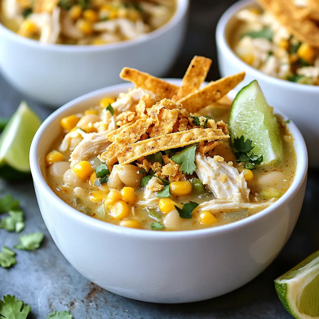 - 2 cups shredded cooked chicken - 1 can (15 oz) white beans, drained and rinsed - 1 can (15 oz) corn kernels, drained - 1 small red onion, finely diced - 2 cloves garlic, minced In this chili, shredded cooked chicken gives a great protein base. White beans add creaminess and fiber. Corn kernels bring sweetness and crunch. The red onion adds a nice bite, while garlic packs in flavor. - 1 teaspoon ground cumin - 1 teaspoon chili powder - ½ teaspoon smoked paprika - 1 teaspoon salt - ½ teaspoon freshly ground black pepper Spices are key in this recipe. Ground cumin gives a warm, earthy flavor. Chili powder adds heat and depth. Smoked paprika gives a subtle smokiness. Salt and black pepper enhance all the flavors. - 1 cup heavy cream - 1 cup cojita cheese, crumbled - 2 tablespoons fresh cilantro, finely chopped - Juice of 1 lime - Tortilla strips for garnish Heavy cream makes the chili rich and smooth. Cojita cheese adds a salty, crumbly texture. Fresh cilantro brings brightness. Lime juice adds a zesty kick, and tortilla strips provide a delicious crunch. Together, these ingredients create a delightful and satisfying dish. {{ingredient_image_2}} 1. Warm one tablespoon of olive oil in a large pot over medium heat. 2. Add one small diced red onion and sauté for three to four minutes. The onion should become soft and clear. 3. Next, mix in two minced garlic cloves and cook for one minute. Stir until you smell the garlic. 4. Carefully add two cups of shredded cooked chicken, one can of drained corn, and one can of drained white beans. 1. Pour in four cups of chicken broth, one teaspoon of ground cumin, one teaspoon of chili powder, half a teaspoon of smoked paprika, one teaspoon of salt, and half a teaspoon of black pepper. Stir to combine. 2. Bring the mixture to a boil. Once boiling, lower the heat and let it simmer uncovered for fifteen minutes. This helps all the flavors blend well. 3. After simmering, stir in one cup of heavy cream and the juice of one lime. Simmer for another five minutes to heat through. 4. Serve the chili in bowls. Top with crumbled cojita cheese, fresh cilantro, and crispy tortilla strips for a fun crunch. - Use homemade chicken broth. It adds depth and richness to your chili. - Adjust spice levels to taste. If you like heat, add more chili powder or fresh peppers. - This chili pairs well with crunchy tortilla chips or warm cornbread. - For a beautiful look, serve in deep bowls. Add extra lime wedges on the side. A sprinkle of fresh cilantro on top adds color and flavor. - Be careful not to overcook the cream. Add it at the end to keep it silky. - Always season properly. Taste as you cook to balance flavors. Pro Tips Use Fresh Ingredients: Always opt for fresh corn and herbs if possible. This enhances the overall flavor and texture of the chili. Adjust the Spice Level: Feel free to increase or decrease the chili powder and smoked paprika according to your heat preference. You can also add diced jalapeños for an extra kick! Make it Ahead: This chili tastes even better the next day! Prepare it in advance and store it in the fridge to allow the flavors to deepen overnight. Garnish Creatively: Experiment with different toppings like avocado slices, sour cream, or hot sauce to personalize each bowl and add more flavor dimensions. {{image_4}} You can easily change the beans in this chili. Try using black beans or pinto beans instead of white beans. Each type adds its unique touch. If you want a twist, swap the chicken for turkey. Tofu works too for a vegetarian option. Just make sure to use firm tofu for the best texture. Want to spice things up? Add jalapeños for some heat. You can chop them fine or leave them in slices for a bigger kick. Incorporating more veggies can also enhance this dish. Bell peppers or zucchini work well. They add color and nutrition, making the chili even better. If you're gluten-free, check your broth. Some brands add gluten. Use a gluten-free broth to keep this dish safe. For dairy-free options, skip the heavy cream. You can use coconut milk instead. It keeps the chili creamy while adding a nice flavor twist. To store leftovers, place your chili in an airtight container. Make sure to cool it first. You can keep it in the fridge for up to three days. When you're ready to enjoy it again, simply reheat it on the stove over medium heat. Stir often to avoid sticking. You can also microwave it in a bowl for quick reheating. Just cover the bowl to prevent splatters. If you want to keep your chili longer, freezing is a great option. Pour the cooled chili into freezer-safe bags or containers. Leave some space at the top, as liquids expand when frozen. Label the bags with the date. This way, you will know when to use it. To defrost, place it in the fridge overnight. You can also use the microwave for quicker defrosting. Just set it on low and check every few minutes. In the fridge, your chili lasts about three days. If you freeze it, it can last up to three months. For best taste, eat it sooner rather than later. Always check for any off smells or changes in texture before using. This will ensure you enjoy every bite of your delicious Mexican Street Corn White Chicken Chili. Yes, you can make this chili in a slow cooker. First, sauté the onions and garlic in olive oil on the stove. Then, add all the other ingredients to the slow cooker. Set it on low for 6 to 8 hours or high for 3 to 4 hours. This method lets the flavors blend well. This recipe is great for meal prep. You can cook the chili ahead of time and store it in the fridge. It keeps well for up to 4 days. To prep, chop the onions and garlic a day before. Measure out spices and store them in small containers. This saves time on busy days. You can easily boost the protein in this chili. Here are some ideas: - Add a can of black beans or pinto beans for more fiber and protein. - Toss in diced chicken sausage for a smoky flavor. - Use cooked lentils for a plant-based option. - If you like beef, add ground beef or turkey. These options will make your chili heartier and more filling. This blog post highlights how to make a delicious chicken chili. We covered the key ingredients, from shredded chicken to spices. I shared easy prep steps to guide your cooking. You learned flavor tips and common mistakes to avoid. We discussed variations to suit different diets. Lastly, I provided storage suggestions to keep your chili fresh. Enjoy creating this dish; it brings warmth and flavor to your table. Experiment and make it your own!