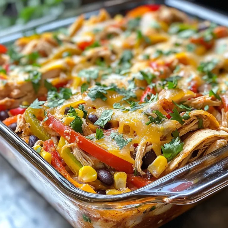 To make a tasty Chicken Fajita Casserole, you will need: - 2 cups cooked chicken, shredded - 1 red bell pepper, thinly sliced - 1 green bell pepper, thinly sliced - 1 large onion, thinly sliced - 1 can (15 oz) black beans, drained and rinsed - 1 cup corn kernels (can be fresh, frozen, or canned) - 1 teaspoon chili powder - 1 teaspoon ground cumin - 1 teaspoon smoked paprika - 1/2 teaspoon garlic powder - 1/2 teaspoon onion powder - 1/4 teaspoon freshly ground black pepper - 1 cup salsa (choose mild or hot based on your preference) - 2 cups shredded cheese (cheddar or a Mexican blend) - 6 small tortillas, cut into wedges - Fresh cilantro, chopped (for garnish, optional) If you can't find an ingredient, here are some substitutes: - Chicken: Use shredded rotisserie chicken or leftover cooked chicken. - Bell Peppers: Swap with any color bell pepper you like. - Black Beans: Pinto beans or kidney beans work well too. - Corn: Use frozen corn for convenience or fresh corn when in season. - Salsa: Homemade salsa or your favorite brand will work. - Cheese: Try pepper jack for a spicy kick or a dairy-free cheese for a vegan option. - Tortillas: Use corn tortillas for a gluten-free option. Here are some brands I trust for these ingredients: - Chicken: Look for organic, free-range chicken for better flavor. - Bell Peppers: Choose firm, bright peppers for the best taste. - Black Beans: I recommend Goya for canned beans; they have good flavor. - Salsa: Pace or Newman’s Own offer tasty options. - Cheese: Cabot or Tillamook for sharp cheddar; both melt well. - Tortillas: Mission or La Banderita tortillas are reliable choices. With these ingredients, your Chicken Fajita Casserole will be hearty and full of flavor! Enjoy the cooking process and feel free to mix in your favorite flavors. {{ingredient_image_2}} Start by preheating your oven to 375°F (190°C). This step is key for even baking. In a large bowl, mix the cooked, shredded chicken with the sliced red and green bell peppers, onion, black beans, and corn. Add the spices: chili powder, cumin, smoked paprika, garlic powder, onion powder, and black pepper. Stir well to combine all the flavors. Grab a 9x13-inch baking dish. Place half of the tortilla wedges evenly at the bottom. This creates a nice base. Spread half of the chicken mixture on top of the tortillas. Next, add half of the salsa, followed by a third of the shredded cheese. Repeat the layers: more tortilla wedges, the rest of the chicken mixture, the remaining salsa, and finish with the last of the cheese. Cover the dish loosely with aluminum foil. This helps prevent the cheese from burning. Place it in the preheated oven and bake for 25 minutes. After that, remove the foil and bake for another 15 minutes. You want the cheese to be bubbly and golden. Once done, let it cool for about 5-10 minutes. This helps the layers set better. If you like, add chopped cilantro on top for some fresh flavor. To make your Chicken Fajita Casserole shine, follow these tips: - Use fresh ingredients: Fresh bell peppers and onions give great flavor. - Layer wisely: Spread the layers evenly for better cooking. - Add cheese wisely: Use a mix of cheddar and Mexican cheese for depth. - Taste as you go: Adjust spices to fit your family’s taste. - Cover for the first part: Use foil to keep the cheese from burning. Here are some mistakes that can ruin your casserole: - Overcrowding the dish: Too many ingredients can make it soggy. - Skipping the cooling time: Letting it cool helps set the layers. - Not preheating the oven: A hot oven ensures even baking. - Using stale tortillas: Fresh tortillas hold better and taste better too. Garnishing adds flair to your dish. Here are some fun ideas: - Fresh cilantro: Sprinkle it on top for a fresh touch. - Sour cream: A dollop adds creaminess and balances spice. - Avocado slices: They bring a smooth texture and rich flavor. - Lime wedges: A squeeze of lime can brighten the whole dish. Remember, these simple tips can elevate your Chicken Fajita Casserole and make it a family favorite! Pro Tips Choose the Right Cheese: Opt for a blend of cheeses like cheddar and Monterey Jack for a rich flavor and creamy texture. Layer for Flavor: Ensure even distribution of ingredients by layering them properly; this enhances the overall taste. Make It Spicy: If you enjoy heat, consider adding sliced jalapeños or a dash of hot sauce to the mixture for an extra kick. Rest Before Serving: Allow the casserole to rest for 5-10 minutes after baking to help the layers set, making it easier to serve. {{image_4}} You can easily turn this dish into a vegetarian delight. Swap the chicken for extra veggies. Use a mix of mushrooms, zucchini, and more bell peppers. For more protein, add extra black beans or chickpeas. You can also use tofu or tempeh for a hearty texture. These swaps keep the flavors bold and satisfying. If you love heat, add jalapeños or diced green chilies. Mix them into the chicken and veggie blend for a spicy kick. You can also use hot salsa instead of mild. Add a pinch of cayenne pepper to the spice mix for extra warmth. This way, you can adjust the spice level to fit your family's taste. For a different twist, try using ground turkey or beef. These proteins work well in the casserole. You can also go for shredded pork or even fish like tilapia. Each option brings a unique flavor to the dish. Adjust the cooking time if needed to ensure everything is cooked through. To store your Chicken Fajita Casserole, first let it cool. Then, cover it tightly with plastic wrap or aluminum foil. You can also use an airtight container. Store it in the fridge for up to three days. This keeps the flavors fresh and your meal safe to eat. If you want to freeze the casserole, follow these steps. First, let it cool completely. Cut it into single servings for easy thawing. Wrap each piece in plastic wrap, then place them in a freezer-safe bag. Label the bag with the date. You can freeze it for up to three months. Reheating is easy and quick. If the casserole is frozen, thaw it overnight in the fridge. To reheat, place it in the oven at 350°F (175°C) for about 20 minutes. If you prefer the microwave, heat it in short bursts, stirring in between. Make sure it’s hot all the way through before serving. Enjoy your warm and tasty meal! Yes, you can prepare this casserole ahead of time. Assemble it a day before serving. Cover it tightly with plastic wrap or foil and store it in the fridge. When you are ready to bake, remove the wrap and bake it straight from the fridge. Add a few extra minutes to the baking time. This lets the flavors meld nicely overnight. Several sides pair well with Chicken Fajita Casserole. Here are some tasty options: - Spanish rice: The flavors of rice match well with the casserole. - Guacamole: Creamy and fresh, it adds a nice touch. - Refried beans: A classic side that complements the dish. - Corn salad: A light and refreshing option. - Chips and salsa: Perfect for dipping and adds crunch. Making Chicken Fajita Casserole dairy-free is simple. Here are a few swaps: - Use dairy-free cheese shreds. Many brands offer great options. - Swap regular tortillas for dairy-free tortillas. Most corn tortillas are dairy-free. - Replace sour cream with dairy-free yogurt or avocado. This keeps it creamy without dairy. You learned about the key ingredients for a Chicken Fajita Casserole and their substitutes. I shared tips for preparing, baking, and perfecting your dish while avoiding common mistakes. I also provided ideas for variations, storage recommendations, and answered common questions. This recipe is not just easy; it is fun to make. You can enjoy it in many ways, so get cooking and share with friends. Happy casserole making!