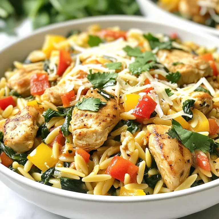 To make Monterey Chicken Orzo Skillet, you need fresh ingredients. Here’s the list: - 2 boneless, skinless chicken breasts, cut into bite-sized pieces - 1 cup orzo pasta - 1 cup Monterey Jack cheese, shredded - 1 bell pepper (red or green), diced - 1 small onion, finely chopped - 2 cloves garlic, minced - 1 cup fresh spinach, chopped - 2 cups low-sodium chicken broth - 1 teaspoon smoked paprika - ½ teaspoon ground cumin - Salt and pepper to taste - 2 tablespoons olive oil - Fresh cilantro or parsley, chopped, for garnish Each ingredient adds flavor and texture to your dish. The chicken gives protein, while orzo adds a nice bite. The cheese melts beautifully for a creamy finish. Bell peppers and onions add sweetness and crunch. Garlic packs a punch of flavor, and spinach brings color and nutrition. Using low-sodium broth helps control the salt in the dish, making it healthier. Spices like smoked paprika and cumin give it warmth and depth. Finally, fresh herbs like cilantro or parsley brighten up the meal. Gather these items before you start cooking. It makes the process smoother and more enjoyable. Happy cooking! {{ingredient_image_2}} Start by heating 2 tablespoons of olive oil in a large skillet over medium heat. When the oil is hot, add 1 finely chopped onion and 1 diced bell pepper. Sauté these for about 3-4 minutes until the onion turns translucent and the veggies soften. Next, stir in 2 minced garlic cloves. Cook for about 1 more minute until the garlic smells nice but does not burn. Now, take 2 boneless, skinless chicken breasts cut into bite-sized pieces. In a bowl, season the chicken with 1 teaspoon of smoked paprika, ½ teaspoon of ground cumin, salt, and pepper. Increase the skillet heat to medium-high and add the seasoned chicken. Cook it for about 5-6 minutes, stirring often, until the chicken turns golden brown. Carefully pour in 2 cups of low-sodium chicken broth. This will help the dish simmer nicely. Once it simmers, add 1 cup of orzo pasta, stirring well to mix. Lower the heat to medium-low, cover the skillet, and let it cook for 10-12 minutes. Stir it now and then to stop the orzo from sticking. After cooking, fold in 1 cup of chopped fresh spinach. The heat will wilt the spinach quickly. Then, sprinkle 1 cup of shredded Monterey Jack cheese evenly over the dish. Cover the skillet for about 1 minute to let the cheese melt and bubble. Once done, take the skillet off the heat and let it sit for a few minutes. For serving, you can keep it rustic by serving directly from the skillet. You can also portion it into bowls to show off the melted cheese. A slice of crusty bread on the side makes a great addition! Finally, garnish the dish with fresh cilantro or parsley for a nice touch. - To ensure chicken is cooked through, use a meat thermometer. The chicken should reach 165°F. This helps keep it safe and juicy. - For avoiding clumping of orzo, stir it often while cooking. This keeps it separate and helps it cook evenly. - To boost flavor, try adding Italian herbs like oregano or basil. These spices add depth to your dish. - If you want cheese alternatives, consider using cheddar or gouda. Each brings a unique flavor to the skillet. - Side dishes that work well include a simple green salad or roasted vegetables. These sides add freshness and balance to your meal. - For beverages, pair this dish with a light white wine or sparkling water. Both options enhance the meal without overpowering it. Pro Tips Use High-Quality Chicken: Opt for organic or free-range chicken for better flavor and texture in your dish. Customize the Vegetables: Add your favorite vegetables like zucchini or mushrooms for extra nutrition and flavor. Perfect Cheese Melting: For the best melt, grate your Monterey Jack cheese fresh from the block instead of using pre-shredded cheese. Leftover Storage: Store any leftovers in an airtight container in the refrigerator for up to 3 days, and reheat gently on the stove. {{image_4}} You can easily switch proteins in this dish. Try shrimp for a seafood twist. If you want a plant-based option, tofu works well too. Both will absorb the flavors nicely. You can also mix up the veggies. Add zucchini, mushrooms, or even corn for a new taste. Each swap adds a fresh twist to your meal. If you need gluten-free options, use gluten-free orzo. Many brands offer this choice. You can also swap out the chicken broth for vegetable broth to keep it plant-based. For dairy-free alternatives, try using a dairy-free cheese. Nutritional yeast can also give a cheesy flavor without dairy. For an oven-baked version, preheat your oven to 350°F. You can cook the skillet mix on the stove, then transfer it to a baking dish. Top with cheese and bake until bubbly. If you have an Instant Pot, you can make it there too. Sauté the veggies and chicken first, then add orzo and broth. Cook on high pressure for 5 minutes, and your meal is ready in no time! To store leftovers, let the skillet cool first. Then, place the dish in an airtight container. Divide the meal into smaller portions for easy access. This makes it easier to grab a quick meal later. Use glass or plastic containers that seal well to keep food fresh. For the best results when reheating, use the stovetop. Place the leftover meal in a skillet over medium heat. Add a splash of chicken broth or water to help the orzo stay moist. Stir often until heated through. You can also use the microwave if you’re in a hurry. Just cover the bowl with a lid or a damp paper towel to keep moisture in. If you want to freeze it, let the meal cool completely first. Transfer the cooled dish to freezer-safe bags or containers. You can freeze it for up to three months. When ready to eat, thaw it in the fridge overnight before reheating. In the fridge, leftovers will last about three to four days. Check for signs of spoilage, like an off smell or mold. If the dish looks or smells bad, it's best to throw it away. Always trust your nose and eyes when it comes to food safety. Can I use regular pasta instead of orzo? Yes, you can use regular pasta. Choose a small type like macaroni or penne. Just remember, cooking times may differ. Keep an eye on the pasta as it cooks. What can I substitute for Monterey Jack cheese? You can use cheddar or mozzarella. Both melt well and taste great. Try different cheeses to find your favorite mix. How long does it take to cook the orzo? Cooking the orzo takes about 10 to 12 minutes. Stir it a few times to prevent sticking. Check for tenderness before serving. How can I tell if the chicken is done? Cut into the chicken and check the center. It should be white and no longer pink. You can also use a meat thermometer. Aim for 165°F for safety. Is smoked paprika essential for flavor? Smoked paprika adds a nice depth. If you don’t have it, try regular paprika or a pinch of cayenne for some heat. Can I add other vegetables to the skillet? Absolutely! You can add zucchini, mushrooms, or peas. Just chop them small so they cook quickly. This makes the dish even more colorful and tasty. This blog post covered a delicious skillet dish featuring chicken, orzo, and fresh veggies. We explored simple steps for cooking and serving this hearty meal. Tips and variations add spice and fun to your cooking. Remember, you can swap ingredients based on your taste. With easy storage ideas, you can enjoy leftovers without hassle. Cooking should be enjoyable, so try new flavors and methods. I hope you feel inspired to create this dish and make it your own!