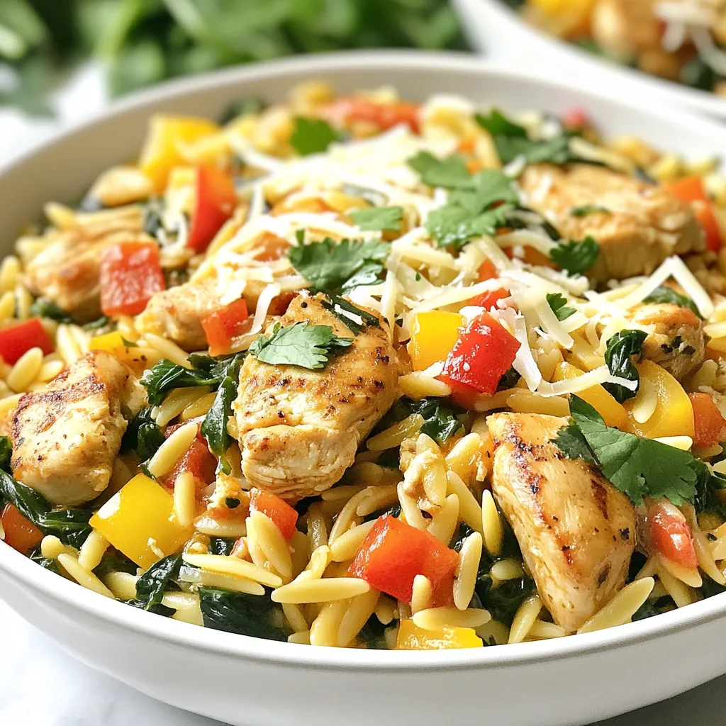 To make Monterey Chicken Orzo Skillet, you need fresh ingredients. Here’s the list: - 2 boneless, skinless chicken breasts, cut into bite-sized pieces - 1 cup orzo pasta - 1 cup Monterey Jack cheese, shredded - 1 bell pepper (red or green), diced - 1 small onion, finely chopped - 2 cloves garlic, minced - 1 cup fresh spinach, chopped - 2 cups low-sodium chicken broth - 1 teaspoon smoked paprika - ½ teaspoon ground cumin - Salt and pepper to taste - 2 tablespoons olive oil - Fresh cilantro or parsley, chopped, for garnish Each ingredient adds flavor and texture to your dish. The chicken gives protein, while orzo adds a nice bite. The cheese melts beautifully for a creamy finish. Bell peppers and onions add sweetness and crunch. Garlic packs a punch of flavor, and spinach brings color and nutrition. Using low-sodium broth helps control the salt in the dish, making it healthier. Spices like smoked paprika and cumin give it warmth and depth. Finally, fresh herbs like cilantro or parsley brighten up the meal. Gather these items before you start cooking. It makes the process smoother and more enjoyable. Happy cooking! {{ingredient_image_2}} Start by heating 2 tablespoons of olive oil in a large skillet over medium heat. When the oil is hot, add 1 finely chopped onion and 1 diced bell pepper. Sauté these for about 3-4 minutes until the onion turns translucent and the veggies soften. Next, stir in 2 minced garlic cloves. Cook for about 1 more minute until the garlic smells nice but does not burn. Now, take 2 boneless, skinless chicken breasts cut into bite-sized pieces. In a bowl, season the chicken with 1 teaspoon of smoked paprika, ½ teaspoon of ground cumin, salt, and pepper. Increase the skillet heat to medium-high and add the seasoned chicken. Cook it for about 5-6 minutes, stirring often, until the chicken turns golden brown. Carefully pour in 2 cups of low-sodium chicken broth. This will help the dish simmer nicely. Once it simmers, add 1 cup of orzo pasta, stirring well to mix. Lower the heat to medium-low, cover the skillet, and let it cook for 10-12 minutes. Stir it now and then to stop the orzo from sticking. After cooking, fold in 1 cup of chopped fresh spinach. The heat will wilt the spinach quickly. Then, sprinkle 1 cup of shredded Monterey Jack cheese evenly over the dish. Cover the skillet for about 1 minute to let the cheese melt and bubble. Once done, take the skillet off the heat and let it sit for a few minutes. For serving, you can keep it rustic by serving directly from the skillet. You can also portion it into bowls to show off the melted cheese. A slice of crusty bread on the side makes a great addition! Finally, garnish the dish with fresh cilantro or parsley for a nice touch. - To ensure chicken is cooked through, use a meat thermometer. The chicken should reach 165°F. This helps keep it safe and juicy. - For avoiding clumping of orzo, stir it often while cooking. This keeps it separate and helps it cook evenly. - To boost flavor, try adding Italian herbs like oregano or basil. These spices add depth to your dish. - If you want cheese alternatives, consider using cheddar or gouda. Each brings a unique flavor to the skillet. - Side dishes that work well include a simple green salad or roasted vegetables. These sides add freshness and balance to your meal. - For beverages, pair this dish with a light white wine or sparkling water. Both options enhance the meal without overpowering it. Pro Tips Use High-Quality Chicken: Opt for organic or free-range chicken for better flavor and texture in your dish. Customize the Vegetables: Add your favorite vegetables like zucchini or mushrooms for extra nutrition and flavor. Perfect Cheese Melting: For the best melt, grate your Monterey Jack cheese fresh from the block instead of using pre-shredded cheese. Leftover Storage: Store any leftovers in an airtight container in the refrigerator for up to 3 days, and reheat gently on the stove. {{image_4}} You can easily switch proteins in this dish. Try shrimp for a seafood twist. If you want a plant-based option, tofu works well too. Both will absorb the flavors nicely. You can also mix up the veggies. Add zucchini, mushrooms, or even corn for a new taste. Each swap adds a fresh twist to your meal. If you need gluten-free options, use gluten-free orzo. Many brands offer this choice. You can also swap out the chicken broth for vegetable broth to keep it plant-based. For dairy-free alternatives, try using a dairy-free cheese. Nutritional yeast can also give a cheesy flavor without dairy. For an oven-baked version, preheat your oven to 350°F. You can cook the skillet mix on the stove, then transfer it to a baking dish. Top with cheese and bake until bubbly. If you have an Instant Pot, you can make it there too. Sauté the veggies and chicken first, then add orzo and broth. Cook on high pressure for 5 minutes, and your meal is ready in no time! To store leftovers, let the skillet cool first. Then, place the dish in an airtight container. Divide the meal into smaller portions for easy access. This makes it easier to grab a quick meal later. Use glass or plastic containers that seal well to keep food fresh. For the best results when reheating, use the stovetop. Place the leftover meal in a skillet over medium heat. Add a splash of chicken broth or water to help the orzo stay moist. Stir often until heated through. You can also use the microwave if you’re in a hurry. Just cover the bowl with a lid or a damp paper towel to keep moisture in. If you want to freeze it, let the meal cool completely first. Transfer the cooled dish to freezer-safe bags or containers. You can freeze it for up to three months. When ready to eat, thaw it in the fridge overnight before reheating. In the fridge, leftovers will last about three to four days. Check for signs of spoilage, like an off smell or mold. If the dish looks or smells bad, it's best to throw it away. Always trust your nose and eyes when it comes to food safety. Can I use regular pasta instead of orzo? Yes, you can use regular pasta. Choose a small type like macaroni or penne. Just remember, cooking times may differ. Keep an eye on the pasta as it cooks. What can I substitute for Monterey Jack cheese? You can use cheddar or mozzarella. Both melt well and taste great. Try different cheeses to find your favorite mix. How long does it take to cook the orzo? Cooking the orzo takes about 10 to 12 minutes. Stir it a few times to prevent sticking. Check for tenderness before serving. How can I tell if the chicken is done? Cut into the chicken and check the center. It should be white and no longer pink. You can also use a meat thermometer. Aim for 165°F for safety. Is smoked paprika essential for flavor? Smoked paprika adds a nice depth. If you don’t have it, try regular paprika or a pinch of cayenne for some heat. Can I add other vegetables to the skillet? Absolutely! You can add zucchini, mushrooms, or peas. Just chop them small so they cook quickly. This makes the dish even more colorful and tasty. This blog post covered a delicious skillet dish featuring chicken, orzo, and fresh veggies. We explored simple steps for cooking and serving this hearty meal. Tips and variations add spice and fun to your cooking. Remember, you can swap ingredients based on your taste. With easy storage ideas, you can enjoy leftovers without hassle. Cooking should be enjoyable, so try new flavors and methods. I hope you feel inspired to create this dish and make it your own!