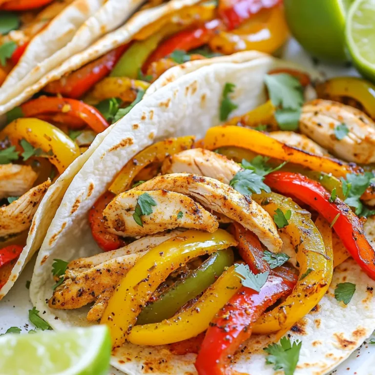 For delicious chicken fajitas, you will need a few key ingredients: - 1 lb boneless, skinless chicken breasts, thinly sliced - 1 red bell pepper, sliced into thin strips - 1 green bell pepper, sliced into thin strips - 1 yellow onion, sliced into thin wedges - 3 tablespoons extra virgin olive oil - 2 tablespoons fajita seasoning (store-bought or homemade blend) - Juice of 1 lime - Salt and freshly ground black pepper, to taste - Fresh cilantro, finely chopped (for garnish) - Flour or corn tortillas, for serving - Optional toppings: sour cream and sliced avocado These ingredients come together quickly and create a colorful dish that is full of flavor. The chicken and veggies roast nicely, making each bite satisfying. You can choose between store-bought seasoning or make your own. Store-bought is quick and easy but may have added preservatives. If you make your own, you can control the flavors. A simple blend can include: - Chili powder - Cumin - Garlic powder - Onion powder - Paprika - Salt and pepper Mix these spices together for a fresh taste. I enjoy the homemade blend, as it brings out more flavor. When it comes to tortillas, you have options! Flour tortillas are soft and chewy, making them great for wrapping. Corn tortillas are gluten-free and have a nice, earthy flavor. For a twist, try using whole wheat tortillas for added fiber. Each type complements the fajitas well, so choose what you prefer. {{ingredient_image_2}} Start by preheating your oven to 425°F (220°C). This step is key for perfect roasting. A hot oven helps the chicken cook evenly and the veggies to caramelize. In a large bowl, combine 1 pound of thinly sliced chicken, 1 red bell pepper, 1 green bell pepper, and 1 yellow onion. Cut the peppers into thin strips and the onion into wedges. Drizzle 3 tablespoons of olive oil over the mixture. Add 2 tablespoons of fajita seasoning, the juice of 1 lime, and salt and pepper to taste. Toss everything well so all ingredients are coated. This ensures each bite bursts with flavor. Spread the chicken and vegetable mix evenly on a large sheet pan. Place the pan in your preheated oven. Bake for about 20 minutes. At the halfway mark, stir the mixture gently for even cooking. The chicken should be fully cooked, and the veggies should be tender when done. Once finished, remove the pan and let it rest for a few minutes. This resting time helps the flavors combine. Serve the warm mix on tortillas and enjoy! To get great flavor in your fajitas, use fresh ingredients. Fresh bell peppers and onions make a big difference. When you slice them thin, they cook evenly. Use good quality olive oil for richness. The lime juice adds a bright taste. Make sure to coat your chicken and veggies well in the seasoning. You can even let them marinate for 30 minutes before cooking. This helps the flavors blend better. If you have leftover fajitas, store them in an airtight container. Keep them in the fridge for up to three days. To reheat, use a skillet on low heat. This helps keep the chicken juicy and the veggies crisp. You can also microwave them for quick meals. Just cover them with a damp paper towel to keep moisture. For a fun presentation, use a large platter. Place the chicken and veggies in the center. Arrange tortillas around the edge. This lets everyone build their own fajita. Add a bowl of chopped cilantro and a lime wedge for color. If you have sour cream and avocado, serve them on the side. It makes for a tasty and inviting meal! Pro Tips Slice Evenly: Ensure that your chicken and vegetables are sliced into uniform pieces for even cooking. This helps everything to roast at the same rate and improves texture. Marinate for Flavor: For an extra flavor boost, consider marinating the chicken in the fajita seasoning and lime juice for at least 30 minutes before cooking. This will enhance the taste significantly. Use Fresh Ingredients: Fresh bell peppers and onions not only taste better but also bring vibrant colors to your dish. Look for firm, brightly colored produce for the best results. Customize Your Toppings: Get creative with your toppings! Try adding pickled jalapeños, diced tomatoes, or shredded cheese to your fajitas for extra flavor and texture. {{image_4}} You can easily make this dish vegetarian or vegan. Instead of chicken, use mushrooms or tofu. These options soak up flavors well. Just slice them thinly like chicken. Add the same veggies—red, green peppers, and onions. Use the same olive oil and fajita seasoning. Cook it the same way for a tasty meal. To change the heat level, add more or less fajita seasoning. If you like it mild, reduce the seasoning. For a spicy kick, add jalapeños or chili powder. Mix these into the chicken or veggie mix. This way, you control how hot it gets. You can also serve hot sauce on the side for those who want more heat. Toppings can really change how fajitas taste. Besides sour cream and avocado, try shredded cheese or fresh salsa. Guacamole adds creaminess and flavor. You can also offer chopped tomatoes and lettuce. These toppings add color and crunch. Arrange them on a tray for a fun taco bar. Let everyone build their own fajitas! To keep your fajitas fresh, let them cool first. Then, place them in an airtight container. Store the chicken and veggies separately from the tortillas. This will help keep them from getting soggy. You can keep them in the fridge for up to three days. When you're ready to eat, just take them out and enjoy! If you want to save some fajitas for later, freezing is a great option. First, cool the chicken and veggies completely. Next, pack them in a freezer-safe bag or container. Squeeze out as much air as you can. You can freeze them for up to three months. When you're ready to eat, defrost them in the fridge overnight. This keeps the flavors intact. To reheat your fajitas, use the oven for the best results. Preheat your oven to 350°F (175°C). Spread the chicken and veggies on a baking sheet. Heat them for about 10-15 minutes until hot. If you want to heat the tortillas, wrap them in foil and add them to the oven for the last five minutes. This way, everything stays nice and tasty! You bake chicken fajitas for about 20 minutes at 425°F (220°C). This high heat helps to cook the chicken and veggies quickly. Halfway through, stir the mixture gently. This ensures even cooking and browning. Yes, you can use other proteins. Try beef, shrimp, or tofu for a twist. Each protein cooks slightly differently. Adjust baking time as needed. For beef, slice it thin for quick cooking. Shrimp cooks faster, so check after 10 minutes. Tofu adds a creamy texture when roasted. The best toppings for chicken fajitas include sour cream and sliced avocado. Fresh cilantro adds a nice touch. You can also add salsa for a burst of flavor. Lime wedges are great for squeezing over your fajitas. Each topping adds a unique taste that enhances your meal! In this post, we explored how to make chicken fajitas from start to finish. We covered key ingredients, cooking steps, and tips for the best flavor. You can choose store-bought or homemade seasoning and pick your favorite tortillas. Remember, storing and reheating is easy if you follow the tips given. You can even try different proteins or spice levels to make it your own. Enjoy your fajitas, and don’t hesitate to experiment with variations and toppings!