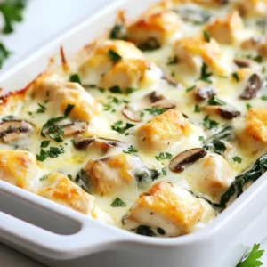 - 2 large chicken breasts, cut into bite-sized cubes - 2 cups fresh spinach, roughly chopped - 1 cup mushrooms, sliced (cremini or button mushrooms work best) - 1 cup cream cheese, softened - 1/2 cup shredded mozzarella cheese, plus extra for topping These main ingredients create a great base for our dish. The chicken gives protein, and the spinach adds nutrients. Mushrooms bring a nice texture and flavor. Cream cheese and mozzarella make it creamy and cheesy. - 1/2 teaspoon garlic powder - 1/2 teaspoon onion powder - 1/4 teaspoon black pepper - 1/4 teaspoon red pepper flakes (optional, for some heat) These seasonings add flavor. Garlic and onion powders bring depth. Black pepper enhances the taste, while red pepper flakes give a little kick if you like heat. - 2 tablespoons olive oil - Salt to taste Olive oil is key for cooking the chicken. Salt brings out the flavors in all ingredients. Use these essentials to make your dish pop. {{ingredient_image_2}} - Preheat the Oven: Set your oven to 375°F (190°C). This gets it hot for baking. - Cook the Chicken: Heat 2 tablespoons of olive oil in a large skillet over medium heat. Add 2 large chicken breasts cut into cubes and season with salt, 1/2 teaspoon garlic powder, 1/2 teaspoon onion powder, and 1/4 teaspoon black pepper. Cook the chicken for 6-8 minutes until it is fully cooked and no longer pink. Stir it often to cook evenly. - Add the Mushrooms: Toss in 1 cup of sliced mushrooms to the skillet. Cook for 4-5 minutes until the mushrooms soften. Stir them as they cook for even heat. - Incorporate the Spinach: Add 2 cups of roughly chopped fresh spinach to the skillet. Cook for about 2 minutes until the spinach wilts. Remove the skillet from the heat when done. - Prepare the Cheese Mixture: In a bowl, mix 1 cup of softened cream cheese with 1/2 cup of shredded mozzarella cheese. Stir until the mixture is smooth and well blended. - Combine Everything: Gently fold the cheese mixture into the skillet with the chicken, mushrooms, and spinach. Make sure every piece is coated with the creamy mixture. - Transfer to Baking Dish: Pour the mixture into a baking dish. Spread it out evenly. If you want, sprinkle more mozzarella cheese on top for extra flavor. - Bake the Dish: Place the baking dish in the oven and bake for 20-25 minutes. Look for the cheese on top to bubble and turn golden. - Final Touches: Once baked, take the dish out of the oven. Let it cool for a few minutes before serving. This helps the flavors blend nicely. Choosing the Right Chicken Use fresh chicken breasts for this bake. They should be firm and pink. Cut them into bite-sized cubes. This helps them cook evenly and stay juicy. You can also use chicken thighs for more flavor if you prefer. Ensuring Even Cooking Cook the chicken in a single layer in the skillet. This way, it cooks through without steaming. Stir the chicken often to avoid burning. A good rule is to cook until no pink shows in the center. Presentation Tips Serve this dish in individual ramekins. This makes it look fancy and fun. You can also place it on a large platter for sharing. Spread it out evenly so everyone gets a good portion. Garnishing Ideas Add a sprinkle of fresh parsley on top for color. Grated Parmesan cheese can boost flavor too. These small touches make the dish even more inviting. Adding Herbs and Spices Try adding thyme or basil for extra flavor. Fresh herbs work best, but dried ones are fine too. If you like heat, toss in more red pepper flakes. Adjusting Creaminess If you want a creamier texture, add more cream cheese or mozzarella. Mixing in a bit of sour cream can also add a nice tang. Adjust the creaminess to fit your taste. Pro Tips Use Fresh Ingredients: Always opt for fresh spinach and mushrooms for the best flavor and texture. Fresh ingredients elevate the dish significantly. Customize Your Cheese: Feel free to experiment with different types of cheese, such as cream feta or gouda, to add unique flavors to your bake. Meal Prep Friendly: This dish can be made ahead of time and stored in the refrigerator for up to 2 days. Just reheat before serving. Spice It Up: Adjust the amount of red pepper flakes or add other spices like smoked paprika for a different flavor profile to suit your taste. {{image_4}} - Low-Fat Cheese Alternatives: You can use low-fat cream cheese or mozzarella. They lower calories but keep the taste. - Vegetarian Options: Swap chicken for tofu or chickpeas. This adds protein and makes the dish plant-based. - Adding Different Vegetables: Try bell peppers, zucchini, or broccoli. Each adds unique tastes and textures. - Incorporating Different Cheeses: Use gouda or cheddar for a different flavor. Mixing cheeses can change the whole dish. - Slow Cooker Version: Cook the chicken and veggies in a slow cooker. This makes the chicken tender and juicy. - Skillet Method: If you want a quick meal, use a skillet. Just sauté all ingredients until done. This method saves time. - Refrigeration Guidelines: Store your leftover chicken spinach mushroom bake in an airtight container. It can last up to 3-4 days in the fridge. Make sure it cools down before sealing to keep moisture out. - Freezing Options: You can freeze leftovers too. Place the dish in a freezer-safe container. It can last up to 2-3 months. For best results, portion it into smaller servings. This makes it easy to thaw only what you need. - Best Methods for Reheating: The best way to reheat is in the oven. Preheat your oven to 350°F (175°C) and cover the dish with foil. Heat for about 15-20 minutes or until warm. This keeps the bake creamy and delicious. - Microwave vs. Oven: You can use the microwave for quick reheating. Place a portion in a microwave-safe bowl. Heat on medium for 1-2 minutes. Stir halfway through to ensure even heating. However, the oven gives better texture. - How Long it Lasts: The chicken spinach mushroom bake lasts 3-4 days in the fridge. In the freezer, it can be safe for 2-3 months. - Signs of Spoilage: Look for changes in color or smell. If it smells sour or looks off, it is best to toss it. Always trust your nose and eyes; they rarely lie! Can I use frozen spinach? Yes, you can use frozen spinach. Just make sure to thaw and drain it well. This helps avoid extra water in your dish. Frozen spinach works great and saves time. How do I know when the chicken is cooked through? Check the chicken's color and temperature. The inside should not be pink. You can use a meat thermometer. It should read 165°F (75°C). This ensures it is safe to eat. Is this dish gluten-free? Yes, this dish is gluten-free. All the ingredients used, like chicken and cheese, contain no gluten. Always double-check labels to be sure. Calories per Serving This dish has about 380 calories per serving. It is filling and low in carbs. Macronutrient Breakdown - Protein: 32g - Fat: 25g - Carbohydrates: 6g This makes it a great option for low-carb diets. Can this be made ahead of time? Yes, you can prepare this dish ahead. Cook it and then store it in the fridge. It stays good for about three days. How to include in meal prep? You can divide it into containers. This makes it easy to grab for lunch or dinner. Pair it with a side salad for a complete meal. This dish uses simple ingredients like chicken, spinach, and cheese for a tasty meal. You learned the steps to cook it just right. Adding your favorite spices can enhance the flavor. Storing leftovers safely keeps them fresh. For variation, try different cheeses or cooking methods. I hope you feel inspired to make this dish your own. Enjoy your cooking adventure!