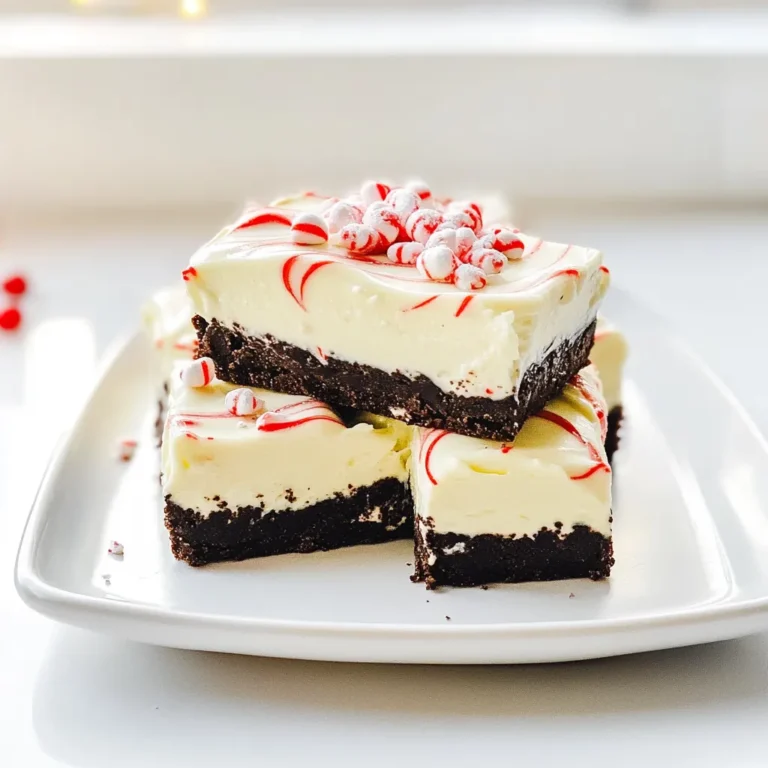 To make No Bake Peppermint Oreo Bars, you need simple and tasty ingredients. Here’s what you will need: - 24 Oreo cookies, finely crushed - ½ cup unsalted butter, melted - 8 oz cream cheese, softened to room temperature - 1 cup powdered sugar - ½ teaspoon peppermint extract - 1 cup whipped topping (like Cool Whip) - 1 cup white chocolate chips, melted - 1 tablespoon crushed peppermint candies (for garnish) These ingredients blend perfectly to create a rich and creamy treat. The crushed Oreos form a delicious crust, while the cream cheese adds a smooth and fluffy layer. White chocolate gives it a sweet finish, and peppermint candies add that festive crunch. Using these fresh ingredients ensures the best flavor. Always measure carefully for great results. If you want to switch things up, try using other cookies or toppings. Each change can give you a new twist on this classic holiday treat. Enjoy the process and get ready for some yummy bars! First, combine the crushed Oreos and melted butter in a medium bowl. Stir well until every crumb is coated. This step is key for a tasty crust. Next, line a 9x9 inch baking pan with parchment paper. Press the Oreo mixture firmly into the bottom. Use the back of a measuring cup or your fingers to pack it tightly. A good crust gives the bars strength and flavor. In a large bowl, beat the softened cream cheese with a hand mixer on medium speed. Mix until it is smooth and creamy. Then, gradually add the powdered sugar. Mix thoroughly after each addition. It helps to create a sweet and creamy base. Stir in the peppermint extract. Finally, gently fold in the whipped topping. This makes the mixture fluffy and light. Make sure there are no lumps for the best texture. Now, carefully spread the cream cheese mixture over the Oreo crust. Use a spatula to create an even layer. Drizzle the melted white chocolate over the cream cheese. Use a spatula or knife to swirl the chocolate into the cream cheese. This adds a beautiful marbled effect. Then, sprinkle the crushed peppermint candies on top. This gives a festive touch and adds crunch. Place the pan in the refrigerator. Chill for at least four hours to set. Once firm, lift the bars out using the parchment paper. Cut into squares, about 2 inches in size. Enjoy your tasty holiday treat! Compacting the crust is key. It helps your bars hold their shape. Press the mixture firmly into the pan. Use a measuring cup or your fingers for the best results. If you want a change, try using graham crackers instead of Oreos. They add a different flavor and texture. Using room temperature cream cheese is a must. It mixes easier and gives a smooth layer. To avoid lumps, mix on low speed first. Gradually add powdered sugar while blending. Scrape the bowl often to get everything mixed well. This ensures a creamy and fluffy filling. Arrange the bars neatly on a festive platter. You can sprinkle crushed peppermint around the edges for color. For an extra touch, add mini candy canes on top. They look cute and add a fun twist. This makes your bars stand out at any holiday gathering. {{image_4}} You can easily change the flavor of your bars. To make a chocolate mint version, add a chocolate pudding mix to the cream cheese layer. This will give your bars a rich, chocolatey taste. Mix in 1 small box of instant chocolate pudding with the cream cheese and sugar. The result will be creamy and full of flavor. It’s a fun twist for chocolate lovers. If you want a healthier option, use low-fat cream cheese and sugar substitutes. This will cut down on calories without losing flavor. Choose a sugar substitute that you like, such as stevia or erythritol. The bars will still taste great, and you can enjoy them without the guilt. Remember, even small changes can make a big difference. You can get creative with toppings for your bars. Instead of crushed peppermint candies, try using different crushed candies or nuts. For a sweet crunch, use crushed peanuts or toffee bits. For a fruity twist, sprinkle crushed raspberries or strawberries on top. This way, you can personalize your bars and surprise your friends with new flavors. The options are endless! To store leftovers, place the bars in an airtight container. Make sure they are well sealed to keep them fresh. You can also layer wax paper between the bars to prevent sticking. Keep the container in the fridge. This helps maintain their creamy texture and flavor. If you want to freeze the bars, cut them into squares first. Wrap each square tightly in plastic wrap. Then, place them in a freezer-safe bag or container. When you want to enjoy them, thaw the bars in the fridge overnight. They will retain their taste and texture if done right. These bars stay fresh in the fridge for up to one week. For the best taste, aim to eat them within the first few days. If frozen, they can last up to three months. Enjoy them while they are at their best! Yes, you can use low-fat ingredients. However, this may change the texture and taste. Low-fat cream cheese can make the bars less creamy. The flavor may not be as rich, but they will still be tasty. You can also use low-fat whipped topping. The bars will still set well, but expect a slight change in taste. These bars need to chill for at least four hours. Chilling is key for the bars to set properly. If you don’t chill them long enough, they may be too soft. A longer chill time can help enhance the flavors. If you can wait overnight, the bars will taste even better! Absolutely! You can make these bars a day or two ahead of time. Just store them in the fridge after they chill. This saves time when you have guests. If you want to prepare even further ahead, consider freezing them. Just remember to thaw them in the fridge before serving. You learned how to make delicious Oreo Peppermint Bars. We covered the ingredients needed, step-by-step instructions, and valuable tips. Feel free to try variations or healthier options, too. Remember to store your bars properly so they stay fresh. Making these treats can bring joy to any gathering or celebration. With minimal effort, you’ll impress your friends and family. Enjoy creating these tasty desserts and share them with others!