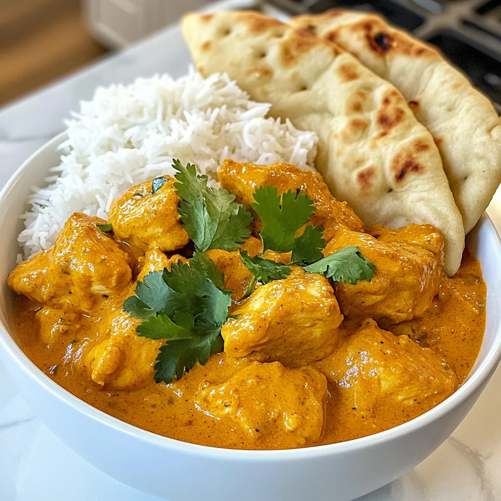 - 500g chicken breast, diced into bite-sized pieces - 200g plain yogurt - 2 tablespoons garam masala - 1 tablespoon ground cumin - 1 tablespoon ground coriander - 1 teaspoon turmeric powder - 1 teaspoon cayenne pepper (adjust for spice) - 2 tablespoons olive oil - 1 large onion, finely chopped - 3 cloves of garlic, minced - 1-inch piece of ginger, freshly grated - 2 ripe tomatoes, pureed - 200ml coconut milk - Fresh cilantro leaves, for garnish - Salt and black pepper to taste - 500g chicken breast = about 1.1 lbs - 200g yogurt = approximately 0.44 lbs or ¾ cup - 2 tablespoons = 30 ml - 1 tablespoon = 15 ml - 1 teaspoon = 5 ml - 200ml coconut milk = about 0.85 cups - For chicken, I suggest using organic brands for better quality. - Greek yogurt works best; try Fage or Oikos. - Look for high-quality garam masala from brands like Spice Islands or McCormick. - For olive oil, choose extra virgin options; I recommend California Olive Ranch. - Choose canned coconut milk from brands like Thai Kitchen or Aroy-D for richness. - Fresh cilantro can often be found from local farmers or organic sections in stores. This list gives you everything you need for Gordon Ramsay’s Chicken Tikka Masala. Each ingredient plays a key role in creating a balanced dish that is rich in flavor. {{ingredient_image_2}} Start by mixing the yogurt with spices. In a big bowl, combine: - 200g plain yogurt - 2 tablespoons garam masala - 1 tablespoon ground cumin - 1 tablespoon ground coriander - 1 teaspoon turmeric powder - 1 teaspoon cayenne pepper - Salt to taste Add the diced chicken breast to the bowl. Make sure every piece is coated well. For the best flavor, let the chicken sit in the fridge for at least 1 hour. If you have more time, marinate it overnight. Heat 2 tablespoons of olive oil in a large skillet over medium heat. Once the oil is hot, add one large, finely chopped onion. Cook it for 7-8 minutes until it turns golden brown. Stir it often to avoid burning. Next, add 3 cloves of minced garlic and 1 inch of freshly grated ginger. Cook these for 2 more minutes, stirring to release their great smells. Then, add the marinated chicken to the skillet. Cook it for about 5-6 minutes, turning the pieces until they are browned on all sides. After browning the chicken, pour in 2 ripe pureed tomatoes and the last tablespoon of garam masala. Let this cook for about 5 minutes. This step allows the flavors to mix well. Now, reduce the heat and stir in 200ml of coconut milk. Let the curry simmer for 10 minutes. This helps the chicken cook fully and makes the sauce rich and creamy. Finally, taste it! Adjust the salt and pepper if needed. For a nice touch, garnish with fresh cilantro leaves before serving. Enjoy your Chicken Tikka Masala! To make Chicken Tikka Masala shine, use fresh spices. Fresh spices boost flavor. Always taste as you cook. This helps you adjust flavors as needed. For a deeper flavor, let the sauce simmer longer. The coconut milk adds creaminess, but don’t rush it. Serve with warm naan or rice for the best meal! One big mistake is not marinating long enough. Marinate the chicken for at least one hour. If you have time, marinate overnight for more flavor. Another mistake is cooking on high heat. This can dry out the chicken. Always cook on medium heat for juicy pieces. Stir the sauce often to prevent sticking. Marinating the chicken is key. I recommend at least one hour. However, overnight gives the best results. The yogurt helps tenderize the meat. It also absorbs all those spices. For busy cooks, you can marinate in the morning and cook at night. This method saves time and ensures a tasty dish. Pro Tips Marination Magic: Letting the chicken marinate overnight intensifies the flavors and ensures a juicier texture. Onion Perfection: Cooking the onions until golden brown caramelizes their natural sugars, adding depth to the dish. Spice Control: Adjust the cayenne pepper based on your spice tolerance; start with less if you're unsure! Coconut Creaminess: For an extra creamy sauce, use full-fat coconut milk, which enhances the richness of the curry. {{image_4}} You can make a great vegetarian version of Chicken Tikka Masala. Simply swap the chicken for paneer or tofu. Both options soak up flavors well. Use the same marinade for these ingredients. You can also add mixed vegetables like bell peppers or spinach for extra color and nutrients. Just remember, cook the paneer or tofu until golden before adding the sauce. If you love heat, you can easily spice up your Chicken Tikka Masala. Add more cayenne pepper to the marinade. You can also include fresh green chilies while cooking. If you want a smoky flavor, try adding some smoked paprika. Taste as you go to ensure the spice level suits your palate. Serving Chicken Tikka Masala with the right sides makes the meal even better. I recommend fluffy basmati rice or warm naan bread. Both soak up the rich sauce perfectly. You might also consider a fresh salad or cucumber raita to cool the heat. For a special touch, garnish with fresh cilantro to add color and flavor. You can store leftover Chicken Tikka Masala in the fridge. Place it in an airtight container. This helps keep the dish fresh. It will stay good for up to three days. When you want to eat it, check the smell and look for any changes. If it seems off, throw it away. You can also freeze Chicken Tikka Masala. Put it in a freezer-safe container or bag. Make sure to remove as much air as possible. This helps prevent freezer burn. It can last for about three months in the freezer. When you are ready to eat it, thaw it in the fridge overnight. To reheat Chicken Tikka Masala, you have a few options. The best way is to use the stove. Heat it on low, stirring often. This helps it warm evenly. If you're in a rush, you can use the microwave. Place it in a microwave-safe dish, cover it, and heat in short bursts. Stir in between to avoid hot spots. Always check the temperature before eating. It should reach 165°F (74°C) to be safe. To adjust spice levels, start with less cayenne pepper. You can always add more later. If you want a milder dish, skip the cayenne altogether. Instead, add more yogurt to balance the heat. For a spicier version, increase the cayenne or add green chilies. Taste as you go to find your sweet spot. Yes, you can use different proteins in this recipe. Chicken is classic, but try shrimp or tofu for variety. If using shrimp, cook it quickly to avoid overcooking. For tofu, press it first to remove excess water. This helps it absorb flavors better. Feel free to experiment with your favorite proteins. Serve your Chicken Tikka Masala with fluffy basmati rice or warm naan bread. Both soak up the creamy sauce well. A simple cucumber salad adds freshness and crunch. You can also serve it with raita, a yogurt-based side that cools the heat. These sides create a balanced meal that everyone will enjoy. This blog post covered the main parts of making Chicken Tikka Masala. We went over the best ingredients, how to cook the chicken, and make the sauce. I shared tips to avoid common mistakes and secrets from Chef Ramsay. You also learned about fun variations and how to store leftovers. Remember, adjusting spices and picking sides can make this dish unique. Use these tips to make your Chicken Tikka Masala special and delicious. Enjoy your cooking journey!