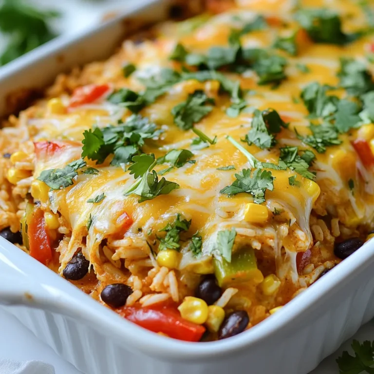 - 2 cups cooked rice - 2 cups shredded cooked chicken - 1 can (10 oz) enchilada sauce - 1 can (15 oz) black beans - 1 cup corn - 1 teaspoon ground cumin - 1 teaspoon chili powder - 1 cup diced bell peppers - 1 cup diced onion - 2 cups shredded cheese - Salt and pepper to taste - Fresh cilantro for garnish I love this recipe because it uses simple, tasty ingredients. You can use white or brown rice, depending on your choice. Shredded chicken works best here. A rotisserie chicken makes it even easier. The enchilada sauce brings great flavor. You can pick red or green sauce. Both work well! Black beans add protein and fiber. Corn adds a nice sweetness to the dish. Don’t forget the spices! Ground cumin and chili powder give it a warm kick. Diced bell peppers and onions add crunch and color. For cheese, a mix of cheddar and Monterey Jack melts perfectly. Finally, salt and pepper are key for taste. Fresh cilantro adds a pop of color and flavor. This mix of ingredients creates a hearty meal that everyone will love. {{ingredient_image_2}} First, preheat your oven to 350°F (175°C). This step is key for even cooking. While the oven heats, grab a 9x13-inch casserole dish. Grease it well with cooking spray or a drizzle of olive oil. This helps keep the casserole from sticking. In a large bowl, combine the cooked rice, shredded chicken, and enchilada sauce. This is the base of your casserole. Next, add the black beans and corn. These add texture and taste. Now, sprinkle in the ground cumin and chili powder for a nice kick. Toss in diced bell peppers and diced onion for color and crunch. Use a spatula to mix everything well. Make sure all the ingredients are coated in sauce. Once mixed, taste your creation. Add salt and pepper to your liking. Then, transfer the mixture into the greased casserole dish. Spread it out evenly. Now, it's time for cheese. Sprinkle the shredded cheese generously on top. Cover the dish tightly with aluminum foil, which helps keep moisture in. Bake the casserole for 25 minutes. This allows all those flavors to come together. After 25 minutes, carefully remove the foil. Let it bake uncovered for another 10-15 minutes. This step makes the cheese melt and bubble, giving it a golden look. When it's done, take it out of the oven. Let it cool for about 5 minutes before serving. This cooling time makes it easier to serve. You can garnish it with fresh cilantro if you like. This adds a nice pop of color and flavor! To ensure even cooking, spread the mixture flat in the dish. This helps heat reach all parts. For cheese, I love a mix of cheddar and Monterey Jack. Their flavors blend well and melt beautifully. Adjust spices based on your taste. If you like heat, add more chili powder. You can also toss in extra veggies like zucchini or spinach for more nutrition. They add color and flavor too. Pair your casserole with simple sides like a green salad or tortilla chips. These add crunch and freshness. For garnish, sprinkle fresh cilantro on top. It makes the dish pop with color and taste. Pro Tips Use Rotisserie Chicken: For a quick and flavorful option, using rotisserie chicken saves time and adds depth to your dish. Customize the Spice Level: Adjust the amount of chili powder and cumin to suit your taste; you can also add diced jalapeños for extra heat. Experiment with Cheese: While cheddar and Monterey Jack are classic choices, try adding pepper jack or queso fresco for a unique twist. Make it Ahead: This casserole can be assembled a day in advance and stored in the fridge; just add a few extra minutes to the baking time. {{image_4}} You can switch the chicken for ground turkey or beef. Both meats add great taste. Just cook them in a pan before adding to the casserole. If you want a vegetarian dish, use beans and veggies. Black beans and corn work well. You can also add zucchini or spinach for extra flavor and nutrition. To change up the flavor, try adding spices. A pinch of smoked paprika can add warmth. You can also add cayenne for heat or garlic powder for depth. For the sauce, you can choose red or green enchilada sauce. Green sauce gives a fresh taste, while red sauce adds a rich flavor. You can even mix both for a unique twist! Rice is classic, but you can try quinoa or cauliflower rice. Quinoa has more protein and is gluten-free. Cauliflower rice is low in carbs, perfect for a lighter meal. If you prefer brown rice, it has more fiber than white rice. Brown rice keeps you full longer, making it a healthy choice. To store leftovers, let the casserole cool first. Cover it tightly with plastic wrap or aluminum foil. You can also use an airtight container. It stays fresh in the fridge for about three to four days. If you want to keep it longer, freezing is a great option. When reheating, the best method is to use the oven. Preheat your oven to 350°F (175°C). Place the casserole in a baking dish and cover it with foil. This keeps it moist. Heat for about 20 minutes or until warm. You can also use a microwave. Just cover it and heat in short bursts, stirring in between. This helps avoid dry spots. To freeze this casserole, first, let it cool completely. Then, cut it into portions. Wrap each piece tightly in plastic wrap. After that, place them in freezer bags or an airtight container. It can last up to three months in the freezer. When you want to eat it, thaw it in the fridge overnight. Reheat it in the oven for the best taste. Chicken enchilada rice casserole is a warm, cheesy dish. It combines rice, chicken, beans, corn, and enchilada sauce. This dish layers flavors and textures for a tasty meal. You can top it with cheese, which makes it even more delicious. It’s perfect for family dinners or gatherings. Yes, you can prepare this casserole ahead of time. Mix all the ingredients and place them in your greased dish. Cover it tightly and store it in the fridge for up to 24 hours. When you’re ready, just bake it. This saves time on busy nights. Absolutely! You can freeze the casserole before baking. Just wrap it well in foil or plastic wrap. It will stay fresh for about three months. When you want to eat it, let it thaw in the fridge overnight. Then, bake it as directed for a hot meal. If you need an alternative to enchilada sauce, try salsa or taco sauce. You can also make your own sauce with tomatoes, chili powder, and spices. This way, you control the flavors and heat level. Different sauces can give your casserole a unique twist. This blog post guides you on making a tasty Chicken Enchilada Rice Casserole. You learned about the ingredients, steps, and tips for the best flavor. I shared ideas for variations and storage to keep your meals fresh. This dish is easy to customize and perfect for any meal. Enjoy making it your own with different proteins and spices. I hope this inspires you to create a delicious meal for friends and family!