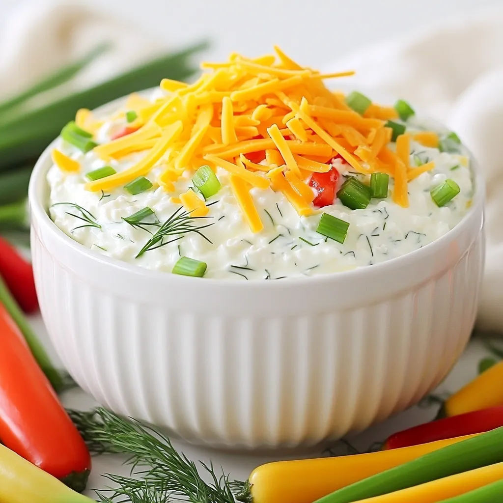 - 1 cup cottage cheese - 1/2 cup Greek yogurt - 1 tablespoon ranch seasoning mix - 1/4 cup finely chopped green onions - 1/4 cup diced red bell pepper - 1 tablespoon fresh dill, chopped - 1 tablespoon fresh lemon juice - Salt and pepper to taste - Optional: 1/4 cup shredded cheddar cheese For this Protein Packed Cottage Cheese Ranch Dip, you need to gather some simple ingredients. First, choose your cottage cheese. You can go with low-fat or regular, depending on your taste. Next, grab some plain Greek yogurt. This gives your dip a nice, creamy base. You will also need ranch seasoning mix. You can buy this or make your own at home. Then, get fresh green onions and red bell pepper. They add a nice crunch and color. Fresh dill brings a delightful herb flavor, while lemon juice adds brightness. Don't forget to season with salt and pepper to make everything pop! If you want even more flavor, you can add shredded cheddar cheese to the mix. These ingredients come together to create a dip that is not only tasty but also packed with protein. It's a great choice for snacks, parties, or game days. Enjoy creating it! 1. Combine cottage cheese and Greek yogurt Start by taking a medium-sized mixing bowl. Add 1 cup of cottage cheese and 1/2 cup of Greek yogurt. Use a whisk or a hand mixer to blend them well. This step makes the dip smooth and creamy. 2. Add ranch seasoning mix Next, add 1 tablespoon of ranch seasoning mix to the bowl. Mix it in thoroughly. This adds great flavor to the dip. 3. Fold in green onions, red bell pepper, and dill Now, gently fold in 1/4 cup of finely chopped green onions, 1/4 cup of diced red bell pepper, and 1 tablespoon of fresh dill. This will bring in fresh crunch and color. 4. Add lemon juice and season Pour in 1 tablespoon of fresh lemon juice. This brightens the dip. Taste it and add salt and pepper to your liking. Adjust the seasoning to suit your taste. 5. Stir in or garnish with cheddar cheese For extra flavor, you can either stir in 1/4 cup of shredded cheddar cheese or save it as a garnish. Both options taste great! 6. Transfer to a bowl and refrigerate Carefully transfer the dip to a nice serving bowl. Cover it with plastic wrap and place it in the refrigerator. Let it chill for at least 30 minutes. This helps the flavors mix well. 7. Serve with dipping options When ready to serve, take the dip out of the fridge. Enjoy it chilled with veggie sticks, whole grain crackers, or crispy pita chips. For a fun look, arrange vegetable sticks in a fan shape around the bowl. Sprinkle a little extra dill on top for a fresh finish! - Ensuring a smooth dip: To keep your dip smooth, blend the cottage cheese and Greek yogurt well. Use a whisk or hand mixer for best results. This helps break down lumps and gives you a creamy texture. - Optimal chilling time: Chill your dip for at least 30 minutes before serving. This time allows the flavors to mix and become more intense. If you can wait longer, a few hours in the fridge works even better. - Adjusting salt and pepper: Taste your dip after mixing. Add salt and pepper to boost flavor. Remember, start with a little and add more if needed. Everyone’s taste is different! - Alternative herbs and spices: Get creative! If you want a twist, try adding garlic powder or paprika. Fresh herbs like parsley or chives add brightness too. Experiment and find what you love. {{image_4}} For a tasty twist, you can switch up the cottage cheese. You have two main choices: - Low-fat cottage cheese: This is great if you want fewer calories. It stays creamy and works well in the dip. - Regular cottage cheese: This option gives a rich and full flavor. It’s perfect if you like a creamier dip. If you prefer a dairy-free option, you can use plant-based cottage cheese or even silken tofu. Both can still give you that creamy texture. Want to add some heat? Try a spicy version! Just chop up some jalapeños and mix them in. This will make your dip zesty and exciting. You can also play with herbs for different tastes. Here are a few ideas: - Parsley: Fresh and bright, it adds a nice green note. - Chives: These give a mild onion flavor that pairs well with ranch. Feel free to mix and match these ingredients to find your perfect dip flavor! To store your Protein Packed Cottage Cheese Ranch Dip, follow these steps: - Cool Down: Allow the dip to cool to room temperature before storing. - Use an Airtight Container: Transfer the dip into a clean, airtight container. This helps keep it fresh. - Keep it Covered: Always cover the dip tightly with a lid or plastic wrap. In the refrigerator, this dip lasts about 3 to 5 days. Make sure to check for any off smells or changes in texture before using it. Can you freeze cottage cheese dip? Yes, but with a few points to consider. Freezing can change the dip's texture. The cottage cheese may become grainy once thawed. To store for later use: - Portion It Out: Divide the dip into small portions. This makes it easy to thaw only what you need. - Use Freezer Bags: Place the dip in freezer bags, pressing out excess air before sealing. - Label and Date: Mark each bag with the date for easy tracking. You can freeze the dip for up to 2 months. When you're ready to use it, thaw it in the fridge overnight. Stir it well before serving. How can I make this dip spicier? You can add chopped jalapeños or a dash of hot sauce. Try mixing in cayenne pepper for heat. Adjust the amount based on your spice level. Start small, and taste as you go! Can I use sour cream instead of Greek yogurt? Yes, you can use sour cream if you prefer. It will change the flavor slightly. Sour cream may make the dip creamier and tangier. Greek yogurt adds protein, so keep that in mind! How is this dip high in protein? This dip is high in protein due to cottage cheese and Greek yogurt. Cottage cheese has about 28 grams of protein per cup. Greek yogurt adds another 10 grams per half cup. Together, they create a filling and nutritious dip! In this post, we explored a tasty cottage cheese dip. You learned about the simple ingredients, like Greek yogurt and ranch seasoning. I shared step-by-step instructions to make it easy for you. You also discovered tips to enhance flavor and variations to spice things up. Overall, this dip is simple to make, fun to serve, and a great addition to any snack table. Enjoy your delicious, creamy dip, and don't hesitate to try new flavors!