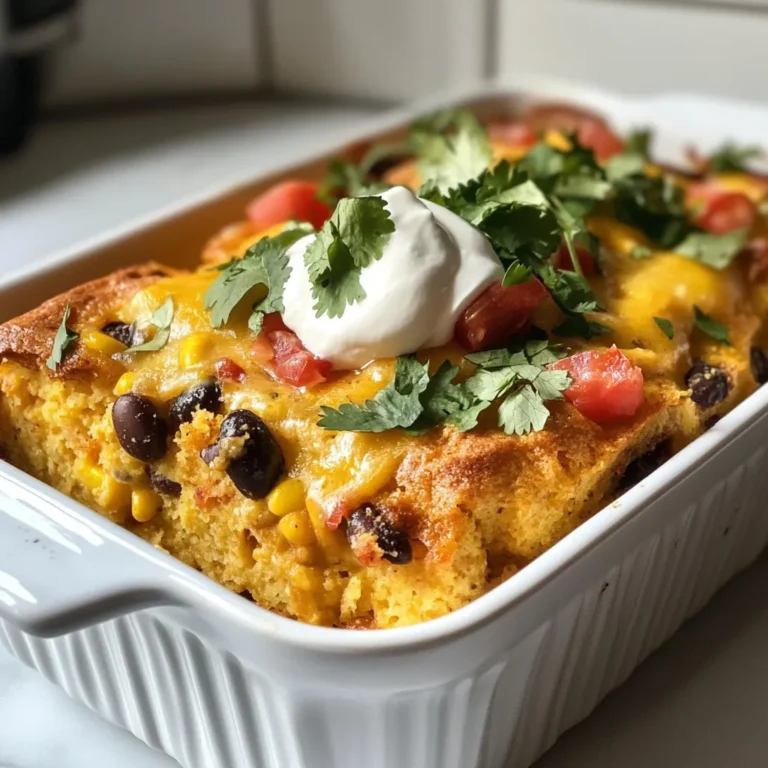 You will need the following simple ingredients for your Five Minute Cornbread Casserole: - 1 cup cornmeal - 1 cup milk - 1 can (15 oz) creamed corn - 1 can (15 oz) black beans, rinsed and drained - 1 cup shredded cheddar cheese - 1 teaspoon baking powder - 1 tablespoon sugar - 1 teaspoon salt - 2 tablespoons melted butter - 2 sliced jalapeños (optional for heat) To enhance the taste of your casserole, consider these options: - Fresh herbs like cilantro or parsley for freshness. - Diced bell peppers for a crunchy texture. - A sprinkle of chili powder or cumin for extra warmth. - Sour cream or Greek yogurt for creaminess. If you want to mix things up, try these substitutions: - Use almond milk or oat milk instead of regular milk for a dairy-free option. - Swap black beans for kidney beans or pinto beans for a different flavor. - Use pepper jack cheese instead of cheddar for a spicy twist. - Replace melted butter with olive oil for a healthier fat option. These ingredient choices help you create a dish that suits your taste and dietary needs. Enjoy experimenting! {{ingredient_image_2}} Start by preheating your oven to 400°F (200°C). This helps the casserole cook evenly. In a large bowl, mix the following ingredients: - 1 cup cornmeal - 1 cup milk - 1 can (15 oz) creamed corn - 1 can (15 oz) black beans, rinsed and drained - 1 cup shredded cheddar cheese - 1 teaspoon baking powder - 1 tablespoon sugar - 1 teaspoon salt Stir these until the mixture is smooth. Then, add 2 tablespoons melted butter and mix again. If you want some heat, fold in 2 sliced jalapeños. This adds flavor and spice. Grease a 9x9-inch baking dish or an oven-safe skillet. Pour the batter into the dish and spread it out evenly. Place it in the hot oven and bake for 25-30 minutes. The top should be golden brown, and a toothpick inserted should come out clean. This shows your casserole is done. Once baked, let the casserole cool for about 5 minutes. This makes it easier to slice. Cut it into squares for serving. For a nice touch, serve warm slices on plates. Add fresh cilantro or green onions for color. A dollop of sour cream on the side makes it even better. Enjoy your quick and cozy cornbread casserole! To make the best cornbread casserole, follow these simple tips: - Use fresh ingredients. Fresh cornmeal and cheese boost the flavor. - Mix gently. Over-mixing can make the casserole tough. Stir just until combined. - Preheat well. This ensures even cooking and a nice golden top. - Watch the bake time. Ovens can vary. Check your casserole a few minutes early. Leftovers can be a treat. Here are ways to use them: - Reheat as a side. Warm slices make a great side dish for dinner. - Top with chili. Add some chili for a quick meal. It adds warmth and flavor. - Make a breakfast bake. Layer it with eggs and cheese for a hearty breakfast. You control the heat! Here’s how: - Add jalapeños. Mix in sliced jalapeños for extra spice. Remove the seeds for less heat. - Use hot sauce. Drizzle your favorite hot sauce on top before serving. - Try different peppers. Swap jalapeños for serrano or habanero for more kick. Adjust to your taste. Pro Tips Use Fresh Ingredients: Whenever possible, opt for fresh corn instead of canned for a more robust flavor and texture. Customize Your Heat Level: Adjust the number of jalapeños based on your spice tolerance; you can also substitute with milder peppers if preferred. Serve with Toppings: Enhance the dish with toppings like avocado slices, salsa, or a sprinkle of lime juice for added freshness. Storage Tips: Store any leftovers in an airtight container in the fridge for up to 3 days; reheat in the oven for the best texture. {{image_4}} You can easily make this casserole vegetarian. Just avoid using meat. The black beans offer protein and texture. You can also add more veggies. Chopped bell peppers or corn kernels work well. They add color and flavor. Consider adding spinach or zucchini for extra nutrition. Want to boost the flavor? Try adding cooked sausage or bacon. These meats give a nice smoky taste. You can also mix in diced tomatoes or sweet corn. For a cheesy twist, add feta or pepper jack cheese. If you love spice, add more jalapeños or diced green chiles. Making it gluten-free is simple. Use gluten-free cornmeal. Most cornmeal is already gluten-free, but check the label. You can also use gluten-free baking powder. This way, everyone can enjoy this dish. If you want a heartier dish, try adding quinoa or rice. These grains pair well with the cornbread. To keep your cornbread casserole fresh, let it cool first. Once cool, cover it tightly with plastic wrap or foil. Store it in the fridge for up to three days. This keeps it moist and tasty. When you're ready to eat, simply take it out and enjoy. If you want to store it longer, freeze the casserole. Let it cool, then slice the casserole into portions. Wrap each piece in plastic wrap and foil. Place the wrapped pieces in a freezer bag. You can keep it frozen for up to three months. This way, you always have a quick meal ready. To reheat, take the casserole out of the fridge or freezer. If it’s frozen, let it thaw in the fridge overnight. Preheat your oven to 350°F (175°C). Place the casserole in an oven-safe dish. Cover it with foil to keep it from drying out. Heat for about 20 minutes or until warm. If you like it extra crispy, uncover it for the last five minutes. Enjoy your warm, flavorful dish! It takes about 25 to 30 minutes to bake cornbread casserole. You want the top to be golden brown. A toothpick should come out clean when inserted in the center. This shows it’s cooked through. Yes, you can make this recipe ahead of time. Prepare the batter and pour it into your greased dish. Cover it and store in the fridge for a few hours or overnight. Just bake it when you're ready. Cornbread casserole pairs well with many dishes. You can serve it with chili or grilled meats. It also goes nicely with a fresh salad. For a fun twist, add some salsa or avocado on top. This blog post covers all you need for cornbread casserole. We discussed ingredients, cooking steps, and helpful tips. You learned about variations, storage, and answers to common questions. Understanding these topics ensures your dish turns out great every time. Use these insights to create your own delicious casserole. Enjoy sharing this dish with friends and family!