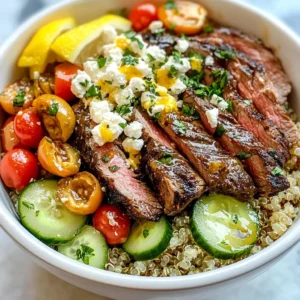 - 1 lb flank steak - 2 tablespoons olive oil - 2 teaspoons smoked paprika - 1 teaspoon garlic powder - 1 teaspoon ground cumin - 1 cup cherry tomatoes, halved - 1 cucumber, diced into small cubes - 1 red onion, thinly sliced - 1 cup Kalamata olives, pitted and halved - 1 cup feta cheese, crumbled - Fresh parsley, finely chopped - 1 lemon, zested and juiced - 4 tablespoons tahini sauce The main star of this dish is the flank steak. This cut cooks quickly and tastes great. I like to use smoked paprika, garlic powder, and cumin for the marinade. These spices give the steak a warm, rich flavor. Olive oil helps the spices stick to the meat. Fresh veggies add color and crunch. Cherry tomatoes burst with juice, while cucumbers cool each bite. Red onion gives a sharp taste, and Kalamata olives bring a briny touch. Feta cheese crumbles on top add creaminess. Fresh parsley brightens the dish, while lemon juice and zest give it a zesty pop. The tahini sauce ties everything together, making each bite creamy and rich. This mix of flavors and textures makes the Mediterranean Steak Power Bowls a fun meal. You get a bit of everything in each bite! {{ingredient_image_2}} - In a medium bowl, mix: - 2 tablespoons olive oil - 2 teaspoons smoked paprika - 1 teaspoon garlic powder - 1 teaspoon ground cumin - Salt and black pepper, to taste - Rub this marinade all over 1 lb flank steak. Make sure the steak is well-coated. Cover it and let it sit for at least 30 minutes. For more flavor, refrigerate it for 1-2 hours. - Preheat your grill or a heavy skillet over high heat. - Take the steak out of the marinade, tossing the leftover marinade. - Grill or sear the steak for about 4-6 minutes on each side. Adjust the time for your desired doneness. - After cooking, let the steak rest for 5-10 minutes. Then slice it against the grain into thin strips. - In a large serving bowl, create a base with 2 cups of cooked quinoa. Spread it evenly at the bottom. - Layer on the fresh ingredients: - 1 cup cherry tomatoes, halved - 1 cucumber, diced - 1 red onion, thinly sliced - 1 cup Kalamata olives, halved - Sprinkle 1 cup of crumbled feta cheese on top. - Lay the sliced steak over the fresh ingredients. Ensure every bowl has a good portion. - Drizzle 4 tablespoons of tahini sauce on top. Squeeze fresh lemon juice, then sprinkle lemon zest. - Finish with finely chopped fresh parsley for color and flavor. For the best taste, know your cooking times. Aim for about 4-6 minutes on each side for medium-rare. If you want your steak more done, increase the time. Always check the center for doneness. After cooking, let the steak rest for 5-10 minutes. This helps keep the juices inside and makes for a tender bite. Fresh herbs add bright flavors. Use parsley or mint for a fresh touch. You can also try different sauces. A drizzle of balsamic glaze or a lemon vinaigrette can change the taste. Experiment and find what you love most! Layer your ingredients for a beautiful look. Start with the quinoa, then add the veggies in sections. This way, each ingredient stands out. For a final touch, garnish with parsley. It adds color and freshness. You could also add lemon wedges on the side. This makes your bowl even more appealing! Pro Tips Marinate Longer for Flavor: For the best flavor, marinate the flank steak for at least 2 hours or overnight. This will allow the spices to penetrate the meat deeply, making it more tender and flavorful. Rest the Steak: After cooking, always let the steak rest for 5-10 minutes before slicing. This helps retain the juices, ensuring each bite is succulent and flavorful. Use Warm Quinoa: For a better texture and flavor, serve the quinoa warm. This adds a comforting element to the bowl and helps meld the flavors together. Fresh Herbs Make a Difference: Don't skip the fresh parsley garnish! It adds a pop of color and a fresh, bright flavor that elevates the whole dish. {{image_4}} You can switch up the protein in this dish. Chicken is a great option. Use grilled chicken thighs for a juicy bite. Shrimp also works well, cooked quickly in a pan. If you want a plant-based choice, try tofu. Marinate and grill it just like the steak. Each option brings its own flavor. Grains add texture and flavor to your bowl. Brown rice gives a nutty taste and is filling. Couscous cooks fast and soaks up flavors well. Farro is chewy and adds a hearty feel to your meal. Choose the grain that fits your taste and diet. Dressings enhance the flavors of your bowl. A lemon vinaigrette adds brightness and zest. Just mix olive oil, lemon juice, and a pinch of salt. For a creamier option, use yogurt dressing. It adds a nice tang and complements the other ingredients. Choose a dressing that suits your mood! To keep your Mediterranean Steak Power Bowls fresh, store them in the fridge. Place the leftover bowls in airtight containers. This helps keep flavors intact and prevents spoilage. Make sure to separate the steak from the grains and veggies if possible. This way, they stay fresh longer. It is best to eat leftovers within three days. When you're ready to enjoy your leftovers, reheating is easy. For the steak, use a skillet over medium heat. This keeps it juicy. Heat the quinoa and veggies in the microwave for about one minute. Stir halfway through to ensure even heating. If you want to avoid drying out the steak, add a splash of water or broth. Here are some guidelines for how long each component lasts: - Cooked steak: 3-4 days in the fridge. - Quinoa: 5-7 days when stored properly. - Fresh veggies: 2-3 days for best taste. - Tahini sauce: 1-2 weeks if sealed tightly. Following these tips helps you enjoy your Mediterranean Steak Power Bowls longer! Yes, you can make parts of this recipe ahead of time. Cook your quinoa in advance and store it in the fridge. You can also marinate the steak the night before. Just grill it fresh when you are ready to serve. The fresh veggies can be chopped ahead too. Just keep them in separate containers to keep them crisp. This recipe is mostly gluten-free. The main ingredient to watch is the tahini. Ensure your tahini is gluten-free. Quinoa is a great grain choice. It is naturally gluten-free. Avoid any sauces that may contain gluten. Always check the labels to be safe. You can use marinated tofu or tempeh instead of steak. Both options provide great texture and flavor. Use a plant-based feta for a cheese alternative. Swap the tahini sauce for a vegan dressing. This way, you keep all the flavors while making it vegan. Yes, you can use hummus as a tasty alternative to tahini. You could also use a yogurt sauce if you prefer. A simple lemon and olive oil dressing can work well too. Just make sure to keep the flavors bright and fresh. Each bowl has about 450 calories. This includes protein from the steak and quinoa. You get healthy fats from the olive oil and tahini. The veggies add fiber and vitamins. The feta adds calcium, making this meal well-rounded and nutritious. This blog post guided you through making delicious Mediterranean Steak Power Bowls. We covered the essential ingredients, step-by-step cooking, and helpful tips to elevate your dish. Remember to choose fresh veggies and let the steak rest for the best flavor. You can also try different proteins or grains to match your taste. Enjoy experimenting with variations to keep your meals exciting. With this recipe, you have a healthy, tasty meal ready in no time. Enjoy every flavorful bite!