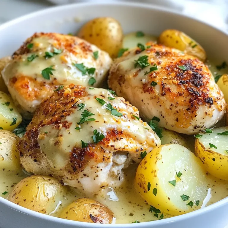 - Chicken and Potatoes - 4 boneless, skinless chicken breasts - 1.5 lbs baby potatoes, halved - Seasonings and Broth - 1 cup chicken broth - 5 cloves garlic, finely minced - 1 cup freshly grated Parmesan cheese - 1 teaspoon Italian seasoning blend - 1/2 teaspoon freshly ground black pepper - 1/2 teaspoon salt (adjust to taste) - 1 tablespoon extra virgin olive oil - Garnishing Ingredients - Fresh parsley, chopped (for garnish) I love using simple, fresh ingredients for this dish. The chicken and baby potatoes create a hearty base. The chicken is tender and juicy, while the potatoes soak up the savory broth and flavors. The garlic adds a lovely kick, and Parmesan brings a rich, cheesy taste. I always use fresh garlic and real Parmesan cheese for the best flavor. The Italian seasoning blend adds warmth and depth to the dish. Don't forget about the olive oil! It keeps everything moist as it cooks. Finally, fresh parsley brightens the plate and adds a pop of color. These ingredients work together to make a delicious, comforting meal. {{ingredient_image_2}} Making the Garlic-Parmesan Mixture Start by taking a large bowl. Add five cloves of minced garlic. Then, mix in one cup of grated Parmesan cheese. Next, add one teaspoon of Italian seasoning, half a teaspoon of black pepper, and half a teaspoon of salt. Stir all the ingredients well until they form a smooth paste. This mixture brings great flavor to your chicken. Preparing the Crockpot Take your crockpot and drizzle one tablespoon of olive oil on the bottom. Use a paper towel or your hands to spread it around. This step helps to keep the chicken and potatoes from sticking to the pot. Layering the Ingredients Now, take 1.5 pounds of halved baby potatoes. Arrange them evenly across the bottom of the crockpot. This layer will soak up all the yummy juices. Then, take each chicken breast and rub the garlic-Parmesan mixture all over it. Place the chicken on top of the potatoes. Setting the Crockpot Once everything is layered, pour one cup of chicken broth around the edges of the crockpot. Avoid pouring it on top of the chicken. This keeps the flavor strong. After that, secure the lid tightly. Cooking Time and Temperature You can set your crockpot on low for 6-7 hours or high for 3-4 hours. Cooking on low gives the best flavor and tenderness. Checking for Doneness When the cooking time is up, check if the chicken is fully cooked. It should be white and juices should run clear. The potatoes should be tender when pierced with a fork. If everything is done, taste and add more salt or pepper if needed. Enjoy your meal hot, and don’t forget to garnish with fresh parsley for color and flavor! Ensuring Tender Chicken To keep your chicken juicy, don’t skip the marinade step. Rub the garlic-Parmesan mixture on the chicken well. This helps the meat soak in flavor. Use chicken breasts that are even in size. This way, they cook evenly. Always check the internal temperature. It should reach 165°F for safe eating. Flavor Enhancement Suggestions Add herbs for extra taste. Fresh thyme or rosemary work great. You can also squeeze lemon juice before serving. This adds brightness to the dish. For a kick, sprinkle some red pepper flakes in the garlic-Parmesan mix. This small change can make a big difference. Presentation Ideas Serve the chicken and potatoes on a nice platter. Drizzle some cooking juices over them. This keeps everything moist and adds shine. Finish with a sprinkle of fresh parsley. It adds color and freshness to the dish. Pairing Recommendations This meal pairs well with a simple green salad. A light vinaigrette works best to balance the rich flavors. You can also serve it with crusty bread. It’s perfect for soaking up any extra sauce. For a drink, try a crisp white wine or sparkling water. Pro Tips Use Fresh Ingredients: Always opt for fresh garlic and high-quality Parmesan cheese to enhance the flavor of your dish. Customize Your Seasoning: Adjust the Italian seasoning and salt according to your taste preferences for a personalized flavor profile. Check for Doneness: Use a meat thermometer to ensure that the chicken reaches an internal temperature of 165°F for safe consumption. Let it Rest: Allow the chicken to rest for a few minutes after cooking to retain its juices before serving. {{image_4}} Chicken Alternatives You can use other meats like turkey or pork. These will change the taste but still work well. Bone-in chicken adds flavor but takes longer to cook. If you prefer a leaner option, try chicken thighs. They stay juicy and tender. Potato Substitutes If you want a lower-carb option, use cauliflower. It cooks quickly and absorbs flavors well. Sweet potatoes add a nice sweetness and color. You can also try parsnips for a unique twist. They add a bit of sweetness and are creamy when cooked. Different Seasoning Blends You can mix up the spices for new tastes. Try adding smoked paprika for a smoky flavor. Cajun seasoning gives it a spicy kick. For an Asian twist, use soy sauce and ginger. Each mix brings a different vibe to the dish. Vegetarian Versions To make this dish vegetarian, swap chicken for hearty vegetables like mushrooms or eggplant. Use vegetable broth instead of chicken broth. Add beans for protein and texture. This version will still be rich and satisfying while being meat-free. - Proper Container Use: Use a clean, airtight container for storing leftovers. This helps keep the chicken and potatoes fresh. Make sure to let the meal cool down before sealing it. - Shelf Life: Store your leftovers in the fridge for up to three days. If you want to keep them longer, consider freezing them instead. - How to Freeze: To freeze, place the cooled chicken and potatoes in a freezer-safe bag or container. Remove as much air as you can to prevent freezer burn. Label the bag with the date for easy tracking. - Reheating Tips: When ready to eat, thaw the meal in the fridge overnight. Reheat in the microwave or oven until heated through. Ensure the chicken reaches 165°F. You can add a splash of chicken broth to keep the dish moist while reheating. Can I use frozen chicken? Yes, you can use frozen chicken. Just add extra cooking time. Cook on high for 4-5 hours if using frozen chicken. This way, the chicken cooks safely and stays juicy. How do I know when the chicken is done? Check the chicken with a meat thermometer. It should reach 165°F (75°C). The meat will be white and tender when fully cooked. If you don't have a thermometer, cut into the chicken. It should be no longer pink in the center. Can I double the recipe? Yes, you can double the recipe. Make sure your crockpot is big enough to hold all the ingredients. You may need to add a bit more broth and adjust the cooking time. Check on it to ensure everything cooks evenly. This article covered how to make a tasty chicken and potato dish in a crockpot. You learned about the key ingredients, step-by-step cooking methods, and helpful tips to enhance flavor. I shared ways to customize your meal and how to store leftovers properly. For best results, always check for doneness and try out different flavors. I hope you feel excited to try this recipe. Enjoy your cooking journey!
