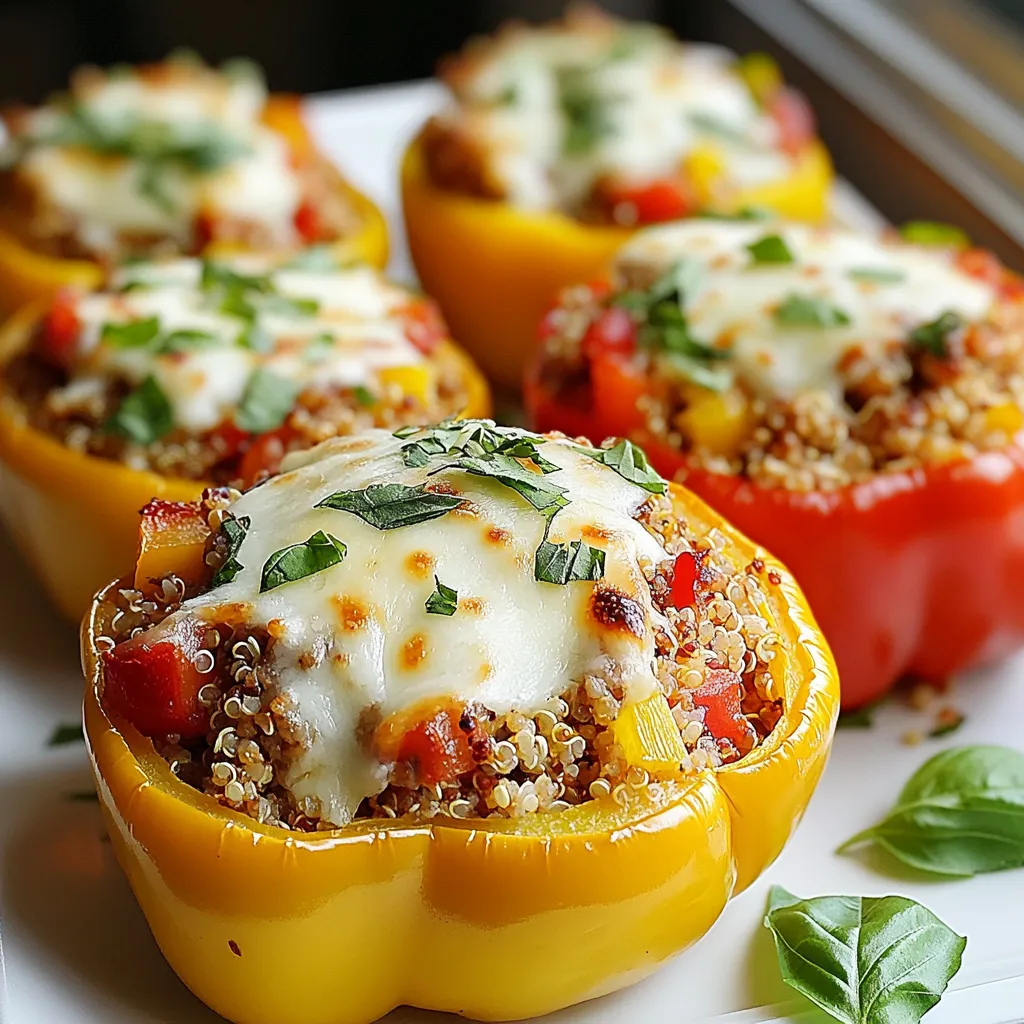 - 4 large bell peppers (red, yellow, orange, or green) - 1 cup cooked quinoa or fluffy rice - 1 pound lean ground turkey or ground beef - 1 small onion, finely diced - 2 cloves garlic, minced - 1 can (14 oz) diced tomatoes, drained - 1 cup shredded mozzarella cheese, plus extra for topping - 1 teaspoon Italian seasoning blend - ½ teaspoon red pepper flakes (optional) - Salt and freshly cracked pepper to taste - Fresh basil leaves for garnish When picking bell peppers, choose ones that feel heavy for their size. Look for bright colors and smooth skin. Fresh peppers will add a sweet crunch to your dish. For the meat, lean ground turkey is a healthy choice. It will keep the dish lighter but still delicious. If you prefer beef, use lean ground beef to keep it tasty and not too greasy. Use fresh garlic and onion. They bring a rich flavor that you can’t replace with powders. Canned tomatoes should be whole or diced, not seasoned. This gives you control over the flavor. For cheese, fresh mozzarella melts better and adds creaminess. If you want a kick, add red pepper flakes, but adjust to your taste. Italian cooking shines with fresh, simple ingredients. Bell peppers have a sweet, mild taste. They soften beautifully when cooked. Quinoa or rice adds texture and a nutty flavor. Ground turkey or beef brings heartiness to the meal. Onion and garlic are staples in Italian dishes. They add depth and aroma. Tomatoes provide acidity and sweetness, balancing the flavors. Italian seasoning blends herbs like oregano, basil, and thyme, creating a warm, savory taste. Fresh basil leaves at the end give a burst of freshness, brightening each bite. {{ingredient_image_2}} First, set your oven to 375°F (190°C). This temperature helps cook the peppers just right. Next, take four large bell peppers. You can pick red, yellow, orange, or green ones. Slice off the tops and remove the seeds and membranes. Drizzle the insides with olive oil. Sprinkle a little salt inside too. Stand them upright in a baking dish to get ready for stuffing. In a large skillet, heat one tablespoon of olive oil over medium heat. Add one small onion, finely diced. Cook the onions until they look clear and soft, which takes about five minutes. Then, add two cloves of minced garlic. Sauté for one more minute. You’ll know it’s ready when it smells great. Now it’s time for the fun part. Add one pound of ground turkey or ground beef to the skillet. Break it apart with a spatula. Cook it for about seven to ten minutes until it turns brown. Then, stir in one can of diced tomatoes, drained, along with one cup of cooked quinoa or rice. Sprinkle in one teaspoon of Italian seasoning and ½ teaspoon of red pepper flakes for some heat. Add salt and freshly cracked pepper to taste. Mix everything well and let it cook for another two to three minutes. Finally, take the skillet off the heat and stir in ½ cup of shredded mozzarella cheese. This will make your filling creamy and tasty. Now, you’re ready to stuff your peppers! When stuffing your peppers, choose firm ones. This ensures they hold up well. Cut the tops off and remove seeds gently. Lightly coat the insides with olive oil. This adds flavor and helps with cooking. Press the filling down snugly. This prevents gaps and helps flavors meld. To get tender peppers, start by preheating your oven to 375°F. Bake covered for the first 25 minutes. This steams them and cooks the filling. After that, uncover and bake for another 10-15 minutes. This browns the cheese and adds a nice texture. Adding herbs can boost flavor. Fresh basil or parsley works well. You can also add chopped olives for a briny taste. If you like heat, toss in jalapeños or more red pepper flakes. Experiment with different cheeses. Feta or goat cheese can add a unique twist. Pro Tips Choose Colorful Peppers: Opt for a mix of vibrant bell pepper colors to create a visually appealing dish that also offers different flavor profiles. Perfectly Drain Tomatoes: Ensure you drain the diced tomatoes thoroughly to prevent the filling from becoming too watery, which can lead to soggy peppers. Experiment with Fillings: Feel free to swap out the quinoa or rice for other grains like farro or barley, or add different vegetables to the filling for added texture and nutrition. Make Ahead: Prepare the stuffed peppers in advance, cover them tightly, and refrigerate. Bake them when you're ready for a quick and delicious meal. {{image_4}} You can easily make stuffed peppers vegetarian or vegan. Swap ground meat for cooked quinoa, lentils, or black beans. These options add protein and fiber. For a vegan cheese alternative, use cashew cheese or nutritional yeast. You can also add chopped mushrooms or zucchini for more texture. This makes your dish colorful and healthy. Feel free to mix it up with different meats or grains. Try ground chicken or sausage instead of turkey or beef. Each meat gives a unique taste. You can also use farro or barley instead of rice or quinoa. These grains add a nutty flavor and chewy texture. Experimenting with ingredients can lead to delightful surprises. Spices and herbs can change everything. Add cumin or smoked paprika for a warm twist. Fresh herbs like parsley or oregano brighten the dish. If you want heat, try jalapeños or chili powder. Don’t be afraid to play with flavors. Each twist can make your stuffed peppers exciting and new. To keep your stuffed peppers fresh, place them in an airtight container. Make sure to let them cool first. Store them in the fridge. They will stay good for about 3 to 4 days. If you want to keep them longer, consider freezing. Freezing stuffed peppers is easy and smart. First, let them cool completely. Then, wrap each pepper in plastic wrap. Place them in a freezer-safe bag or container. They will last for up to 3 months. When you’re ready to eat, just thaw them overnight in the fridge. Reheating stuffed peppers can bring back their original flavor. You can use the oven for best results. Preheat your oven to 350°F (175°C). Place the peppers in a baking dish and cover with foil. Heat for about 20-25 minutes until warm. You can also use the microwave. Just place them on a microwave-safe plate and heat in short bursts. Always check to avoid overcooking. Yes, you can use many types of peppers. While I love bell peppers for their sweetness, you can try poblano or jalapeño. These peppers add a different flavor and a little heat. Just make sure they are large enough to stuff. Cut the tops off and remove seeds as you would with bell peppers. You can prepare stuffed peppers a day in advance. Simply follow the recipe until you stuff the peppers. Cover them tightly and store them in the fridge. When you are ready to bake, remove them from the fridge and let them sit for about 30 minutes. Then bake as directed. This saves time and makes dinner easy. Italian stuffed bell peppers pair well with many sides. Serve them with a fresh salad for a light meal. Garlic bread is another favorite that adds a nice crunch. You can also add pasta on the side for a more filling dinner. A simple marinara sauce can be drizzled on top for extra flavor. This post covered how to make delicious Italian stuffed peppers. You learned about essential ingredients, tips for choosing them, and flavor profiles. I detailed step-by-step cooking methods for perfect results. We explored variations, including vegetarian options and exciting flavor twists. Lastly, we discussed storage, reheating, and answers to common questions. With these tips, you're ready to create your own tasty dishes. Enjoy making and sharing your stuffed peppers!