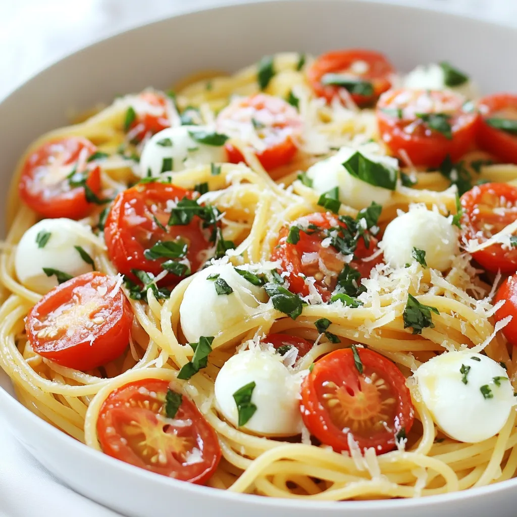 For this easy dish, you need: - 12 oz spaghetti or linguine - 4 large ripe tomatoes, diced into small cubes - 1 cup cherry tomatoes, halved - 3 cloves garlic, finely minced - 1/4 cup fresh basil leaves, chopped Spaghetti or linguine works best for this meal. Both types soak up the sauce well. Choose ripe tomatoes for a sweet flavor. Cherry tomatoes add a nice pop of color and taste. Garlic brings depth to the dish, while fresh basil adds a bright touch. You should also gather: - 1/4 cup extra virgin olive oil - Salt and freshly ground black pepper, to taste - 1/2 teaspoon red pepper flakes (optional, for a spicy kick) - Fresh mozzarella balls, for topping (optional) - Grated Parmesan cheese, for serving Olive oil is key for sautéing the garlic and making the sauce rich. Use salt and black pepper to enhance the flavors. If you like heat, add red pepper flakes for a kick. Topping the pasta with fresh mozzarella makes it creamy and delicious. A sprinkle of Parmesan cheese adds an extra savory flavor. {{ingredient_image_2}} Start by bringing a large pot of salted water to a rolling boil. Add 12 ounces of spaghetti or linguine. Cook it according to the package instructions until it's al dente, which means it should have a slight bite. Just before you drain the pasta, reserve about 1 cup of the cooking water. This water helps make the sauce silky later. Drain the pasta well and let any extra water drip off. In a large skillet, heat 1/4 cup of extra virgin olive oil over medium heat. Once hot, add 3 finely minced cloves of garlic. Sauté the garlic for about 1 minute, stirring often. You want it fragrant and slightly golden, but not burnt. Next, add 4 large diced tomatoes and 1 cup of halved cherry tomatoes to the skillet. Cook them for 5 to 7 minutes. Stir occasionally as the tomatoes soften and break down. This will create a light sauce. After that, stir in red pepper flakes, if you want some spice. Add a pinch of salt and a few cracks of black pepper. Let this mixture simmer for another 3 to 5 minutes. Gently add the drained pasta into the skillet with the tomato sauce. Pour in a bit of the reserved pasta water. Toss everything together until the pasta is well coated. You want the sauce to cling nicely to the pasta. Remove the skillet from heat and fold in 1/4 cup of chopped fresh basil. Mix well. Taste the dish to see if it needs more salt or pepper. To serve, plate the pasta while it's hot. If you like, top each serving with fresh mozzarella balls and a sprinkle of grated Parmesan cheese. For a nice touch, serve in a rustic bowl, add more basil on top, and drizzle a little olive oil for shine and aroma. To make the best summer tomato pasta, you need ripe tomatoes. Look for tomatoes that are bright in color and feel firm but slightly soft when you press them. You want them to smell sweet and earthy. If fresh tomatoes aren’t available, use canned diced tomatoes. They can still bring great flavor to your dish. Cooking pasta is simple, but timing is key. Boil salted water and add your spaghetti or linguine. Follow the package instructions to cook until al dente, usually around 8-10 minutes. Just before you drain the pasta, save about one cup of pasta water. This water has starch that helps the sauce stick better. To boost flavor, add more herbs like oregano or thyme. You can also sprinkle in some black pepper for extra kick. If you want to take it up a notch, consider topping your pasta with toasted pine nuts or fresh arugula. These add texture and a fresh taste that pairs perfectly with the dish. Pro Tips Use Fresh Ingredients: Fresh, ripe tomatoes will enhance the flavor of your pasta significantly. Look for tomatoes that are firm yet slightly soft to the touch for the best taste. Reserve Pasta Water: Always save a cup of the pasta cooking water before draining. This starchy water can be added to the sauce to help it cling to the pasta better. Don't Overcook the Garlic: Sauté the garlic just until it's fragrant and slightly golden. Overcooking can lead to a bitter taste that will affect your sauce. Experiment with Herbs: While basil is traditional, feel free to experiment with other fresh herbs like parsley or oregano for a unique twist on flavor. {{image_4}} You can easily make this dish vegan. To do this, skip the cheese. Instead of Parmesan, use nutritional yeast. This gives a cheesy flavor without dairy. You can also use cashew cream for richness. This adds creaminess that makes the dish feel indulgent. Remember to check for vegan pasta, too! Want some meat? You can add chicken or shrimp. For chicken, use cooked, shredded pieces. Cook shrimp in the skillet with garlic for 2-3 minutes until pink. This gives a nice flavor boost. Make sure the protein is well mixed into the pasta. This way, every bite is satisfying. For gluten-free pasta, look for options made from rice or quinoa. These types cook well and taste great. Just be sure to follow package instructions for timing. You may need to adjust the sauce slightly. Adding more water can help if it seems too thick. Enjoy a delicious gluten-free meal! After enjoying your fresh summer tomato pasta, you may have some leftovers. Store them in an airtight container. Keep the pasta in the fridge for up to three days. For best taste, store the sauce separately. This keeps the pasta from getting soggy. To reheat your pasta, use a skillet over low heat. Add a splash of water or olive oil to keep it moist. Stir often to heat evenly. Aim for a temperature of about 165°F. This helps keep the texture nice. You can freeze portions of this pasta dish. Place it in freezer-safe containers. Label the containers with the date. When you’re ready to eat, thaw it overnight in the fridge. Reheat as mentioned above. Enjoy your pasta just like fresh! To add heat, you can use red pepper flakes. Start with 1/2 teaspoon, then adjust to your taste. If you love spice, try adding fresh hot peppers. Slice jalapeños or serranos and toss them in with the garlic. You can also use hot sauce for a kick. Just remember to taste as you go to find the right balance. If fresh tomatoes aren’t available, canned tomatoes work well. Use whole or diced tomatoes for a similar taste. You can also try sun-dried tomatoes for a rich flavor. Just chop them up and add them to the sauce. For a different twist, consider using roasted red peppers. They bring a sweet and smoky flavor that pairs nicely with pasta. This dish takes about 30 minutes to make. You’ll need 15 minutes to prep the ingredients. Cooking the pasta and sauce takes about 15 minutes. It’s quick, so you can enjoy a fresh meal without a long wait. Yes, you can prepare some parts early. Cook the pasta and sauce separately. Store them in the fridge for up to two days. When ready to eat, warm them together in a skillet. This keeps the pasta from getting mushy. Add fresh basil just before serving for the best flavor. Fresh Summer Tomato Pasta is a simple yet flavorful dish. We explored key ingredients like ripe tomatoes and fresh basil. We also covered steps for cooking pasta and preparing sauce that brings everything together. From tips on selecting the best tomatoes to variations for dietary needs, this dish is versatile. You can adapt it to suit your taste and preferences. Enjoy experimenting with flavors and ingredients as you create your perfect plate of pasta!