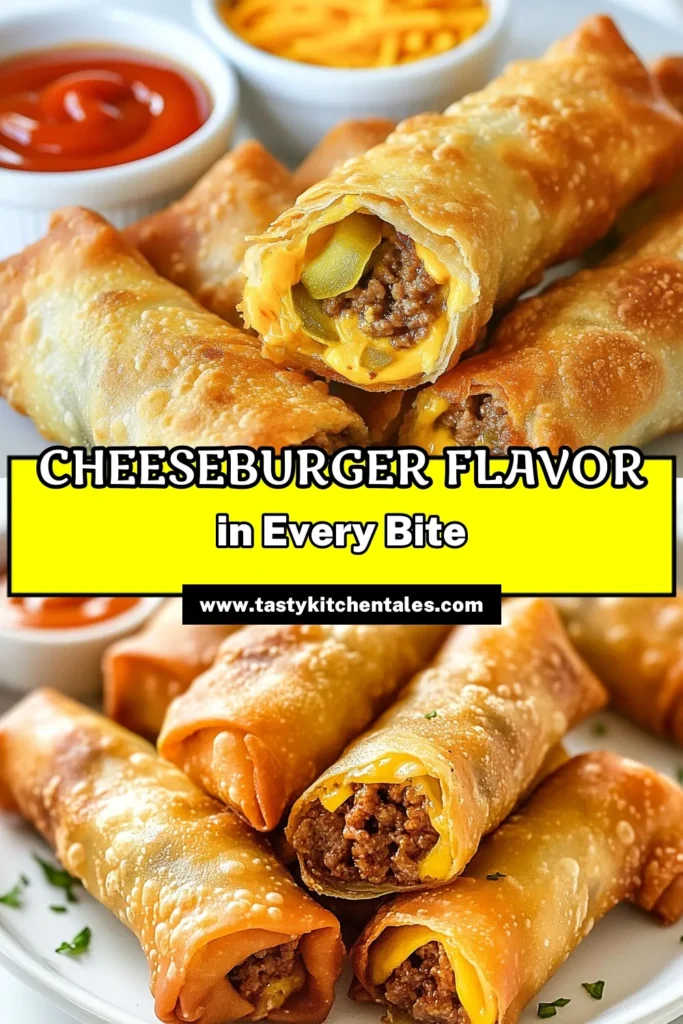 Craving a tasty twist on classic flavors? Try these delicious cheeseburger egg rolls! This savory egg roll recipe combines ground beef, sharp cheddar cheese, and tangy pickles for the ultimate snack. Perfect as ground beef appetizers or cheddar cheese snacks, these deep-fried egg rolls are sure to impress. Get ready to elevate your party food game! Click save for your next gathering! #CheeseburgerEggRolls #SavorySnacks #AppetizerRecipes #DeepFriedGoodness