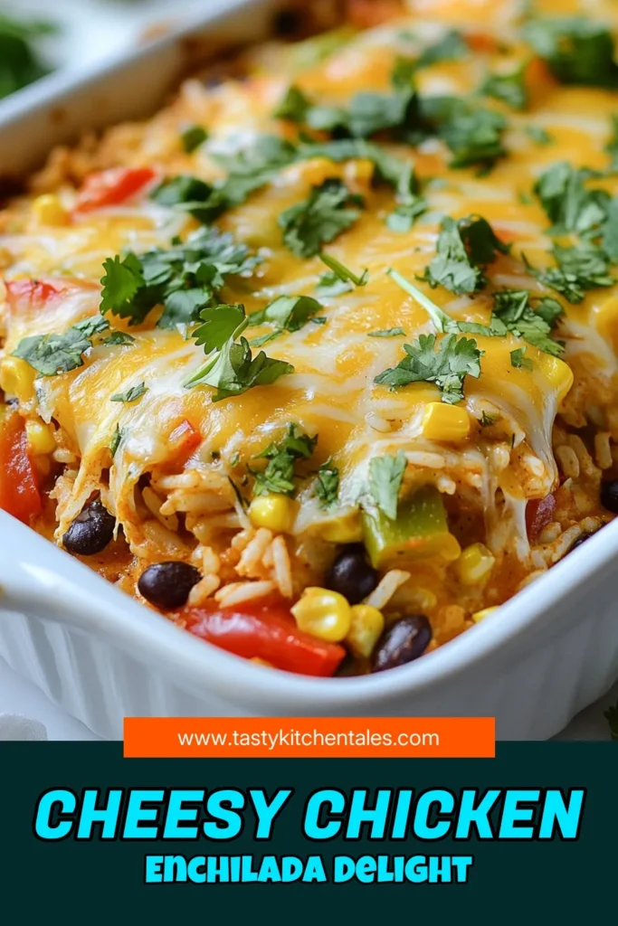 Indulge in this Cheesy Chicken Enchilada Rice Casserole, an easy chicken casserole recipe perfect for busy weeknights. This one-pot enchilada casserole combines rotisserie chicken, vibrant veggies, and a creamy cheese topping for a dish your family will love. Quick to prepare and loaded with flavor, it's ideal for meal prep or a cozy dinner. Try it today and elevate your baked rice casseroles game! Save this recipe! #CasseroleRecipes #ChickenRecipes #Enchiladas #EasyDinners