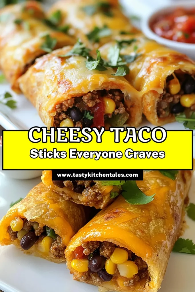 Looking for a delicious Cheesy Taco Sticks recipe that's perfect for any occasion? These easy taco snacks make a great appetizer or party dish! Using pizza dough, you can create mouthwatering ground beef taco sticks stuffed with cheese, black beans, and more. This cheesy appetizer idea is quick to prepare and sure to impress! Dive into this tasty pizza dough taco recipe today and enjoy every bite. Save for later! #CheesyTacoSticks #TacoSnacks #Appetizers #EasyRecipes