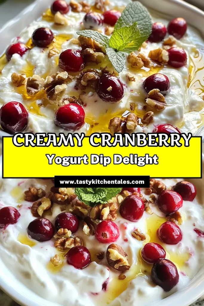 Discover the perfect Creamy Greek yogurt recipe with this delightful Cranberry yogurt dip! This healthy cranberry dessert combines plain Greek yogurt, fresh or dried cranberries, honey, and crunchy walnuts for an easy yogurt snack that's sure to impress. Whether for a party or a quick treat, this dip is both nutritious and delicious. Try this simple recipe today and elevate your snacking game! Save for later! #GreekYogurt #CranberryDip #HealthyDessert #EasySnack