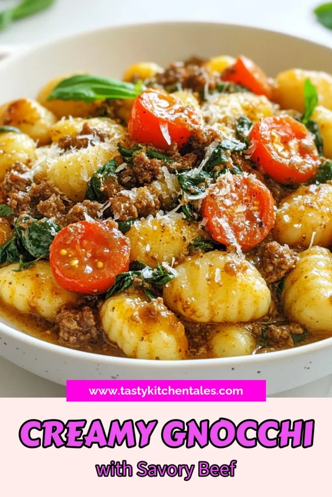 Indulge in this creamy beef gnocchi recipe that brings together rich flavors in just 30 minutes! Perfect for busy weeknights, this ground beef recipe combines gnocchi with beef, spinach, and a delightful creamy sauce, making it one of the best easy gnocchi dishes out there. Serve this creamy Italian pasta topped with Parmesan for a comforting meal. Save this recipe for a delicious dinner! #CreamyBeefGnocchi #GroundBeefRecipes #EasyGnocchiDishes #CreamyItalianPasta