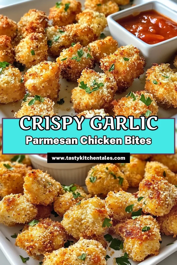 Discover the ultimate crowd-pleaser with these Garlic Parmesan Chicken Bites! Perfect for any gathering, these Easy Chicken Appetizers combine crispy Panko chicken and rich garlic flavors in a delicious baked chicken bites recipe. Ready in just 35 minutes, they make irresistible garlic chicken snacks that everyone will love. Don't miss out on this tasty treat—save it for your next party! #GarlicParmesanChickenBites #EasyChickenAppetizers #CrispyPankoChicken #GarlicChickenSnacks