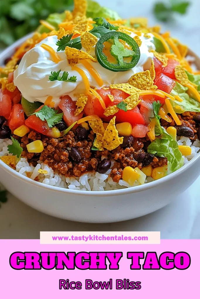 Create a delightful Doritos Taco Rice Bowl with this easy Crunchy Taco Rice Recipe! This Easy Ground Beef Bowl combines flavorful beef, black beans, corn, and cheesy goodness, topped with crunchy Doritos for the perfect Tex-Mex Rice Bowl experience. Ready in just 30 minutes, it’s a family favorite. Don’t miss out on this tasty Taco Rice Bowl with Doritos! Pin this recipe for later! #TacoRiceBowl #EasyDinner #TexMex #DoritosRecipe