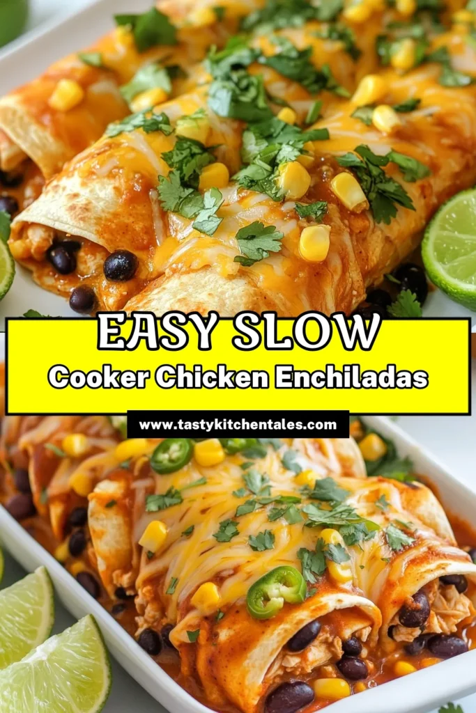 Discover the ultimate comfort food with this slow cooker chicken enchiladas recipe. These easy chicken enchiladas combine tender chicken, healthy black beans, and cheesy goodness for a satisfying meal any night. Perfect for quick weeknight dinners, this recipe ensures delicious, cheesy chicken enchiladas are just a few hours away. Try it today and enjoy a hearty meal your family will love! Save this recipe! #SlowCookerChickenEnchiladas #EasyChickenEnchiladas #HealthyEnchiladas #CheesyChickenEnchiladas