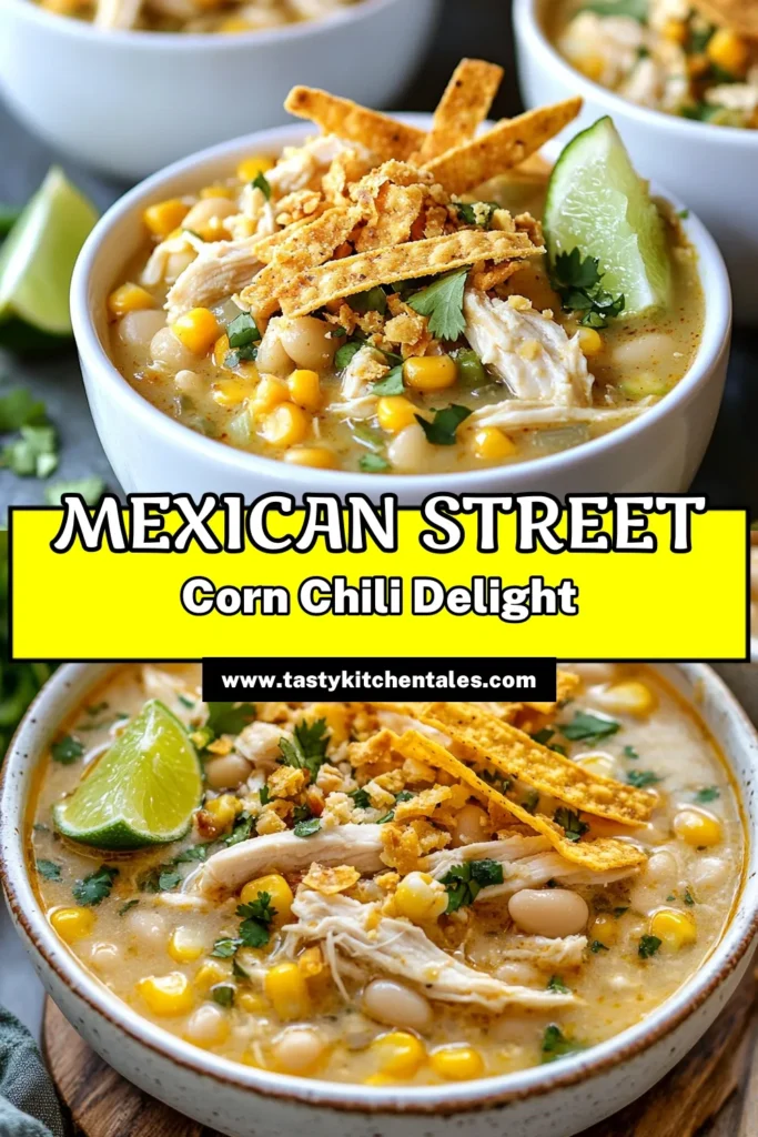 Savor the delicious flavors of Mexican Street Corn White Chicken Chili with this creamy chili with corn that's perfect for any meal. This white chicken chili recipe combines tender chicken, corn, and white beans for a hearty corn and chicken soup experience. Top it off with crumbled cojita cheese for an unforgettable taste. Try this comforting dish today and elevate your dinner game! #MexicanStreetCornChili #WhiteChickenChiliRecipe #CornAndChickenSoup #CojitaCheeseChili