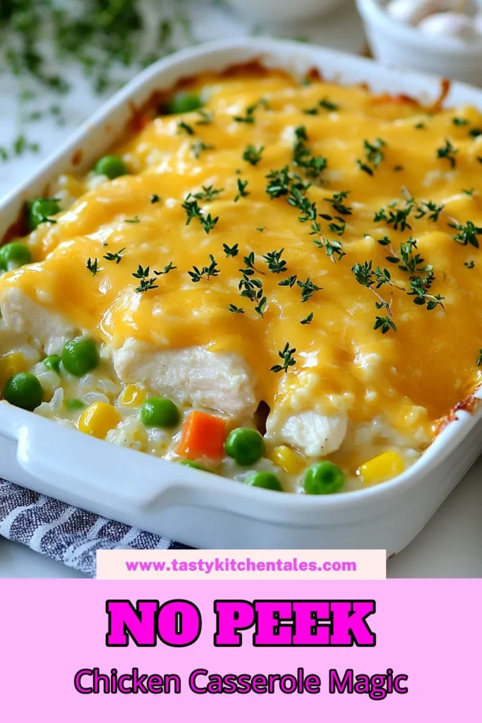 Discover the ultimate comfort food with this No-Peek Chicken Casserole! This easy chicken casserole recipe combines creamy chicken and rice with tender chicken breasts and mixed vegetables, all in one pot. Perfect for busy weeknights, this cheesy chicken casserole is sure to please the whole family. Try it today and let the flavors meld perfectly with minimal effort! Save this recipe for your next cozy dinner. #NoPeekChickenCasserole #EasyChickenCasseroleRecipe #CreamyChickenAndRice #OnePotChickenCasserole