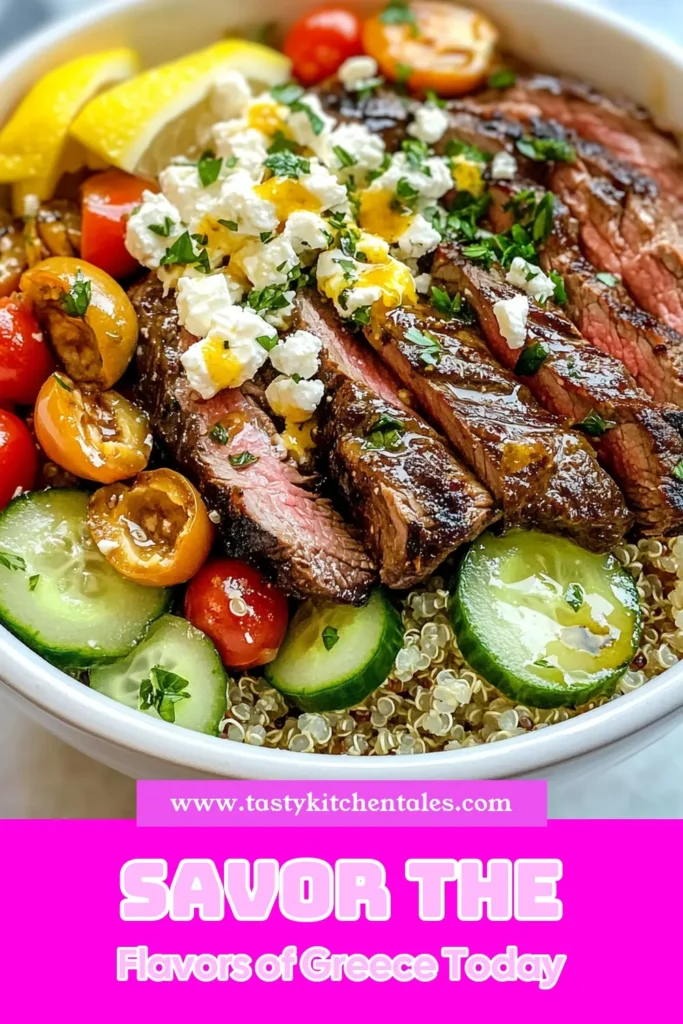Discover the ultimate Mediterranean steak bowl recipe with this delicious quinoa power bowl! Featuring grilled flank steak salad, fresh veggies, and crumbled feta cheese Mediterranean bowl topped with creamy tahini sauce, this dish is both nutritious and satisfying. Perfect for meal prep or a family dinner. Try this flavorful recipe today and elevate your weeknight meals! Don't forget to save for later! #MediterraneanRecipe #PowerBowls #HealthyEating #TahiniSauceRecipes