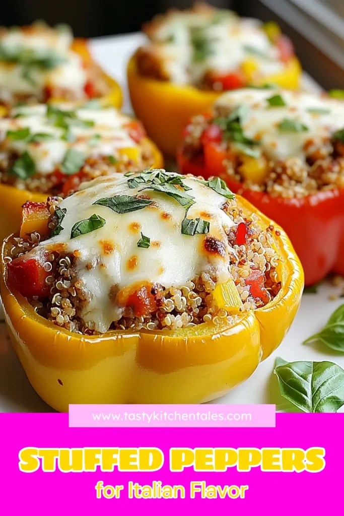 Discover the deliciousness of Italian stuffed peppers with this healthy bell pepper recipe! Packed with quinoa and ground turkey, these quinoa stuffed bell peppers are a satisfying and nutritious meal. This easy baked stuffed peppers recipe combines fresh ingredients for a comforting dish. Perfect for family dinners or meal prep! Get ready to indulge in flavors and save this recipe for later! #ItalianStuffedPeppers #HealthyRecipes #GroundTurkeyStuffedPeppers #QuinoaStuffedPeppers