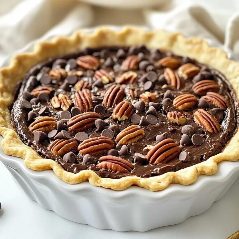 Here is what you need for Texas Chocolate Pecan Pie: - 1 pre-made pie crust (9 inches) - 1 cup pecans, toasted and chopped - 1 cup semi-sweet chocolate chips - 3/4 cup granulated sugar - 1/4 cup packed brown sugar - 1/2 cup light corn syrup - 3 large eggs - 1/4 cup unsalted butter, melted - 1 teaspoon vanilla extract - 1/4 teaspoon salt - Additional chocolate chips and pecans for topping Each ingredient plays a key role. The pre-made crust saves time and gives a nice base. The pecans add a crunchy texture. The chocolate chips bring rich sweetness. Both sugars enhance the flavor and sweetness of the filling. The corn syrup binds everything together. Eggs provide structure and creaminess. Butter adds richness, while vanilla boosts the pie's aroma. Finally, the salt balances all the flavors. Feel free to adjust the amount of chocolate chips and pecans on top. This customization makes the pie your own. The result? A dessert that is hard to resist! Enjoy making this pie and tasting every bite. {{ingredient_image_2}} First, preheat your oven to 350°F (175°C). This step is key for a perfect bake. Next, take your pre-made pie crust and fit it into a 9-inch pie pan. Use a fork to poke small holes in the bottom. This helps the crust not bubble during baking. In a large mixing bowl, add 3/4 cup granulated sugar, 1/4 cup brown sugar, and 1/2 cup light corn syrup. Pour in 1/4 cup melted unsalted butter and 1 teaspoon vanilla extract. Whisk it all together until smooth. The mixture should look glossy and well combined. Now, crack 3 large eggs into the bowl, adding them one at a time. Mix well after each egg. This helps the filling become creamy. Don't forget to add 1/4 teaspoon salt for flavor balance. Gently fold in 1 cup of toasted, chopped pecans and 1 cup of semi-sweet chocolate chips. Be careful not to overmix. You want the pecans and chocolate evenly spread in the filling. Carefully pour your chocolate pecan filling into the prepared pie crust. For a pretty finish, sprinkle some extra chocolate chips and chopped pecans on top. This adds a nice touch! Place the pie in the center of the preheated oven. Bake it for 50 to 55 minutes. The pie is done when the filling is firm in the center and the edges are golden brown. Once baked, take the pie out of the oven and set it on a wire rack. Let it cool for at least 1 hour. This cooling time helps the filling set, making it easier to slice. Enjoy your delicious Texas Chocolate Pecan Pie! When making Texas Chocolate Pecan Pie, some mistakes can spoil the fun. Here are a few to watch for: - Overbaking: This can dry out your pie. Check it at 50 minutes. - Not cooling properly: Let it cool for at least an hour. This helps the filling set. - Skipping the fork holes: Poking holes in the crust stops bubbles. Don't skip this step! A great crust makes the pie shine. Here are tips for a tasty, flaky crust: - Use a pre-made crust: It saves time and still tastes good. - Poke holes: As mentioned, this prevents bubbles. Use a fork to poke several holes. - Chill the crust: If you have time, chill it for 30 minutes. This helps keep it flaky. Serve your pie with flair! Here are some tasty ideas: - Whipped cream: A dollop on each slice adds creaminess. - Ice cream: Vanilla ice cream balances the rich chocolate. - Extra toppings: Sprinkle chocolate chips or pecans on top for a nice touch. These simple tips will help you enjoy Texas Chocolate Pecan Pie to the fullest! Pro Tips Use Fresh Pecans: For the best flavor, toast your pecans just before using them. This enhances their nuttiness and adds a wonderful crunch to your pie. Don't Overbake: Keep a close eye on your pie as it bakes. Overbaking can lead to a dry filling. The pie should be set but still slightly jiggly in the center when you take it out. Cool Completely: Allow the pie to cool completely before slicing. This helps the filling to set properly, making it easier to cut clean slices. Serve with a Twist: Elevate your pie by serving it with a scoop of vanilla ice cream or a dollop of whipped cream, providing a delightful contrast to the rich chocolate filling. {{image_4}} You can switch things up with dark chocolate. Use one cup of dark chocolate chips instead of semi-sweet. This change adds a rich flavor that pairs well with pecans. Another fun twist is to add bourbon. Mix in two tablespoons of bourbon with the filling. This ingredient boosts the pie's complexity and gives it a warm, inviting taste. If you need a gluten-free pie, look for a gluten-free crust. Many stores sell ready-made gluten-free options. Check the label to ensure it fits your needs. The filling remains the same and tastes just as great. To make this pie vegan, swap the eggs for flax eggs. Mix one tablespoon of ground flaxseed with three tablespoons of water for each egg. Let it sit for a few minutes until it thickens. Use vegan butter in place of unsalted butter for a creamy texture. You can also choose dairy-free chocolate chips for a fully vegan treat. Store leftover Texas chocolate pecan pie in an airtight container. Keep it in the fridge for up to four days. Make sure to cover it well to prevent it from drying out. If you want to enjoy it later, refrigerating it is your best bet. To freeze the pie, let it cool completely first. Wrap it tightly in plastic wrap, then place it in a freezer-safe bag. This method helps keep the flavors fresh. You can freeze it for up to three months. When you're ready to eat, just thaw it in the fridge overnight. Reheat your pie in the oven for the best taste. Preheat the oven to 350°F (175°C). Place the pie on a baking sheet and cover it with foil. Heat for about 15-20 minutes until warm. This method helps keep the crust crisp and the filling creamy. Enjoy your pie warm with a scoop of ice cream or whipped cream! You can tell the pie is done when the center is firm but not jiggly. The edges should be a nice golden brown. A toothpick inserted in the center should come out mostly clean. If you see a bit of chocolate, that’s okay! Yes, you can make this pie a day ahead. Just let it cool completely after baking. Once cool, cover it with plastic wrap and store it in the fridge. This way, the flavors will deepen. I love to serve this pie with a dollop of whipped cream or a scoop of vanilla ice cream. The cold treats balance the warm, rich pie. You could also add caramel sauce for extra sweetness. For the best Texas Chocolate Pecan Pie, try local bakeries or diners in Texas. Many places make their own versions. You can also find great recipes online to try at home. To keep the filling from being runny, make sure you bake it long enough. Let it cool completely before slicing. The cooling time is key for the filling to set properly. Also, using fresh eggs helps create a firmer filling. This blog post covered how to make a Texas Chocolate Pecan Pie from scratch. We discussed essential ingredients, detailed baking steps, and helpful tips. I also shared variations for different diets and how to store leftovers properly. In summary, making this pie is straightforward and rewarding. With the right ingredients and a few tricks, your pie will impress everyone. Enjoy every slice of this delicious dessert!