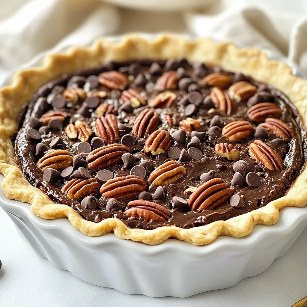Here is what you need for Texas Chocolate Pecan Pie: - 1 pre-made pie crust (9 inches) - 1 cup pecans, toasted and chopped - 1 cup semi-sweet chocolate chips - 3/4 cup granulated sugar - 1/4 cup packed brown sugar - 1/2 cup light corn syrup - 3 large eggs - 1/4 cup unsalted butter, melted - 1 teaspoon vanilla extract - 1/4 teaspoon salt - Additional chocolate chips and pecans for topping Each ingredient plays a key role. The pre-made crust saves time and gives a nice base. The pecans add a crunchy texture. The chocolate chips bring rich sweetness. Both sugars enhance the flavor and sweetness of the filling. The corn syrup binds everything together. Eggs provide structure and creaminess. Butter adds richness, while vanilla boosts the pie's aroma. Finally, the salt balances all the flavors. Feel free to adjust the amount of chocolate chips and pecans on top. This customization makes the pie your own. The result? A dessert that is hard to resist! Enjoy making this pie and tasting every bite. {{ingredient_image_2}} First, preheat your oven to 350°F (175°C). This step is key for a perfect bake. Next, take your pre-made pie crust and fit it into a 9-inch pie pan. Use a fork to poke small holes in the bottom. This helps the crust not bubble during baking. In a large mixing bowl, add 3/4 cup granulated sugar, 1/4 cup brown sugar, and 1/2 cup light corn syrup. Pour in 1/4 cup melted unsalted butter and 1 teaspoon vanilla extract. Whisk it all together until smooth. The mixture should look glossy and well combined. Now, crack 3 large eggs into the bowl, adding them one at a time. Mix well after each egg. This helps the filling become creamy. Don't forget to add 1/4 teaspoon salt for flavor balance. Gently fold in 1 cup of toasted, chopped pecans and 1 cup of semi-sweet chocolate chips. Be careful not to overmix. You want the pecans and chocolate evenly spread in the filling. Carefully pour your chocolate pecan filling into the prepared pie crust. For a pretty finish, sprinkle some extra chocolate chips and chopped pecans on top. This adds a nice touch! Place the pie in the center of the preheated oven. Bake it for 50 to 55 minutes. The pie is done when the filling is firm in the center and the edges are golden brown. Once baked, take the pie out of the oven and set it on a wire rack. Let it cool for at least 1 hour. This cooling time helps the filling set, making it easier to slice. Enjoy your delicious Texas Chocolate Pecan Pie! When making Texas Chocolate Pecan Pie, some mistakes can spoil the fun. Here are a few to watch for: - Overbaking: This can dry out your pie. Check it at 50 minutes. - Not cooling properly: Let it cool for at least an hour. This helps the filling set. - Skipping the fork holes: Poking holes in the crust stops bubbles. Don't skip this step! A great crust makes the pie shine. Here are tips for a tasty, flaky crust: - Use a pre-made crust: It saves time and still tastes good. - Poke holes: As mentioned, this prevents bubbles. Use a fork to poke several holes. - Chill the crust: If you have time, chill it for 30 minutes. This helps keep it flaky. Serve your pie with flair! Here are some tasty ideas: - Whipped cream: A dollop on each slice adds creaminess. - Ice cream: Vanilla ice cream balances the rich chocolate. - Extra toppings: Sprinkle chocolate chips or pecans on top for a nice touch. These simple tips will help you enjoy Texas Chocolate Pecan Pie to the fullest! Pro Tips Use Fresh Pecans: For the best flavor, toast your pecans just before using them. This enhances their nuttiness and adds a wonderful crunch to your pie. Don't Overbake: Keep a close eye on your pie as it bakes. Overbaking can lead to a dry filling. The pie should be set but still slightly jiggly in the center when you take it out. Cool Completely: Allow the pie to cool completely before slicing. This helps the filling to set properly, making it easier to cut clean slices. Serve with a Twist: Elevate your pie by serving it with a scoop of vanilla ice cream or a dollop of whipped cream, providing a delightful contrast to the rich chocolate filling. {{image_4}} You can switch things up with dark chocolate. Use one cup of dark chocolate chips instead of semi-sweet. This change adds a rich flavor that pairs well with pecans. Another fun twist is to add bourbon. Mix in two tablespoons of bourbon with the filling. This ingredient boosts the pie's complexity and gives it a warm, inviting taste. If you need a gluten-free pie, look for a gluten-free crust. Many stores sell ready-made gluten-free options. Check the label to ensure it fits your needs. The filling remains the same and tastes just as great. To make this pie vegan, swap the eggs for flax eggs. Mix one tablespoon of ground flaxseed with three tablespoons of water for each egg. Let it sit for a few minutes until it thickens. Use vegan butter in place of unsalted butter for a creamy texture. You can also choose dairy-free chocolate chips for a fully vegan treat. Store leftover Texas chocolate pecan pie in an airtight container. Keep it in the fridge for up to four days. Make sure to cover it well to prevent it from drying out. If you want to enjoy it later, refrigerating it is your best bet. To freeze the pie, let it cool completely first. Wrap it tightly in plastic wrap, then place it in a freezer-safe bag. This method helps keep the flavors fresh. You can freeze it for up to three months. When you're ready to eat, just thaw it in the fridge overnight. Reheat your pie in the oven for the best taste. Preheat the oven to 350°F (175°C). Place the pie on a baking sheet and cover it with foil. Heat for about 15-20 minutes until warm. This method helps keep the crust crisp and the filling creamy. Enjoy your pie warm with a scoop of ice cream or whipped cream! You can tell the pie is done when the center is firm but not jiggly. The edges should be a nice golden brown. A toothpick inserted in the center should come out mostly clean. If you see a bit of chocolate, that’s okay! Yes, you can make this pie a day ahead. Just let it cool completely after baking. Once cool, cover it with plastic wrap and store it in the fridge. This way, the flavors will deepen. I love to serve this pie with a dollop of whipped cream or a scoop of vanilla ice cream. The cold treats balance the warm, rich pie. You could also add caramel sauce for extra sweetness. For the best Texas Chocolate Pecan Pie, try local bakeries or diners in Texas. Many places make their own versions. You can also find great recipes online to try at home. To keep the filling from being runny, make sure you bake it long enough. Let it cool completely before slicing. The cooling time is key for the filling to set properly. Also, using fresh eggs helps create a firmer filling. This blog post covered how to make a Texas Chocolate Pecan Pie from scratch. We discussed essential ingredients, detailed baking steps, and helpful tips. I also shared variations for different diets and how to store leftovers properly. In summary, making this pie is straightforward and rewarding. With the right ingredients and a few tricks, your pie will impress everyone. Enjoy every slice of this delicious dessert!