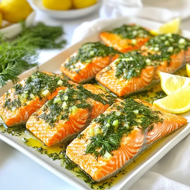 - 4 salmon fillets (6 oz each) - 4 cloves garlic, finely minced - 1/4 cup extra-virgin olive oil - 1 tablespoon fresh lemon juice - 1 teaspoon lemon zest - Fresh herbs: 2 tablespoons parsley, 1 tablespoon dill - 1 teaspoon dried oregano - Salt and black pepper, to taste - Lemon wedges for serving The main ingredients for Marry Me Herb Garlic Salmon are simple yet flavorful. Salmon fillets are rich in omega-3 fatty acids, which support heart health. Garlic adds a punch of flavor while also bringing health benefits, like boosting the immune system. The extra-virgin olive oil is not only healthy but also helps create a lovely crust on the salmon when baked. To enhance the flavor, I use fresh lemon juice and lemon zest. The zest adds a bright citrus note that pairs perfectly with the rich salmon. Fresh herbs like parsley and dill bring color and freshness, making the dish more appealing. Seasonings include dried oregano, salt, and black pepper. They balance the flavors and highlight the natural taste of the salmon. Lemon wedges are perfect for serving, adding a fresh squeeze of juice just before eating. {{ingredient_image_2}} - Preheat oven to 400°F (200°C). - Line a baking sheet with parchment paper for easy cleanup. - In a bowl, combine olive oil, minced garlic, lemon juice, lemon zest, chopped parsley, chopped dill, dried oregano, salt, and black pepper. - Whisk until well blended. The mix should smell bright and fresh. - Place salmon fillets skin-side down on the baking sheet. - Generously coat each fillet with the herb garlic mixture. Make sure every bit is covered for great flavor. - Bake the salmon in the preheated oven for 12 to 15 minutes. - The salmon is done when it flakes easily with a fork and looks opaque. - Let the salmon rest for 1 minute before serving. This helps the flavors deepen. To ensure your salmon is evenly coated, use a brush or spoon. Apply the herb garlic mixture to all sides of each fillet. This way, every bite will burst with flavor. When checking for doneness, look for flakiness and opacity. The salmon should easily flake apart with a fork. If it looks opaque throughout, it’s good to go! For a beautiful plate, decorate with fresh herbs and lemon wedges. Place the baked salmon on a nice platter. Garnish with extra sprigs of parsley and dill for color. Arrange lemon wedges around the salmon. Drizzle any leftover sauce artfully around the plate. This adds a lovely touch and enhances the dish's appeal. For side dishes, serve the salmon with rice or steamed vegetables. Both options complement the flavors well. For a drink, consider a crisp white wine, like Sauvignon Blanc. Its acidity pairs nicely with the rich salmon and bright herbs. Enjoy your meal with great sides and a refreshing drink! Pro Tips Fresh Ingredients Matter: Always use fresh herbs and high-quality salmon for the best flavor and texture. Don’t Overcook: Salmon is best when it’s slightly undercooked in the center; it will continue to cook from residual heat. Experiment with Herbs: Feel free to mix in other herbs like tarragon or basil to give a unique twist to the flavor profile. Serve with Sides: Pair the salmon with roasted vegetables or a light salad to complement the dish beautifully. {{image_4}} You can change the flavor with different marinades. A honey mustard glaze adds a sweet twist. Mix honey, mustard, and a bit of olive oil. Brush it on your salmon before baking. Another option is a spicy sriracha garlic sauce. Combine sriracha, minced garlic, and olive oil. This sauce gives your salmon a bold kick. Brush it on just like the herb garlic mix. You can also try grilling the salmon. Heat your grill and cook the fillets for about 5-6 minutes on each side. This method gives a smoky flavor and beautiful grill marks. Pan-searing is another method. Heat a skillet over medium-high heat and add olive oil. Cook the salmon skin-side down for about 4-5 minutes. Flip it and cook for another 3-4 minutes. This method gives a crispy skin. If you want to switch proteins, use chicken or tofu. For chicken, use thighs or breasts. Marinate them in the same herb garlic mix. Bake them for about 20-25 minutes, or until cooked through. Tofu is great for a plant-based option. Press the tofu to remove excess water. Marinate it like the salmon, then bake for 25-30 minutes. You can also try different fish, like trout or halibut. Adjust the cooking time based on the thickness of the fillets. To keep your leftover Marry Me Herb Garlic Salmon fresh, use an airtight container. This will stop air from drying it out. Make sure to store it in the fridge right after it cools down. You can keep the salmon for up to three days. After that, the taste may not be as good. When reheating salmon, the goal is to keep it moist. The best way is to use the oven. Preheat it to 275°F (135°C). Place your salmon on a baking sheet and cover it with foil. Heat it for about 15 minutes. This will warm it up without drying it out. If you want to save some salmon for later, freezing is a great choice. First, wrap each fillet tightly in plastic wrap. Then, place them in a freezer bag. This helps prevent freezer burn. You can freeze it for up to three months. When you are ready to eat it, thaw the salmon in the fridge overnight. For best quality, avoid using a microwave to thaw. To check if salmon is cooked right, look for a few signs. First, see if the salmon flakes easily with a fork. This means it's done. The color should be opaque, not translucent. Use a meat thermometer if you like. It should read 145°F (63°C) in the thickest part. You can pair this dish with many sides. Rice or quinoa works well. Try roasted vegetables for a healthy option. A fresh salad with lemon dressing can add a nice crunch. Garlic bread is a great choice, too. It soaks up all the tasty juices! Yes, you can swap fresh herbs for dried ones. Use one-third of the amount. For instance, if the recipe calls for 2 tablespoons of fresh parsley, use about 2 teaspoons of dried. Dried herbs are stronger, so less is more. Mix them well into the oil for best flavor. This recipe is great for meal prep! Cook the salmon ahead of time and store it in an airtight container. It keeps well in the fridge for about 3 days. To reheat, use a low oven or microwave to avoid drying it out. Enjoy easy meals all week long! This blog post covered how to make delicious Marry Me Herb Garlic Salmon. You learned about the key ingredients, step-by-step instructions, and helpful tips. You saw variations to keep meals fresh and fun. Proper storage and reheating advice helps you enjoy leftovers too. Cooking doesn’t have to be hard. With simple steps, you can impress anyone at your table. Try this recipe and make it your own! Your friends and family will love it.