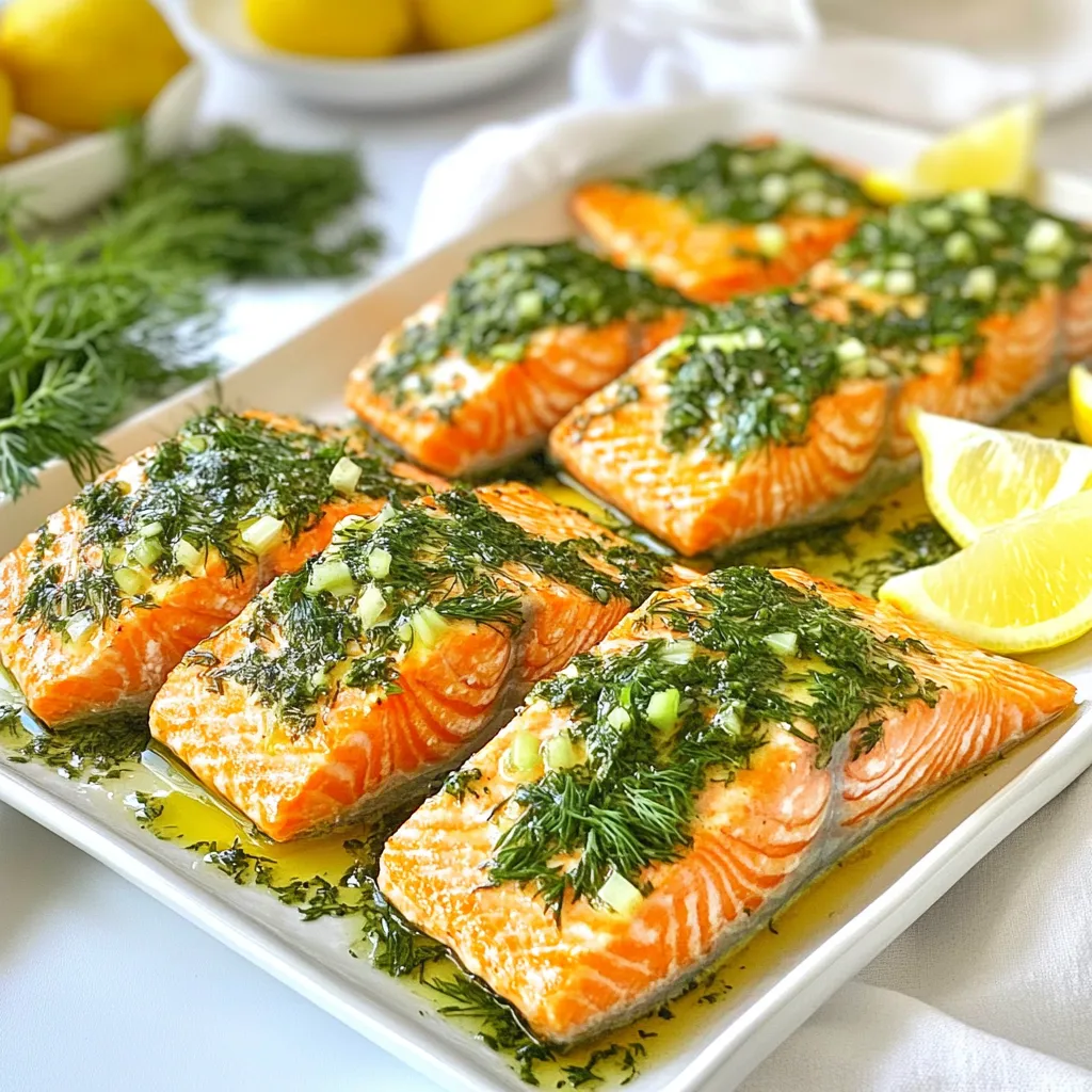 - 4 salmon fillets (6 oz each) - 4 cloves garlic, finely minced - 1/4 cup extra-virgin olive oil - 1 tablespoon fresh lemon juice - 1 teaspoon lemon zest - Fresh herbs: 2 tablespoons parsley, 1 tablespoon dill - 1 teaspoon dried oregano - Salt and black pepper, to taste - Lemon wedges for serving The main ingredients for Marry Me Herb Garlic Salmon are simple yet flavorful. Salmon fillets are rich in omega-3 fatty acids, which support heart health. Garlic adds a punch of flavor while also bringing health benefits, like boosting the immune system. The extra-virgin olive oil is not only healthy but also helps create a lovely crust on the salmon when baked. To enhance the flavor, I use fresh lemon juice and lemon zest. The zest adds a bright citrus note that pairs perfectly with the rich salmon. Fresh herbs like parsley and dill bring color and freshness, making the dish more appealing. Seasonings include dried oregano, salt, and black pepper. They balance the flavors and highlight the natural taste of the salmon. Lemon wedges are perfect for serving, adding a fresh squeeze of juice just before eating. {{ingredient_image_2}} - Preheat oven to 400°F (200°C). - Line a baking sheet with parchment paper for easy cleanup. - In a bowl, combine olive oil, minced garlic, lemon juice, lemon zest, chopped parsley, chopped dill, dried oregano, salt, and black pepper. - Whisk until well blended. The mix should smell bright and fresh. - Place salmon fillets skin-side down on the baking sheet. - Generously coat each fillet with the herb garlic mixture. Make sure every bit is covered for great flavor. - Bake the salmon in the preheated oven for 12 to 15 minutes. - The salmon is done when it flakes easily with a fork and looks opaque. - Let the salmon rest for 1 minute before serving. This helps the flavors deepen. To ensure your salmon is evenly coated, use a brush or spoon. Apply the herb garlic mixture to all sides of each fillet. This way, every bite will burst with flavor. When checking for doneness, look for flakiness and opacity. The salmon should easily flake apart with a fork. If it looks opaque throughout, it’s good to go! For a beautiful plate, decorate with fresh herbs and lemon wedges. Place the baked salmon on a nice platter. Garnish with extra sprigs of parsley and dill for color. Arrange lemon wedges around the salmon. Drizzle any leftover sauce artfully around the plate. This adds a lovely touch and enhances the dish's appeal. For side dishes, serve the salmon with rice or steamed vegetables. Both options complement the flavors well. For a drink, consider a crisp white wine, like Sauvignon Blanc. Its acidity pairs nicely with the rich salmon and bright herbs. Enjoy your meal with great sides and a refreshing drink! Pro Tips Fresh Ingredients Matter: Always use fresh herbs and high-quality salmon for the best flavor and texture. Don’t Overcook: Salmon is best when it’s slightly undercooked in the center; it will continue to cook from residual heat. Experiment with Herbs: Feel free to mix in other herbs like tarragon or basil to give a unique twist to the flavor profile. Serve with Sides: Pair the salmon with roasted vegetables or a light salad to complement the dish beautifully. {{image_4}} You can change the flavor with different marinades. A honey mustard glaze adds a sweet twist. Mix honey, mustard, and a bit of olive oil. Brush it on your salmon before baking. Another option is a spicy sriracha garlic sauce. Combine sriracha, minced garlic, and olive oil. This sauce gives your salmon a bold kick. Brush it on just like the herb garlic mix. You can also try grilling the salmon. Heat your grill and cook the fillets for about 5-6 minutes on each side. This method gives a smoky flavor and beautiful grill marks. Pan-searing is another method. Heat a skillet over medium-high heat and add olive oil. Cook the salmon skin-side down for about 4-5 minutes. Flip it and cook for another 3-4 minutes. This method gives a crispy skin. If you want to switch proteins, use chicken or tofu. For chicken, use thighs or breasts. Marinate them in the same herb garlic mix. Bake them for about 20-25 minutes, or until cooked through. Tofu is great for a plant-based option. Press the tofu to remove excess water. Marinate it like the salmon, then bake for 25-30 minutes. You can also try different fish, like trout or halibut. Adjust the cooking time based on the thickness of the fillets. To keep your leftover Marry Me Herb Garlic Salmon fresh, use an airtight container. This will stop air from drying it out. Make sure to store it in the fridge right after it cools down. You can keep the salmon for up to three days. After that, the taste may not be as good. When reheating salmon, the goal is to keep it moist. The best way is to use the oven. Preheat it to 275°F (135°C). Place your salmon on a baking sheet and cover it with foil. Heat it for about 15 minutes. This will warm it up without drying it out. If you want to save some salmon for later, freezing is a great choice. First, wrap each fillet tightly in plastic wrap. Then, place them in a freezer bag. This helps prevent freezer burn. You can freeze it for up to three months. When you are ready to eat it, thaw the salmon in the fridge overnight. For best quality, avoid using a microwave to thaw. To check if salmon is cooked right, look for a few signs. First, see if the salmon flakes easily with a fork. This means it's done. The color should be opaque, not translucent. Use a meat thermometer if you like. It should read 145°F (63°C) in the thickest part. You can pair this dish with many sides. Rice or quinoa works well. Try roasted vegetables for a healthy option. A fresh salad with lemon dressing can add a nice crunch. Garlic bread is a great choice, too. It soaks up all the tasty juices! Yes, you can swap fresh herbs for dried ones. Use one-third of the amount. For instance, if the recipe calls for 2 tablespoons of fresh parsley, use about 2 teaspoons of dried. Dried herbs are stronger, so less is more. Mix them well into the oil for best flavor. This recipe is great for meal prep! Cook the salmon ahead of time and store it in an airtight container. It keeps well in the fridge for about 3 days. To reheat, use a low oven or microwave to avoid drying it out. Enjoy easy meals all week long! This blog post covered how to make delicious Marry Me Herb Garlic Salmon. You learned about the key ingredients, step-by-step instructions, and helpful tips. You saw variations to keep meals fresh and fun. Proper storage and reheating advice helps you enjoy leftovers too. Cooking doesn’t have to be hard. With simple steps, you can impress anyone at your table. Try this recipe and make it your own! Your friends and family will love it.
