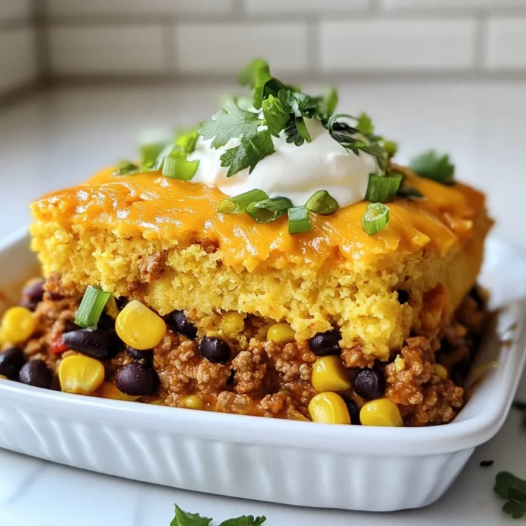 To make Jiffy Cornbread Taco Bake, you will need the following ingredients: - 1 box Jiffy Cornbread Mix - 1 cup shredded sharp cheddar cheese, divided - 1 lb ground beef or turkey - 1 packet taco seasoning - 1 can black beans, drained and rinsed - 1 cup frozen sweet corn - 1 cup salsa (mild or spicy, based on preference) - 1/4 cup chopped fresh green onions - 1/2 cup sour cream (for topping) - Fresh cilantro leaves, for garnish I recommend using sharp cheddar cheese. It adds a bold flavor that pairs well with tacos. You can also try pepper jack for a spicy kick. If you want a milder option, use Monterey Jack cheese. Mixing cheeses can create a unique taste and texture. You can easily swap the ground beef or turkey for other proteins. Shredded chicken works great for this dish. If you prefer a plant-based option, try using lentils or crumbled tofu. Both options give a satisfying texture and flavor. Explore different proteins to find your favorite combination! {{ingredient_image_2}} First, set your oven to preheat at 400°F (200°C). This step is key for cooking the cornbread just right. A hot oven helps create a golden top. Next, grab a large skillet and heat it over medium. Add 1 pound of ground beef or turkey. Use a spatula to break it apart as it cooks. Cook it until it turns brown. Once done, drain any extra grease. Sprinkle in the taco seasoning. Follow the packet instructions for best flavor. Pour in 1/4 cup of water and stir. Let it simmer for about 5 minutes. This allows the spices to blend well with the meat. While the meat cooks, prepare the Jiffy Cornbread Mix. Follow the instructions on the box. In this step, fold in half of the shredded cheddar cheese. This adds a rich flavor to the cornbread. Now, lightly grease a 9x13-inch baking dish. Start by spreading the meat mixture evenly at the bottom. Next, pour salsa over the meat. Spread it out to cover the meat completely. Finally, take the cornbread batter and dollop it on top of the salsa. Carefully spread it out to cover the sauce entirely. Sprinkle the remaining shredded cheddar cheese over the cornbread batter. This will melt into a delicious cheesy layer. Place the baking dish in the oven and bake for 20 to 25 minutes. Keep an eye on it until the top is golden brown. A toothpick should come out clean when inserted in the center. Once baked, take the dish out of the oven. Let it cool for a few minutes. Before serving, add toppings. Generously spoon sour cream on each serving. Then, sprinkle with fresh green onions and cilantro. This adds color and flavor. Serve warm, and enjoy! To get the best texture for your Jiffy Cornbread Taco Bake, avoid overmixing the cornbread batter. Mix it just enough to combine the ingredients. Adding half of the cheese to the batter also makes it extra moist. When baking, watch the time. A golden top means it’s done, but check with a toothpick. If it comes out clean, you're good to go! If you want a meatless meal, swap the beef or turkey for lentils or mushrooms. For a dairy-free option, use almond milk in the cornbread mix and skip the cheese. You can also try a vegan sour cream for topping. Black beans are great, but feel free to use pinto or kidney beans if that's what you have. To spice things up, choose a hot salsa or add diced jalapeños to the meat mixture. If you prefer a milder dish, go for a mild salsa and skip the jalapeños. Adding extra cheese on top can also help cool down the heat. Adjust these ingredients to fit your taste and enjoy the perfect balance! Pro Tips Use Fresh Ingredients: Fresh green onions and cilantro elevate the dish with vibrant flavors and colors. Customize the Spice Level: Adjust the salsa and taco seasoning according to your heat preference for a personalized touch. Leftover Variation: This dish can be repurposed with leftover meats or beans for a quick and easy meal. Cheese Options: Experiment with different types of cheese like pepper jack or Monterey Jack for a unique flavor profile. {{image_4}} You can easily make a vegetarian version of Jiffy Cornbread Taco Bake. Just swap the ground beef or turkey for extra veggies or meat substitutes. For instance, use 1 cup of cooked lentils or 1 cup of crumbled tofu. Add diced bell peppers, zucchini, or mushrooms to the meat mixture. This adds texture and flavor while keeping it meat-free. You can also use a vegetarian taco seasoning. To make this dish gluten-free, simply choose a gluten-free cornbread mix. The Jiffy brand offers a gluten-free option. Make sure to check the taco seasoning for gluten as well. Use beans and corn as your base, and you still get that great taste. This way, everyone can enjoy the dish without worry. Feel free to get creative with the beans in your Jiffy Cornbread Taco Bake. Black beans work well, but you can also use pinto beans, kidney beans, or even chickpeas. Each type of bean brings its unique flavor and texture. Just remember to drain and rinse them before adding to the mix. This small step helps reduce sodium and keeps the dish fresh. After enjoying your Jiffy Cornbread Taco Bake, let it cool down. Store leftovers in an airtight container. Keep them in the fridge for up to four days. If you have a lot, divide them into smaller portions for easy meals later. To reheat, preheat your oven to 350°F (175°C). Place the taco bake in an oven-safe dish. Cover it with foil to keep it moist. Heat for about 15-20 minutes, or until warm throughout. You can also use a microwave. Heat in 30-second bursts, stirring in between, until hot. If you want to freeze it, let the taco bake cool completely. Cut it into portions and wrap each piece in plastic wrap. Place the wrapped pieces in a freezer-safe bag or container. Label it with the date. The taco bake can last up to three months in the freezer. To eat, thaw it in the fridge overnight before reheating. Jiffy Cornbread Taco Bake lasts about 3 to 4 days in the fridge. Make sure to store it in an airtight container. The longer it sits, the more the flavors blend, which can be nice. However, for the best taste, eat it within those few days. Yes, you can make Jiffy Cornbread Taco Bake ahead of time. Cook the meat and mix it with the beans and corn. Store it in the fridge. You can prepare the cornbread layer later. When you're ready, layer it up and bake. This saves time and makes dinner easy. You can serve your taco bake with many tasty sides. Try adding fresh salsa or creamy guacamole. A simple salad with lettuce, tomato, and avocado pairs well, too. You might also like some tortilla chips for crunch. Yes, you can use homemade cornbread if you prefer. Just make sure to prepare it in a way that it is soft and moist. The texture should still be fluffy to fit well with the taco flavors. We covered the key ingredients for the Jiffy Cornbread Taco Bake, including types of cheese and protein options. I provided easy step-by-step instructions to guide you through the cooking process. You also got tips for texture, substitution ideas, and ways to add spice. Variations like vegetarian and gluten-free options can expand your choices. Plus, I shared storage tips to keep your leftovers fresh. This dish is simple, tasty, and versatile. Enjoy experimenting with it!