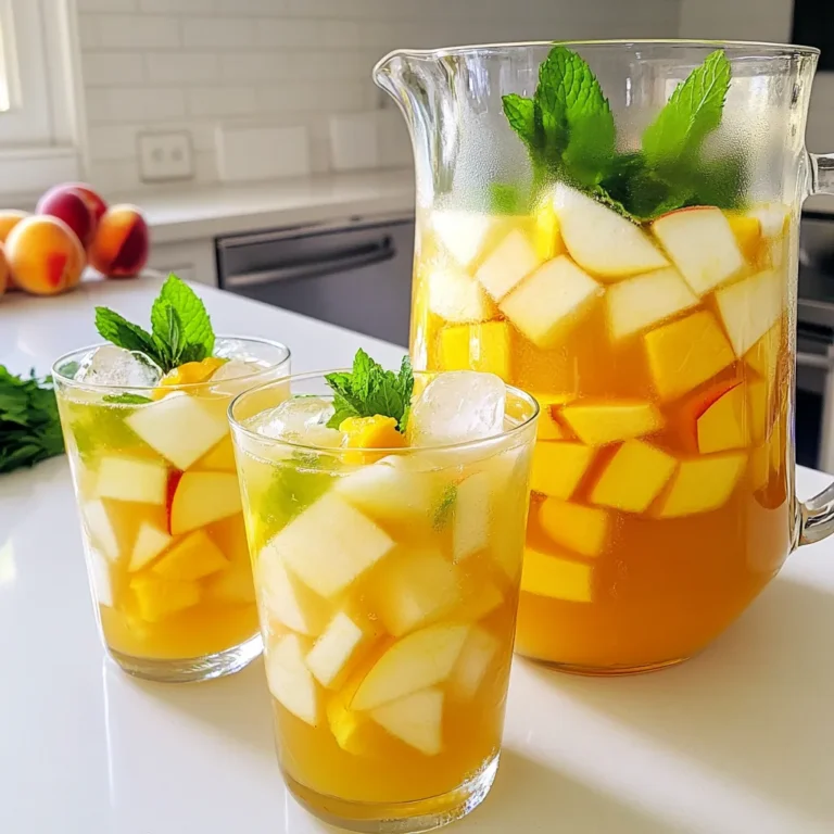 - 2 cups water (for brewing tea) - 2 green tea bags - 1 large apple, cored and diced - 1 large ripe peach, pitted and diced - 1/4 cup honey (to taste) - 1/2 cup freshly squeezed lemon juice (about 2-3 lemons) - 2 cups cold water (for dilution) - Ice cubes for serving - Fresh mint leaves for garnish This drink is bright and lively. You will love how the apple and peach blend with green tea. The honey adds just the right touch of sweetness. Fresh lemon juice gives it a nice zing. The mint leaves are not just for looks. They bring a fresh smell to each sip. You can even float some fruit slices in your drink. It makes the drink look pretty and taste even better. Gather these ingredients, and you’re ready to make a refreshing drink! - Heat 2 cups of water until boiling. - Steep green tea bags for 5 minutes, then cool. Brewing green tea is easy. Start by boiling water in a saucepan. Once it bubbles, remove it from heat. Add the green tea bags right away. Let them sit for 5 minutes. This time lets the tea release its flavor. After 5 minutes, take out the tea bags. Now, let the tea cool to room temperature. This step is key for mixing later. - Blend diced apple and peach until smooth. - Strain the mixture through a fine mesh sieve. Next, grab your fruit. Cut the apple and peach into small chunks. Toss them in a blender. Blend until the mixture is completely smooth. If it gets too thick, add a bit of the cooled tea. It helps everything blend well. After blending, use a fine mesh sieve. Pour the fruit mixture through it into a pitcher. Press down with a spatula to get all the juice. Leave the solids behind. - Add cooled green tea, honey, and lemon juice to fruit juice. - Stir in 2 cups of cold water and adjust sweetness. Now, we combine everything. Pour the cooled green tea into the fruit juice. Add honey for sweetness. Fresh lemon juice brightens the flavor. Stir well until the honey dissolves. Next, add 2 cups of cold water. Mix it all together. Taste the lemonade. If you want it sweeter, add more honey. Stir again to blend everything. This mixture is looking and tasting great! To make your Apple Peach Green Tea Lemonade just right, start with the honey. You can change the amount based on how sweet you want it. I like to taste as I go. It's fun to find that perfect balance. Fresh lemon juice is a must. It gives the drink a bright, zesty flavor. Always use fresh lemons if you can. The taste is way better than bottled juice. When serving, use clear glasses. This way, everyone can see the pretty color of your drink. It looks so inviting! You can also add slices of apple and peach on top. They make the drink look fancy. A few mint leaves on top add a nice touch and a fresh smell. Your friends and family will love it! {{image_4}} You can switch up the fruit in this drink. Add strawberries or raspberries for a berry twist. These berries will give your lemonade a bright color and sweet taste. Another option is to use lime juice instead of lemon juice. This will add a tangy kick and a fun new flavor. You can mix and match these fruits to find your favorite combination! Not a fan of honey? No problem! You can use agave nectar instead. It has a mild flavor that blends well. Maple syrup is another great option. It adds a warm and unique taste. Try these sweeteners to make your drink even more special! You can store the Apple Peach Green Tea Lemonade in your fridge. It stays fresh for up to 3 days. Just keep it in a sealed pitcher. This way, you can enjoy it whenever you want! If you want to save some for later, freeze the lemonade in ice cube trays. These cubes work great in drinks. When you want a quick refresher, pop a few cubes into a glass of water or tea. This will keep your drinks cool and add flavor at the same time! You can use herbal teas or white tea as alternatives. Both options bring unique flavors. Herbal teas add a fruity note, while white tea offers a lighter taste. Feel free to experiment with your favorite blends. Yes, you can prepare the mixture up to 24 hours in advance. Just store it in the fridge. This way, all the flavors blend nicely. It makes for a quick and easy drink when friends come over. Serve it chilled over ice with fresh garnishes. This drink looks great in clear glasses. Add mint leaves or slices of apple and peach for a pop of color. Enjoying it this way enhances the refreshment. This blog post guided you through a refreshing green tea fruit drink. We covered the ingredients, from green tea to your favorite fruits. You learned step-by-step instructions for brewing and mixing, plus tips to enhance the flavor. I shared storage options and answered common questions for your convenience. Experiment with different fruits and sweeteners to make it your own. Enjoy your drink and stay cool!