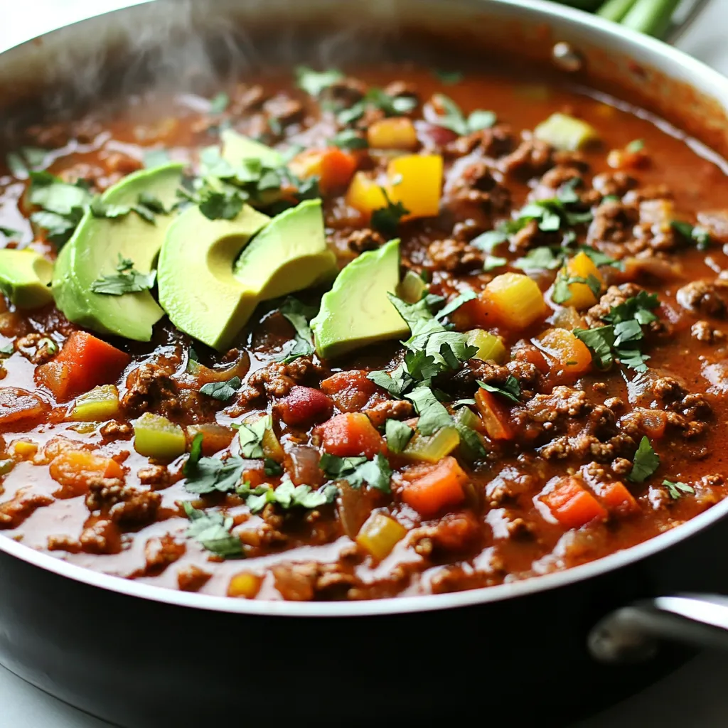 To make a great Whole30 Paleo chili, you need a few key ingredients: - 1 lb ground beef or ground turkey - 1 medium onion, finely diced - 3 cloves garlic, minced - 1 bell pepper, diced - 1 can (14 oz) diced tomatoes, with no added sugar - 1 can (14 oz) tomato sauce, no added sugar - 2 tablespoons chili powder - 2 teaspoons ground cumin - 1 teaspoon smoked paprika - 1 teaspoon dried oregano - ½ teaspoon salt, or to taste - ½ teaspoon black pepper, or to taste - 1 tablespoon olive oil - 1 cup vegetable broth, low sodium preferred These ingredients create a solid base for rich and hearty chili. The ground meat gives the chili protein, while the vegetables add texture and flavor. The spices bring warmth and depth, making each bite delicious. While the main ingredients create a tasty dish, optional items can enhance your chili: - 1 can (15 oz) kidney beans or black beans (optional for strict Whole30) - Sliced green onions - Avocado slices - Chopped cilantro Beans add fiber and protein. Green onions, avocado, and cilantro provide fresh flavors and healthy fats. They can make your chili more filling and vibrant. If you have dietary needs, you can swap some ingredients: - Use leaner ground turkey for a lighter option. - Substitute diced tomatoes with fresh tomatoes for a homemade taste. - Replace vegetable broth with homemade chicken broth if desired. These swaps keep the chili healthy while catering to your taste. Always check labels for added sugars if you're on Whole30. Enjoy experimenting with flavors while sticking to your dietary goals! {{ingredient_image_2}} To make Whole30 Paleo Chili, start with a large pot. Heat olive oil over medium heat. When the oil shines, add diced onion and bell pepper. Sauté these for about 5 minutes. You want the onion to look soft and clear. Then, add minced garlic and cook for 1-2 minutes. Stir it often until the garlic smells good and turns a light gold. Next, add ground beef or turkey. Use a spatula to break the meat into small pieces. Cook for 6-8 minutes, stirring now and then. The meat should turn brown and be fully cooked. After that, sprinkle in chili powder, cumin, smoked paprika, oregano, salt, and pepper. Mix it all well so the meat gets covered in spices. Now, pour in diced tomatoes, tomato sauce, and vegetable broth. Stir everything together. Turn up the heat until it simmers gently. If you want to add beans, do it now. If you are strict with Whole30, use extra chopped veggies instead. Lower the heat and let the chili simmer for 30-40 minutes. Stir sometimes as it cooks. This helps it thicken to your liking. Before serving, taste the chili. Adjust the seasoning by adding more salt or spices if needed. Serve hot, and top with green onions, avocado, or cilantro for a fresh touch. When cooking ground meat, choose a heavy pot. It helps heat evenly. Always break the meat apart with a spatula while it cooks. This ensures it cooks well. You can also let the meat brown a bit before stirring. This adds flavor. If using turkey, keep an eye on the heat. Turkey can dry out fast. To keep it moist, add a splash of broth or water during cooking. This makes the meat juicy and tasty. Cooking time affects the chili's texture. If you want a thicker chili, let it simmer longer. Stir it often to prevent sticking. If you like a thinner chili, add more broth. You can adjust cooking time based on your taste. For a softer texture, you can cook it longer. This helps the flavors blend well. Just remember to check the pot now and then. It is important to stir to keep it from burning. To make your Whole30 Paleo Chili truly shine, focus on layering flavors. Start by sautéing the onion and bell pepper until soft. This step builds a sweet base. Next, add garlic right before the meat. This gives a great aroma. Use quality spices like chili powder and cumin. Toast them in the pot for a minute or two. This brings out their true essence. Chili is a great meal for busy weeks. You can make it ahead of time. Prepare a big batch and store it in the fridge. It keeps well for up to five days. For longer storage, freeze individual portions. This way, you can grab a meal anytime. Just reheat and enjoy. You can even add fresh toppings after reheating. This recipe makes six servings. To keep portions in check, use a measuring cup. Fill it with chili to make sure you don’t overeat. Pair your chili with a side salad to fill your plate. This adds more veggies and keeps your meal balanced. Enjoy your chili hot and topped with your favorite fresh ingredients. Pro Tips Choose the Right Meat: Opt for grass-fed ground beef or organic turkey for better flavor and healthier fats. Spice It Up: Adjust the spice levels by adding jalapeños or cayenne pepper if you prefer a spicier chili. Incorporate Extra Veggies: For added nutrition, include chopped zucchini or carrots when sautéing the vegetables. Let It Rest: Allow the chili to sit for a few minutes after cooking; this helps the flavors meld together beautifully. {{image_4}} You can easily make a vegetarian version of this chili. Simply swap the meat for extra veggies. Use mushrooms, zucchini, or cauliflower for a hearty texture. You can also add lentils or chickpeas for protein. Just be sure to rinse and drain the beans if you use them. This keeps the dish Whole30 compliant. Want more flavor? You can boost the taste with fresh herbs. Cilantro or parsley add freshness. If you love heat, try adding jalapeños or cayenne pepper. Adjust the spice level to your liking. Start with a little and taste as you go. This way, you can find the perfect balance for your chili. Toppings can change your chili game. Try sliced green onions or avocado for creaminess. Fresh cilantro adds a nice pop of color and taste. You can also use dairy-free cheese or a squeeze of lime. These toppings not only look great but also enhance the flavor. Feel free to mix and match to find your perfect combo! After you make your Whole30 Paleo Chili, let it cool. Once cooled, transfer it to an airtight container. This helps keep it fresh. Store it in the fridge for up to five days. Make sure it’s sealed tight to prevent any odors from the fridge from affecting the chili. When you're ready to enjoy your chili again, reheat it on the stove. Pour the chili into a saucepan over medium heat. Stir it often to heat evenly. If the chili seems thick, add a little vegetable broth or water. This will bring back its original texture and flavor. You can also use the microwave. Place it in a bowl and cover it with a lid. Heat it in short bursts, stopping to stir. Freezing is a great way to save your chili for later. First, cool the chili completely. Then, use freezer-safe containers or bags. Divide it into portions for easy meals later. When you want to eat it, thaw it in the fridge overnight. Reheat it on the stove or microwave as mentioned before. This chili can last up to three months in the freezer, making it a perfect meal prep option. Yes, Whole30 Paleo Chili is compliant with Whole30 diets. It uses whole ingredients without added sugar or grains. The recipe features ground beef or turkey, fresh vegetables, and spices. Ensure your canned goods, like tomatoes and broth, don't have added sugars. This chili supports your Whole30 goals while being tasty and filling. Absolutely! You can easily make chili in a slow cooker or Instant Pot. For a slow cooker, brown the meat and veggies first. Then, add everything to the slow cooker and cook on low for 6-8 hours. For an Instant Pot, use the sauté setting to brown the meat and veggies. Then, add other ingredients, seal the lid, and cook on high pressure for about 15 minutes. Both methods save time and enhance flavor. To keep your chili sugar-free, read labels carefully. Use diced tomatoes and tomato sauce with no added sugar. Choose vegetable broth that is low sodium and sugar-free. If using beans, rinse them well to remove any added sugars. By selecting the right ingredients, your chili will stay true to Whole30 rules. This blog post covered everything you need for Whole30 Paleo Chili. We explored key ingredients and optional choices that boost flavor and health. I shared step-by-step cooking tips to get the best texture and taste. You learned about variations for vegetarians and flavor tweaks. I also offered storage tips to keep your chili fresh. In summary, you can enjoy making delicious chili while sticking to your diet. Happy cooking!