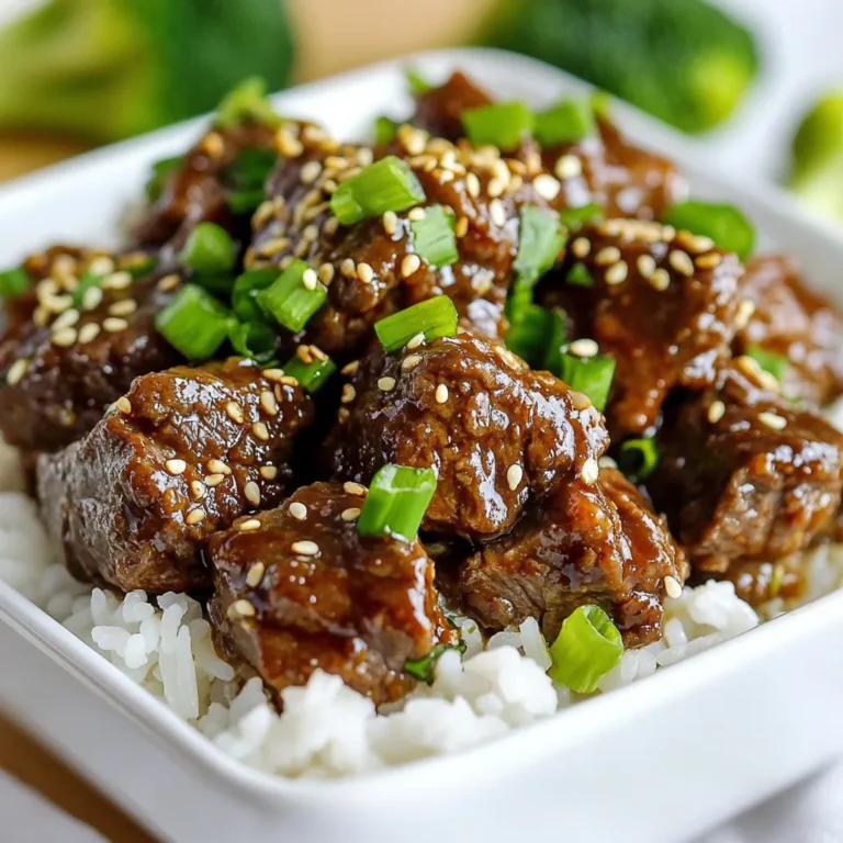 - 2 pounds beef chuck, cut into bite-sized cubes - 1/4 cup soy sauce or tamari - 1/4 cup packed brown sugar - 2 tablespoons sesame oil - 2 tablespoons minced garlic, about 6 cloves - 1 tablespoon fresh ginger, grated - 2 cups broccoli florets - Garnishes: green onions and sesame seeds Using quality ingredients is key to great flavor. Start with beef chuck. It has the right fat and tenderness. Soy sauce or tamari adds a salty umami taste. Brown sugar gives the dish a sweet touch that balances the saltiness. Flavoring ingredients elevate the dish further. Sesame oil adds richness. Garlic brings a strong aroma. Fresh ginger adds a warm, spicy note. Together, these ingredients create a flavor bomb that will impress anyone. Optional ingredients can enhance this dish. Broccoli florets add color and nutrition. They also soak up the sauce. For garnishing, use green onions for freshness. A sprinkle of sesame seeds adds crunch and visual appeal. These ingredients work together to make your Slow Cooker Korean Beef Bites delicious and appealing. {{ingredient_image_2}} To start, grab a large mixing bowl. You will whisk together the soy sauce, brown sugar, sesame oil, minced garlic, grated ginger, black pepper, and red pepper flakes. Make sure all these ingredients blend well. You want the sugar to dissolve fully in the mixture. This step is key for a balanced flavor. Next, add the beef cubes into the marinade. It’s important to coat each piece well. This ensures that every bite bursts with flavor. Cover the bowl tightly with plastic wrap. Let the beef marinate at room temperature for at least 30 minutes. For a richer taste, refrigerate it for up to 2 hours. After marinating, transfer the beef and all the marinade into the slow cooker. If you want, you can add broccoli florets on top for extra nutrition. Cover the slow cooker and set it to cook. Use the low setting for 6-8 hours or the high setting for 3-4 hours. The beef is ready when it becomes tender and easy to shred with a fork. Once cooking is done, gently stir the mixture. Break the beef into smaller pieces if you'd like. Taste it and adjust the seasoning as needed. You can add more soy sauce or spices to suit your taste. To get tender beef, marinate it well. Use a mix of soy sauce, brown sugar, sesame oil, garlic, ginger, pepper, and red pepper flakes. Let the beef cubes soak in this mixture for at least 30 minutes. If you have time, refrigerate it for 2 hours. This deepens the flavors. For cooking, use low heat for 6-8 hours or high heat for 3-4 hours. The beef will be tender when it easily falls apart with a fork. Adjust the cooking time based on the size of your beef cubes. Smaller cubes may need less time. To boost flavor, consider adding more garlic or ginger. You can also stir in a touch of hoisin sauce for sweetness. If you like heat, tweak the red pepper flakes. Start with 1/2 teaspoon and add more if you want it spicier. Taste as you go to find your perfect balance. Serve your Korean beef bites over warm rice or fluffy quinoa. This adds a nice base and makes it filling. For a colorful touch, add steamed broccoli. Garnish with green onions and sesame seeds for a nice crunch and extra flair. A good presentation makes your dish more appealing and fun to eat! Pro Tips Marinate Longer for Depth: For a more intense flavor, marinate the beef overnight in the refrigerator. This allows the flavors to penetrate deeply into the meat. Choose the Right Cut: Using beef chuck is ideal for slow cooking due to its marbling. It becomes tender and flavorful, making it perfect for this dish. Customize Your Heat: Adjust the crushed red pepper flakes according to your spice preference. Start with less if you're unsure, and add more as needed. Garnish for Appeal: Don't skip the garnish! Fresh green onions and sesame seeds add not only flavor but also visual appeal to your dish. {{image_4}} You can swap beef for chicken or tofu. Chicken thighs work great in this recipe. They keep moist and tender during cooking. For a plant-based twist, use firm tofu. Press the tofu first to remove excess water. Cut it into bite-sized cubes. Then, marinate it just like the beef. Each option brings a unique flavor to the dish. Adding vegetables boosts nutrition and flavor. Broccoli florets are a perfect choice. They cook well and soak up the sauce. You can also try bell peppers, carrots, or snap peas. Just add them to the slow cooker during the last hour of cooking. This way, they stay crisp and colorful. To make this dish gluten-free, use tamari instead of soy sauce. It has a similar taste without gluten. Always check labels for hidden gluten in sauces or seasonings. You can also serve over rice or quinoa for a gluten-free meal. This ensures everyone can enjoy the Korean beef bites without worry. To keep your Slow Cooker Korean Beef Bites fresh, store them in an airtight container. This method helps maintain flavor and texture. Your leftovers will last up to four days in the fridge. Make sure to cool the beef bites to room temperature before sealing the container. If you want to save some for later, freezing is a great option. First, let the beef bites cool completely. Then, place them in a freezer-safe bag or container. Remove as much air as possible before sealing. They can stay good in the freezer for up to three months. When you're ready to enjoy them, thaw in the fridge overnight. Reheat in the microwave or on the stove until heated through. Leftovers can be more than just a repeat meal. Try serving them over rice or noodles for a quick lunch. You can also fold them into a wrap with fresh veggies for a tasty twist. Another fun idea is to make Korean beef tacos using small tortillas, topped with slaw and sauce. These creative options will keep your meals exciting! You can serve this dish with several tasty sides. Here are some great options: - Fluffy steamed rice - Quinoa for a healthy twist - Noodles, like rice or soba - A fresh salad with crunchy veggies - Steamed broccoli or other greens These sides will balance the rich flavors of the beef bites. They also add color to your plate. Yes, you can use other methods. Here are some alternatives: - Stovetop: Cook the beef in a large pot. Brown the beef, add the marinade, and let it simmer on low for about 1.5 to 2 hours. - Instant Pot: Use the sauté mode to brown the beef. Then, add the marinade and cook on high pressure for about 30 minutes. - Oven: Preheat your oven to 300°F (150°C). Place the beef and marinade in a covered oven-safe dish. Cook for 2 to 3 hours. These methods may change the texture but will still create delicious flavors. If you want more heat, try these tips: - Add more crushed red pepper flakes. Start with a teaspoon and taste as you go. - Include sliced fresh chili peppers in the marinade or during cooking. - Use a spicy soy sauce or hot sauce for extra kick. Adjusting the heat level is easy and lets you customize the dish to your taste. This blog post covers making Slow Cooker Korean Beef Bites, including key ingredients, tips, and variations. You learned about the main ingredients like beef chuck, soy sauce, and brown sugar, as well as optional items that boost flavor. I shared step-by-step cooking instructions and storage tips to keep leftovers fresh. Finally, I provided answers to common questions about serving and cooking methods. I hope this recipe inspires you to create a delicious meal with ease!