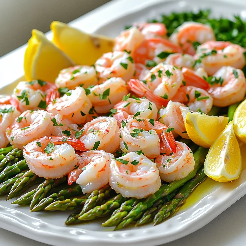 To make this delicious Lemon Garlic Shrimp & Asparagus, you need the following items: - 1 pound large shrimp, peeled and deveined - 1 bunch asparagus, trimmed and cut into 2-inch pieces - 4 cloves garlic, minced - Zest and juice of 1 lemon - 3 tablespoons extra virgin olive oil - 1 teaspoon smoked paprika - 1 teaspoon salt - 1/2 teaspoon freshly ground black pepper - Fresh parsley, chopped for garnish - Lemon wedges, for serving The shrimp should be fresh and plump. I love using large shrimp; they stand out in the dish. As for the asparagus, look for vibrant green stalks. Trim them well, so they cook evenly. Garlic adds a robust flavor, while lemon brings brightness. Extra virgin olive oil adds richness. Smoked paprika gives a nice, subtle warmth. Salt and pepper balance all the flavors. Finally, fresh parsley and lemon wedges make the dish pop. When you gather these ingredients, you're on your way to a tasty meal. Each element plays a key role in making this dish special. Enjoy the process of preparing this delightful recipe! - Preheat your oven to 400°F (200°C). - Line a large baking sheet with parchment paper. This helps with easy cleanup and prevents sticking. - In a mixing bowl, combine: - 1 pound large shrimp, peeled and deveined - 1 bunch asparagus, trimmed and cut into 2-inch pieces - 4 cloves garlic, minced - Zest and juice of 1 lemon - 3 tablespoons extra virgin olive oil - 1 teaspoon smoked paprika - 1 teaspoon salt - 1/2 teaspoon freshly ground black pepper - Toss everything together until the shrimp and asparagus are well coated in the marinade. - Transfer the mixture to the prepared baking sheet. Spread it out in a single layer for even cooking. - Bake the shrimp and asparagus in the preheated oven for 10-12 minutes. - Keep an eye on them. The shrimp should turn pink and opaque. The asparagus will be tender but slight crisp. - After baking, remove the sheet from the oven. - Garnish with chopped fresh parsley and add lemon wedges for extra flavor. - Serve the dish right away. You can enjoy it on its own or over rice or quinoa. - For a nice presentation, arrange everything on a large platter. Add more parsley and scatter lemon wedges around for color. - Spread the shrimp evenly on the pan. This helps them cook evenly. - Place your baking sheet in the middle rack. This ensures even heat all around. - If you want a change, try chicken or tofu instead of shrimp. Both will soak up flavors well. - You can swap asparagus for green beans or broccoli. These veggies also roast nicely and taste great. {{image_4}} You can change the taste of this dish with spices and herbs. Try adding red pepper flakes for heat. A sprinkle of dill or thyme adds a fresh twist. You can also use a dash of cumin for a warm flavor. Adding more vegetables can make this meal even better. Bell peppers and cherry tomatoes work great with shrimp and asparagus. They add color and nutrition to your plate. Feel free to experiment with your favorite veggies. If you want a low-carb version, skip the rice or quinoa. Serve the shrimp and asparagus alone for a light meal. You can also add cauliflower rice as a great substitute. For a gluten-free meal, this recipe is already safe. Just ensure your spices and oils are gluten-free. You can enjoy this dish without worry. It's tasty and fits your dietary needs! To keep your Lemon Garlic Shrimp & Asparagus fresh, store any leftovers in an airtight container. Place the container in the fridge right after your meal. This dish stays good for up to two days. When you are ready to eat, reheat it in the microwave. Heat it for 1-2 minutes or until warm. You can also use a skillet on low heat. Add a splash of olive oil to keep it moist. If you want to freeze this dish, use a freezer-safe container. Make sure to cool it to room temperature first. Seal the container tightly to prevent freezer burn. This meal can last for up to three months in the freezer. When you are ready to enjoy it, thaw it overnight in the fridge. Reheat it as mentioned above for the best taste. How to tell when shrimp are cooked? You can tell shrimp are cooked when they turn bright pink. They also become opaque and curl slightly. This usually takes about 10-12 minutes at 400°F (200°C). Can I use frozen shrimp for this recipe? Yes, you can use frozen shrimp. Just make sure to thaw them first. You can run them under cold water for a few minutes. Then, dry them well before mixing with the other ingredients. What can I serve with Lemon Garlic Shrimp & Asparagus? Lemon Garlic Shrimp & Asparagus pairs well with rice or quinoa. You can also serve it with a fresh salad or crusty bread. These sides add more texture and flavor to your meal. What to do if the shrimp are overcooked? If your shrimp are overcooked, they may be tough and chewy. You can try adding a squeeze of lemon juice for moisture. Serve with a sauce to help flavor them up. Methods to enhance flavor if dish feels bland If your dish feels bland, add more salt or pepper. A sprinkle of red pepper flakes adds heat. You can also mix in fresh herbs like basil or cilantro for a burst of flavor. This blog post guides you through making Lemon Garlic Shrimp and Asparagus. We covered ingredients, preparation, baking, and tips for flavor and storage. You'll enjoy a tasty dish that’s easy to prepare. Remember, you can customize this meal with different proteins and veggies. Store leftovers safely to keep them fresh. Always check for doneness to ensure great texture. Cooking can be fun and satisfying. Enjoy making this dish as much as I enjoyed sharing it!
