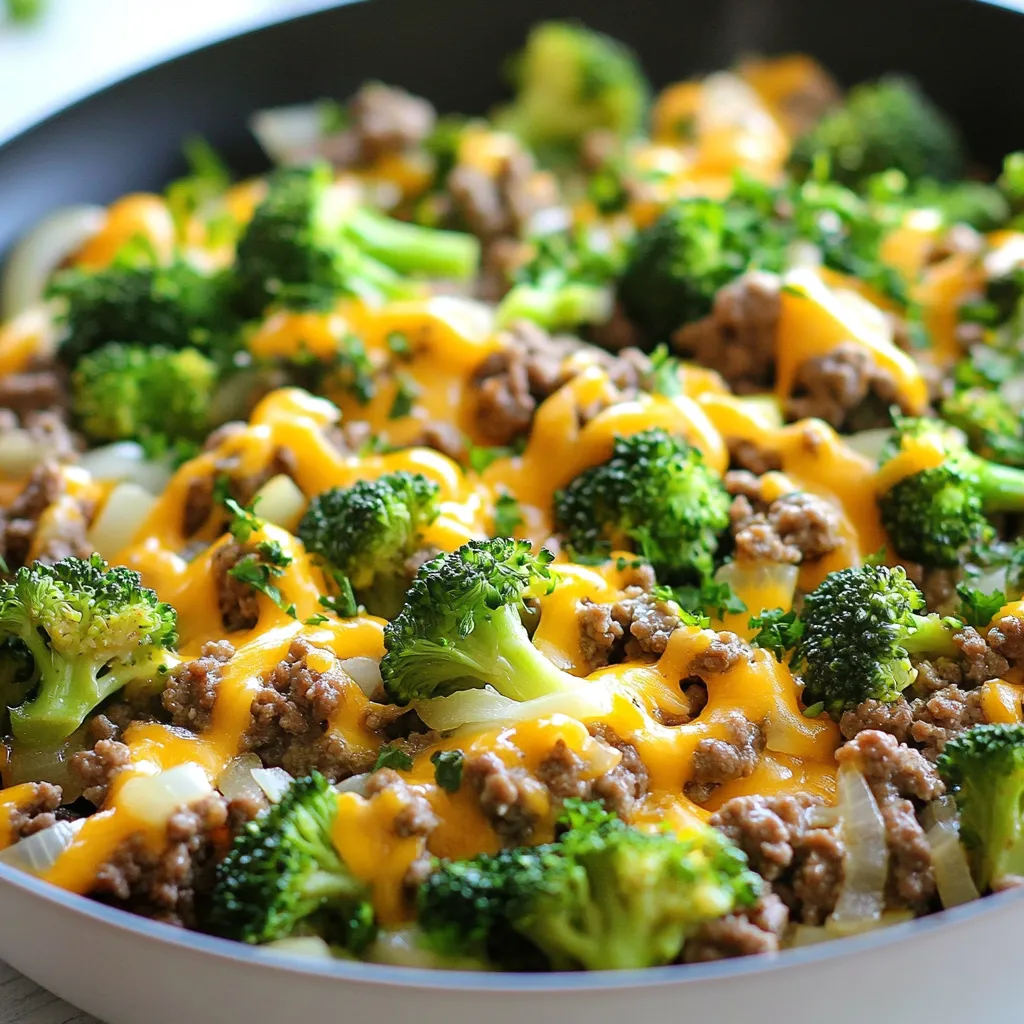 For this dish, I use 1 pound of ground beef. I prefer 80/20 beef for great taste and fat. This blend keeps the meat juicy and flavorful. You need 2 cups of broccoli florets. Fresh or frozen both work well. I also add 1 medium onion, finely diced, to give depth. Two cloves of minced garlic add a nice kick. These aromatics make the dish fragrant and tasty. For spices, I use 1 teaspoon of smoked paprika and 1 teaspoon of garlic powder. These add warmth and flavor. I also add ½ teaspoon of onion powder, salt, and pepper to taste. For cheese, I use ½ cup of shredded cheddar cheese, preferably aged. It adds a robust taste. Lastly, I mix in 2 tablespoons of softened cream cheese, which gives a creamy texture. Fresh chopped parsley is great for garnish, adding color and freshness. {{ingredient_image_2}} First, grab a large skillet. Set it on medium heat and add one tablespoon of olive oil. Let the oil warm up for a minute. Chop a medium onion into small pieces. Once the oil is hot, toss in the diced onion. Sauté it for about 3-4 minutes. You want the onion to turn soft and a little golden. Then, mince two cloves of garlic. Add the garlic to the skillet and stir for one more minute. This step helps to release the garlic's great smell. Now it’s time for the ground beef. Use one pound of beef, preferably 80/20 for best flavor. Increase the heat to medium-high and add the beef to the skillet. Break the meat apart with a wooden spoon. Cook it for about 6-8 minutes. You want the beef to brown evenly. If there is extra fat, drain it carefully from the pan. Next, let’s spice things up! Add one teaspoon of smoked paprika, one teaspoon of garlic powder, and half a teaspoon of onion powder. Season with salt and pepper to taste. Mix it all well so the beef is coated in spices. Now, add two cups of broccoli florets. If your broccoli is frozen, that’s fine too. Add a few tablespoons of water to help steam the broccoli. Cover the skillet with a lid and cook for about 5 minutes. The broccoli should be tender but still crisp. After the broccoli cooks, lower the heat to low. Mix in two tablespoons of softened cream cheese. Stir until it melts and combines with the meat and broccoli. Finally, sprinkle half a cup of shredded cheddar cheese over the top. Cover the skillet again for 2-3 minutes until the cheese melts. When it's ready, take the skillet off the heat and garnish with chopped parsley for a fresh finish. Enjoy this quick and tasty meal! Select ground beef with a blend of 80% lean meat and 20% fat. This mix gives great flavor and keeps the dish juicy. The fat helps to enhance the taste and texture. Avoid very lean beef, as it may dry out during cooking. For tender-crisp broccoli, cook it slowly. Add the florets to the skillet with a bit of water. Cover the skillet to steam the broccoli. This method keeps the bright green color and crunch. Cook for about five minutes. Check for doneness by piercing with a fork. It should be tender but not mushy. Cheese adds richness and depth to this dish. Use aged cheddar for a sharper taste. Adding cream cheese gives a creamy texture. Stir it in when the heat is low. Let the cheese melt completely for a smooth blend. For extra flavor, consider adding Parmesan or mozzarella. Pro Tips Choose the Right Beef: Opt for ground beef with a higher fat content (like 80/20) for more flavor and juiciness, especially in skillet dishes. Prepping Broccoli: If using frozen broccoli, thaw and drain it first to avoid excess water in your dish, ensuring a better texture. Layering Cheese: For an even melt, sprinkle cheddar cheese in layers rather than all at once, allowing it to evenly coat the dish. Seasoning to Taste: Always taste and adjust seasoning as you cook, especially after adding spices and cream cheese, to achieve your preferred flavor. {{image_4}} You can change up this dish with other low-carb veggies. Try zucchini, bell peppers, or cauliflower. These veggies add color and nutrition. Just chop them into small pieces. Add them when you cook the beef for even cooking. If you want a dairy-free meal, swap out the cream cheese and cheddar. Use a dairy-free cream cheese made from nuts or coconut. Nutritional yeast can give a cheesy flavor without dairy. It's a great option for added nutrients. Spices can transform your dish. If you like it spicy, add red pepper flakes or cayenne. For a more earthy flavor, try cumin or coriander. You can also experiment with herbs like oregano or thyme to change the taste. Adjust the spices to fit your flavor preferences. You can store your Keto Hamburger Broccoli Skillet in the fridge. Place it in an airtight container. This keeps it fresh for up to three days. Make sure to let it cool before sealing. This helps avoid extra moisture inside the container. If you want to store it longer, freezing is a good option. Allow the dish to cool completely. Then, transfer it to a freezer-safe container. Wrap it tightly with plastic wrap or aluminum foil. It can last up to three months in the freezer. When ready to eat, thaw it overnight in the fridge. To reheat, you can use the microwave or the stove. If using a microwave, heat in short bursts. Stir in between to ensure even heating. If using the stove, place it in a skillet over low heat. Add a splash of water or broth to prevent sticking. Heat until warm throughout. Enjoy your meal! Yes, you can use frozen broccoli. It saves time and is easy to find. Just toss it in the skillet with the ground beef and spices. Cook it a bit longer if needed. Frozen broccoli is quick and still tasty. To make this dish dairy-free, skip the cream cheese and cheddar. You can use nutritional yeast for a cheesy flavor. Coconut cream can also replace the cream cheese. Adjust the spices to enhance the taste. This dish is great on its own, but you can add a side salad. Cauliflower rice is also a good choice. It pairs well with the beef and broccoli. You might enjoy some sliced avocado for extra creaminess. This blog post covered all you need for a tasty Keto Hamburger Broccoli Skillet. We explored the key ingredients like ground beef, broccoli, and spices. You learned how to prepare and cook this dish step-by-step. We shared tips to choose the best beef and cook broccoli just right. Plus, I gave you ideas for variations and storage. In the end, this dish is easy to make and enjoy. It fits into your healthy eating plan. Now, you can cook this meal and impress everyone with your skills!