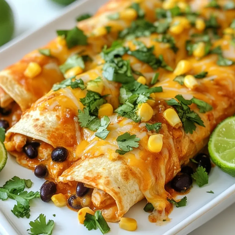 - 2 pounds boneless, skinless chicken thighs - 1 can (15 oz) black beans, rinsed and drained - 1 can (10 oz) enchilada sauce (choose red or green based on your preference) - 1 cup corn kernels (fresh or frozen) - 1 cup diced bell peppers (any color desired) - 1 cup diced onions - 2 teaspoons ground cumin - 1 teaspoon chili powder - Salt and pepper to taste - 6-8 whole wheat tortillas - 2 cups shredded cheese (cheddar or a Mexican blend) - Fresh cilantro, for garnish - Sour cream, for serving (optional) This recipe serves six. Each serving has around 450 calories. You get about 30 grams of protein, 20 grams of fat, and 40 grams of carbs. The fiber content is around 10 grams, making it a filling choice. - You can swap chicken thighs for chicken breasts if you prefer. - Use any type of beans like pinto or kidney beans. - For a vegan option, replace chicken with tofu or jackfruit. - Try using corn tortillas for a gluten-free alternative. - If you want a spicy kick, add diced jalapeños or a dash of hot sauce. {{ingredient_image_2}} Start by placing 2 pounds of boneless, skinless chicken thighs in your slow cooker. Season them with salt and pepper. Then, add 2 teaspoons of ground cumin and 1 teaspoon of chili powder. Make sure the chicken is well coated with these spices. This step adds great flavor to the meat. Next, add 1 can of black beans, 1 cup of corn kernels, 1 cup of diced bell peppers, and 1 cup of diced onions on top of the seasoned chicken. Pour half of the 10-ounce can of enchilada sauce over these layers. Gently stir to mix everything together. This helps the flavors blend nicely. Cover the slow cooker and set it to cook on low for 6-7 hours or on high for 3-4 hours. The chicken should be tender and easy to shred with a fork when done. Once the time is up, carefully take the chicken out. Shred the chicken with two forks and return it to the pot. Stir to combine the chicken with the veggies and sauce. This mixes all the delicious flavors together. To shred chicken, first remove it from the slow cooker. Use two forks to pull the meat apart. This method works best when the chicken is hot and tender. If you find it tough, let it cool slightly, then try again. Shredded chicken can mix well with the sauce. It helps keep the flavor strong. Warm your tortillas before rolling. Heat them in the microwave for 15-20 seconds. This makes them soft and easy to roll. Place a scoop of chicken mixture in the center. Add a sprinkle of cheese on top. Tightly roll each tortilla, ensuring the filling stays inside. Place them seam-side down in the slow cooker to hold their shape. Serve your enchiladas on a bright platter. Drizzle with extra enchilada sauce for flavor. Top with fresh cilantro for a pop of color. Add lime wedges on the side for a zesty kick. You can also offer sour cream for a creamy touch. This makes your meal look appealing and inviting. Pro Tips Use Fresh Ingredients: Opt for fresh vegetables and herbs whenever possible for enhanced flavor and nutrition in your enchiladas. Customize Your Spice Level: Adjust the amount of chili powder based on your preference for heat; you can also add diced jalapeños for an extra kick. Make Ahead: Prepare the chicken and vegetable mixture a day in advance and refrigerate it. This allows the flavors to meld beautifully before cooking. Experiment with Cheese: Try using a blend of cheeses such as Monterey Jack and pepper jack for a deliciously creamy and spicy topping. {{image_4}} You can make a great vegetarian version of chicken enchiladas. Instead of chicken, use 2 cups of cooked lentils or chickpeas. Add more veggies like zucchini, mushrooms, or spinach. You can still use the same spices for flavor. The black beans and corn give it a nice texture. Just follow the same steps and enjoy a meat-free meal. If you love heat, add some diced jalapeños or a splash of hot sauce. You can also use spicy enchilada sauce instead of mild. For a smoky flavor, try adding chipotle peppers in adobo sauce. This will give your enchiladas a nice kick. Adjust the spices to your taste, and don’t forget to check for heat! You can serve your enchiladas with various sauces. Try a green tomatillo sauce for a zesty touch. A creamy avocado sauce works great too. You can even use salsa verde or pico de gallo for fresh flavors. Each sauce brings a new taste and makes the meal even more enjoyable. Get creative and mix it up! After enjoying your slow cooker chicken enchiladas, let any leftovers cool down. Place the enchiladas in an airtight container. Make sure to cover them well to prevent drying out. You can store them in the fridge for up to 3 days. If you want to keep them longer, freezing is a great option. To reheat your enchiladas, you can use the microwave or the oven. For the microwave, place one or two enchiladas on a plate and cover with a damp paper towel. Heat for 1-2 minutes or until hot. In the oven, preheat to 350°F (175°C). Place the enchiladas in a baking dish, cover with foil, and heat for about 15-20 minutes. This will keep them moist and tasty. If you want to freeze enchiladas, they freeze well. Before freezing, make sure they are cooled completely. Wrap each enchilada in plastic wrap or foil, then place them in a freezer-safe bag. They can last up to 3 months in the freezer. To enjoy, just thaw them in the fridge overnight, then reheat as mentioned above. Enjoy your delicious enchiladas later! Yes, you can use frozen chicken thighs. Just add an extra hour to the cooking time. The slow cooker will heat the chicken safely. It will still shred well and soak up the flavors. To make enchiladas gluten-free, use corn tortillas instead of wheat ones. Ensure the enchilada sauce is gluten-free. Many store brands offer gluten-free options. Always check the labels to be safe. You can serve chicken enchiladas with a few sides for a full meal. Here are some ideas: - Spanish rice or cilantro lime rice - Refried beans or black beans - A fresh garden salad - Guacamole and tortilla chips - A zesty corn salad These sides will add flavor and make your meal more fun. Enjoy your enchiladas with these tasty pairings! This blog post covered the key steps to make chicken enchiladas. We looked at the ingredients needed, including nutritional info and substitutions. Then, I shared how to prepare and layer the chicken, along with cooking times. I included tips for shredding chicken and rolling enchiladas. We explored variations like vegetarian options and spicy twists. Finally, we discussed how to store leftovers and answer common questions. With these tips, you can create delicious enchiladas that suit your taste. Happy cooking!