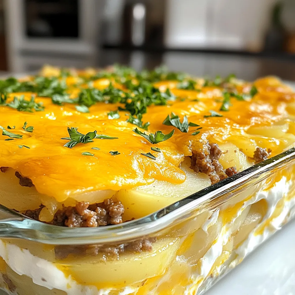 - 1 lb ground beef - 4 medium-sized russet potatoes, peeled and sliced thinly - 1 cup shredded cheddar cheese - 1 cup shredded mozzarella cheese - 1 medium onion, finely chopped - 2 cloves garlic, minced - 1 cup beef broth - 1 cup sour cream - 1 teaspoon paprika - 1 teaspoon dried oregano - Salt and black pepper, to taste - Fresh parsley, chopped, for garnish - 2 tablespoons olive oil The main ingredients create the heart of this dish. Ground beef gives it protein, while potatoes add comfort. The cheeses provide that rich, creamy taste we love. Onions and garlic add depth and flavor. Broth and sour cream create a smooth sauce to tie everything together. Don’t skip on the seasonings; they make your casserole pop! Finally, don’t forget the fresh parsley! It adds color and freshness. Olive oil helps sauté the onion and garlic, enhancing the dish’s overall taste. Each ingredient plays a vital role in making this cheesy ground beef potato casserole both hearty and delicious. {{ingredient_image_2}} 1. First, preheat your oven to 375°F (190°C). This helps the casserole cook evenly. 2. In a large skillet, add 2 tablespoons of olive oil. Heat it on medium. 3. Next, add the finely chopped onion and minced garlic. Sauté them until soft, about 3-4 minutes. 1. Now, add 1 lb of ground beef to the skillet. Use a spatula to break it apart. 2. Season the beef with 1 teaspoon of paprika, 1 teaspoon of dried oregano, salt, and black pepper. 3. Cook until the beef is well browned. Drain any excess fat if needed. 1. In a separate bowl, mix 1 cup of sour cream and 1 cup of beef broth. Stir until smooth. 2. Grease a 9x13-inch baking dish. Layer half of the sliced potatoes at the bottom. 3. Lightly season the potatoes with salt and pepper. 4. Spread half of the cooked beef over the potatoes. 5. Next, pour half of the creamy sauce over the beef. 6. Sprinkle half of both the cheddar and mozzarella cheeses on top. 7. Repeat these layers with the rest of the potatoes, beef, creamy sauce, and finish with the remaining cheese. 1. Cover the baking dish tightly with aluminum foil. Place it in the preheated oven. 2. Bake for 30 minutes to let the flavors meld together. 3. After 30 minutes, carefully remove the foil. 4. Continue baking for 20-25 minutes. The cheese should be golden and bubbly, and the potatoes tender. 5. Once baked, take the casserole out and let it rest for 10 minutes before serving. Garnish with chopped parsley for a fresh touch. To ensure even cooking, slice the potatoes thinly. This helps them cook through. Layering is key for flavor. Start with potatoes, then beef, and finally the creamy sauce. Repeat these layers. Finish with cheese on top for that perfect golden crust. You can prep in advance. Slice the potatoes and onion a day before. Brown the beef ahead of time too. This makes assembly quick. Using shortcuts like pre-shredded cheese saves time. It cuts down on prep and cleanup. Adjust spices to fit your taste. Add a pinch of cayenne for heat or more paprika for smokiness. You can also mix in fresh herbs like thyme or rosemary. Pair this dish with a crisp salad or steamed veggies for balance. A side of crusty bread complements the casserole well. Pro Tips Layering for Flavor: Ensure that each layer is seasoned well to enhance the overall taste of the casserole. Don't skip the salt and pepper in each layer! Cheese Variations: Feel free to mix different types of cheese such as gouda or pepper jack for added flavor and a unique twist on this classic dish. Make Ahead: This casserole can be assembled a day in advance and stored in the refrigerator. Just add an extra 10-15 minutes to the baking time if baking from cold. Garnish Smart: A sprinkle of fresh herbs like chives or thyme can elevate the presentation and add a fresh flavor to the dish when serving. {{image_4}} You can change the meat in this recipe. Ground turkey or chicken works well. Both options are leaner and still tasty. If you prefer a different cheese, try gouda or pepper jack. These cheeses will give your dish a new twist. If you need gluten-free options, check your broth and cheese for gluten. Most brands are safe, but some have hidden gluten. For a vegetarian version, use lentils or mushrooms instead of meat. Both options add flavor and texture. Adding vegetables can boost the taste. Try mixing in spinach, bell peppers, or carrots. They add color and nutrients. You can also incorporate herbs like thyme or rosemary. Fresh herbs enhance the dish's aroma and flavor. Store your Cheesy Ground Beef Potato Casserole in a good container. Use an airtight container to keep it fresh. It will stay good in the fridge for up to 3 days. Make sure it cools first before you seal it. To freeze the casserole, let it cool completely. Wrap it tightly in plastic wrap or foil. You can also use a freezer-safe container. It will freeze well for up to 3 months. When you're ready to eat it, thaw it in the fridge overnight. Reheat it in the oven at 350°F (175°C) until hot. There are many ways to use leftovers. You can reheat it as is or make cheesy stuffed peppers. Just scoop some into halved bell peppers and bake. Another idea is to turn it into a hearty soup. Add beef broth and some extra veggies for a new dish. Use leftovers for meal prep too. Pack it in containers for quick lunches throughout the week. Can I prepare this casserole in advance? Yes, you can make this casserole ahead of time. Just prepare it up to the baking step. Cover it well and store it in the fridge. Bake it when you're ready to eat. What sides pair well with the casserole? This casserole goes great with a simple green salad or steamed veggies. You can also serve some crusty bread on the side. These sides add freshness and balance to the meal. Can I use frozen potatoes? You can use frozen potatoes, but fresh ones taste better. If you use frozen, thaw them before layering. This helps the casserole cook evenly. What kind of broth is best? Beef broth works best for this casserole. It adds rich flavor to the meat and potatoes. You can also use low-sodium broth for a lighter option. How to tell when the casserole is done? The casserole is done when the cheese is golden and bubbly. You should be able to pierce the potatoes easily with a fork. Let it rest for 10 minutes before serving. Tips for achieving a crispy top? For a crispy top, remove the foil during the last 20-25 minutes of baking. You can also add a bit more cheese on top for extra crunch and flavor. This blog post explored making a delicious casserole. We covered main ingredients like beef, potatoes, and cheese. I shared tips on cooking, layering, and baking. You also learned about variations for different diets and flavors. Lastly, we talked about storage and leftover ideas. Casseroles are versatile and easy to prepare. With these steps, you can impress anyone. Enjoy your tasty casserole, and let your creativity shine in the kitchen!