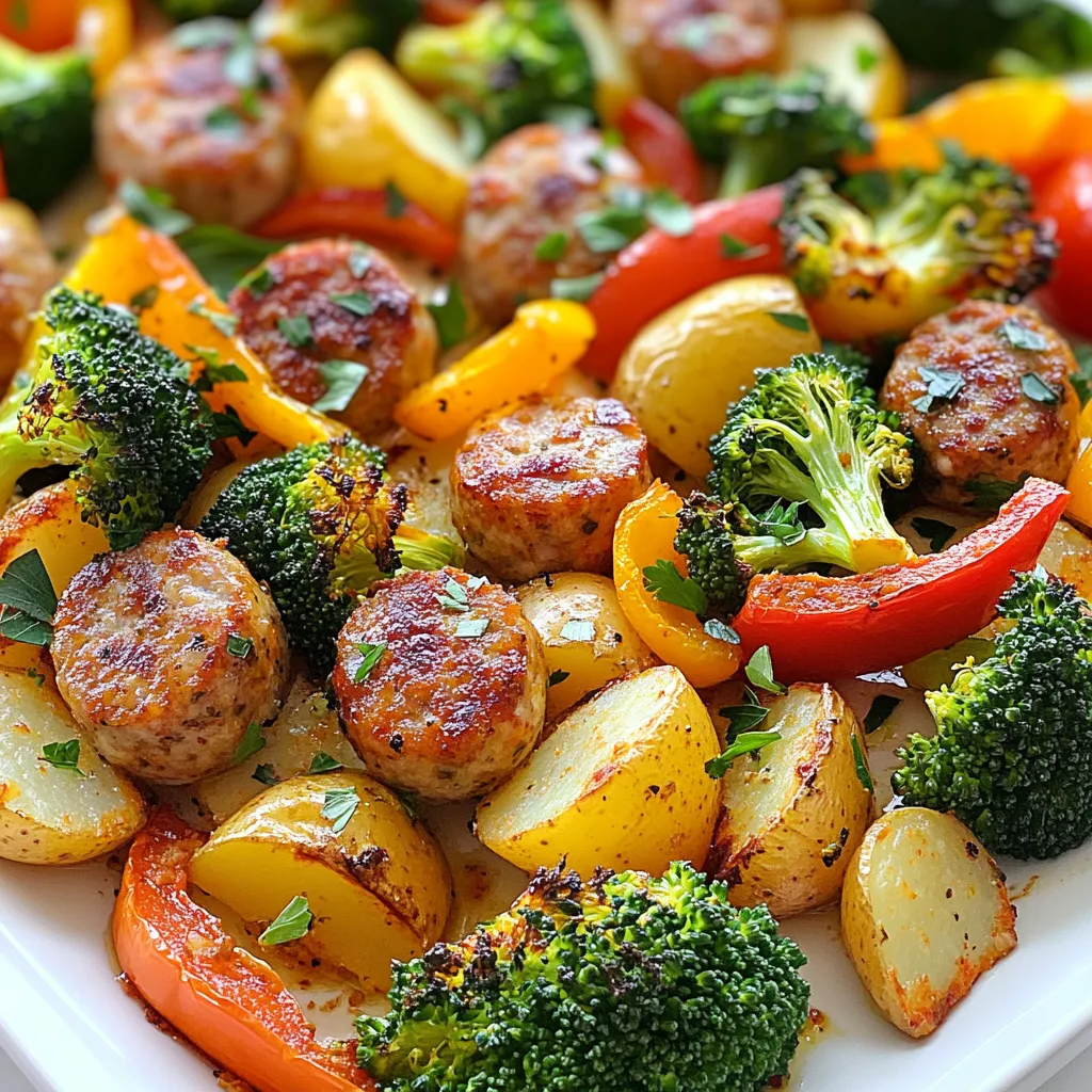 - 1 pound Italian chicken or turkey sausage, sliced into 1-inch pieces - 2 cups fresh broccoli florets - 1 red bell pepper, diced - 1 yellow bell pepper, diced - 1 medium red onion, thinly sliced - 2 cups baby potatoes, halved - 3 tablespoons extra virgin olive oil - 1 teaspoon smoked paprika - 1 teaspoon garlic powder - 1 teaspoon dried oregano - Salt and freshly ground black pepper, to taste - Fresh parsley, finely chopped for garnish - Lemon wedges for serving This dish uses fresh, vibrant ingredients. The combination of Italian sausage and colorful vegetables makes it a feast for the eyes and the palate. Each bite is packed with flavor. The fresh broccoli adds crunch and nutrients. The bell peppers bring sweetness, while the red onion adds a mild bite. Baby potatoes lend a hearty base to the meal. For seasoning, we use olive oil to help flavors meld. Smoked paprika offers a warmth that complements the sausage. Garlic powder enhances the savory notes, while oregano adds an aromatic touch. Salt and black pepper round out the flavors, making everything pop. You can make it all look great by adding some fresh parsley on top. A lemon wedge adds a bright touch when serving. This dish is not just tasty; it’s also simple to prepare. Enjoy the process! {{ingredient_image_2}} First, preheat your oven to 400°F (200°C). This step is key for nice, even cooking. Next, line a large baking sheet with parchment paper. This makes cleanup a breeze after cooking. In a big mixing bowl, combine the sliced sausage, broccoli florets, diced red and yellow bell peppers, sliced red onion, and halved baby potatoes. Make sure everything is in the bowl. Now, drizzle the extra virgin olive oil over the mix. Add the smoked paprika, garlic powder, dried oregano, salt, and pepper. Use your hands or a spatula to gently toss everything together. You want every piece to be coated in oil and spices. Now it’s time to spread the mixture onto the lined baking sheet. Make sure it’s in a single layer. This helps everything cook evenly. Place the baking sheet in the preheated oven. You will roast it for 25 to 30 minutes. Halfway through, stir the mixture. This ensures that it cooks and browns evenly. The dish is done when the sausage reaches an internal temperature of 165°F (74°C) and the veggies are tender and caramelized. When finished, carefully take the baking sheet out of the oven. Let the medley cool for a few minutes. You’ll see the sausages glistening, and the veggies will look rich and colorful. To get great results, spread the mixture evenly on the sheet. This helps all the pieces cook at the same time. I like to make sure there is space between the sausage and veggies. If they touch too much, they can steam instead of roast. For sausage doneness, aim for an internal temperature of 165°F (74°C). This ensures the sausage is safe to eat and juicy. You can boost the flavor with extra spices. Some great options include thyme, rosemary, or even a pinch of red pepper flakes for heat. These add layers of taste to your dish. To achieve perfect caramelization, let the sausage and veggies roast without stirring too often. This allows them to brown nicely and develop a rich flavor. Serving directly from the sheet makes for a fun, rustic look. It invites everyone to dig in. If you prefer a polished look, transfer the mix to a large platter. Add a wedge of lemon on the side for a fresh pop. You can also sprinkle extra parsley on top for color and freshness. This small touch makes a big difference! Pro Tips Choose Quality Sausages: Select high-quality Italian chicken or turkey sausages for the best flavor and texture in your dish. Uniform Vegetable Sizes: Cut vegetables into similar sizes to ensure even cooking and consistent tenderness. Experiment with Seasonings: Feel free to add your favorite herbs and spices to customize the flavor profile of your medley. Serve Immediately: For the best taste and texture, serve the medley right after roasting while everything is hot and fresh. {{image_4}} You can use many types of sausage for this dish. Italian chicken or turkey sausage works well, but you can also try pork or beef sausages. Each type brings a unique taste. For a lighter option, choose plant-based sausage. This choice adds a fresh twist and works great for vegans. Taste varies with the sausage you pick. Pork is rich and savory, while turkey is lean and mild. Beef adds depth and spice. The best veggies change with the seasons. In spring, use asparagus and snap peas. Summer is perfect for zucchini and corn. Fall brings sweet potatoes and Brussels sprouts. Winter calls for root veggies like carrots and parsnips. Always opt for fresh, in-season produce. It ensures bright flavors and crisp textures. You can also mix in frozen veggies if fresh ones aren’t available. Just remember to adjust cooking time as needed. Adding sauces or marinades can change the whole dish. A splash of balsamic vinegar or a squeeze of lemon adds zest. You can also try different spice blends. A dash of curry powder or cumin can give an exciting twist. Consider adding fresh herbs like thyme or rosemary for an aromatic touch. Experimenting with flavors makes every meal unique and fun. Don't hesitate to play around! To store your sheet pan sausage and veggies, let it cool first. Use an airtight container. This keeps the dish fresh. You can store it in the fridge for about three to four days. If you want to save it longer, consider freezing it. It can last up to three months in the freezer. When reheating, the oven is best. Preheat it to 350°F (175°C). Place the leftovers on a baking sheet. Heat for about 10-15 minutes. This keeps the sausage juicy and the veggies crisp. You can also use a microwave. Heat in short bursts of 1 minute. Stir between to warm evenly. This method is quick but may change the texture slightly. Yes, you can use frozen vegetables! They are great when fresh ones are not available. Frozen veggies cook faster than fresh. Make sure to thaw them first. They may release more water, so keep an eye on the cooking time. If you want a crisp texture, add them halfway through roasting. You can serve this dish with many sides. A fresh salad pairs well and adds crunch. Rice or quinoa is another great choice. You can also try crusty bread to soak up the juices. For a heartier meal, serve it with a side of pasta or couscous. To make fewer servings, cut the ingredients in half. Use ½ pound of sausage, 1 cup of broccoli, and so on. Remember to adjust the cooking time too. Check for doneness a few minutes earlier. This way, you avoid overcooking your meal. This recipe is simple and tasty. We covered the key ingredients, including sausage and fresh veggies. Roasting them brings out their best flavors. I shared tips for even cooking and offered fun variations to try. You can store leftovers easily and reheat them without losing flavor. Now it’s your turn. Enjoy making this dish and customizing it to fit your taste!
