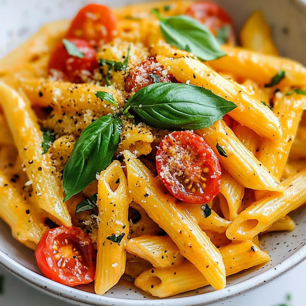 To make Vegan Creamy Tomato Pasta, you'll need these key items: - 12 oz pasta of your choice (penne or spaghetti recommended) - 1 tablespoon olive oil - 1 medium onion, finely chopped - 3 cloves garlic, minced - 1 can (14 oz) diced tomatoes, undrained - 1 cup coconut cream (or cashew cream for a nut-free alternative) - 1 teaspoon dried basil - 1 teaspoon dried oregano - Salt and pepper, to taste - Fresh basil leaves for garnish You can enhance this dish with these optional ingredients: - Nutritional yeast (for a cheesy flavor boost) - Red pepper flakes (for some heat) - Fresh herbs like parsley or thyme If you need to swap some items, here are some ideas: - Use gluten-free pasta for a gluten-free option. - Substitute olive oil with avocado oil for a different taste. - Replace coconut cream with silken tofu for a lower fat option. - Use fresh tomatoes instead of canned for a fresher flavor. These ingredients make this dish rich and satisfying. Feel free to mix and match based on what you have. Enjoy experimenting! {{ingredient_image_2}} To start, grab a large pot and fill it with salted water. Bring this water to a boil. Once it’s bubbling, add 12 ounces of your pasta choice. I love penne or spaghetti for this dish. Cook the pasta according to the package instructions until it is al dente. This usually takes about 8 to 10 minutes. Once the pasta is ready, drain it well. Make sure to save 1 cup of the pasta water for later. This helps make your sauce creamy! While the pasta cooks, heat 1 tablespoon of olive oil in a large skillet over medium heat. Add 1 medium onion that you’ve finely chopped. Sauté it for about 5 minutes. You want the onion to become soft and fragrant. Next, stir in 3 minced garlic cloves. Cook for another minute, stirring often to keep the garlic from burning. This step fills your kitchen with amazing smells! Now it’s time to add flavor. Carefully pour in a 14-ounce can of diced tomatoes, undrained, into the skillet with the onions and garlic. Stir everything together and let it simmer for about 5 minutes. This helps the flavors mix well. After that, lower the heat to medium-low. Add 1 cup of coconut cream (or cashew cream for a nut-free option). Stir until the sauce is smooth and creamy. If it’s too thick, add some of that reserved pasta water, a little at a time, until it reaches your desired consistency. Once your sauce is ready, it’s time to mix it with the pasta. Gently fold the cooked pasta into the skillet with the creamy tomato sauce. Make sure all the pasta is coated evenly with that rich sauce. This step combines all the flavors into one delicious dish! When serving, plate the pasta in individual bowls. Garnish with fresh basil leaves for a pop of color and flavor. If you want a little cheesy taste, sprinkle some nutritional yeast over the top. This adds a nice depth to the dish. Enjoy your Vegan Creamy Tomato Pasta straight away for the best taste! To make sure your pasta is just right, follow these tips: - Use a large pot with plenty of water. This helps the pasta cook evenly. - Add salt to the water. This flavors the pasta from the inside out. - Cook the pasta until al dente. This means it should still have a slight bite. - Reserve some pasta water. It helps adjust the sauce later. You can tweak the creaminess and flavor easily: - For a creamier sauce, add more coconut cream or cashew cream. - If the sauce is too thick, mix in the reserved pasta water a little at a time. - Taste your sauce as you go. Adjust the salt, pepper, and herbs to your liking. - Nutritional yeast adds a cheesy note. Sprinkle it in for extra flavor. Storing and reheating your pasta can be simple: - Keep leftovers in an airtight container in the fridge. They should last up to three days. - To reheat, add a splash of water or cream. This helps revive the sauce's texture. - Heat gently on the stove or in the microwave. Stir often to avoid burning. - If you notice it thickens too much, add more water as needed. Pro Tips Perfect Pasta Texture: Always cook your pasta al dente. This means it should be firm to the bite, as it will continue to cook slightly when mixed with the hot sauce. Flavor Enhancement: For a deeper flavor, consider roasting your garlic and onions before adding them to the skillet. This adds a lovely caramelized note to your sauce. Adjusting Creaminess: If you want a creamier sauce, start with less pasta water and add more gradually. This way, you have better control over the sauce's consistency. Fresh Basil Boost: Add fresh basil at the end of cooking to preserve its vibrant flavor and color. This ensures your dish bursts with freshness upon serving. {{image_4}} You can easily make this dish nut-free. Simply swap coconut cream for cashew cream. To make cashew cream, soak 1 cup of cashews in water for at least two hours. Drain and blend them with 1 cup of water until smooth. This creates a rich and creamy sauce that fits perfectly in this dish. Want to boost your meal's health? Add vegetables! Toss in some spinach, zucchini, or bell peppers when you sauté onions and garlic. Just chop them small, so they cook quickly. These veggies not only add nutrients but also enhance the flavor and texture of your creamy tomato pasta. If you like a little kick, add some heat! You can mix in red pepper flakes or chopped jalapeños. Start with a small amount and taste as you go. This way, you find the perfect spicy balance for your creamy tomato pasta. Enjoy the burst of flavors! Vegan Creamy Tomato Pasta is rich in nutrients. It offers a good balance of carbs, healthy fats, and protein. The pasta gives you energy, while coconut cream adds healthy fats. The tomatoes provide vitamins like C and K, plus antioxidants. Garlic and onions boost your immune system and add flavor. Together, these ingredients make a wholesome meal that satisfies hunger. Each serving of this pasta dish has about 400-500 calories. This number can change based on the type of pasta and cream you use. Here’s a rough breakdown: - Pasta (12 oz): 300 calories - Olive oil (1 tbsp): 120 calories - Coconut cream (1 cup): 550 calories - Onion (1 medium): 45 calories - Tomatoes (14 oz can): 50 calories This dish serves four, making it easy to share. Here are some health benefits of the key ingredients: - Pasta: Provides energy and can be whole grain for added fiber. - Olive oil: Contains healthy fats that support heart health. - Onion: Has antioxidants and may help fight inflammation. - Garlic: Can boost the immune system and may lower blood pressure. - Diced tomatoes: Packed with vitamins and may lower the risk of heart disease. - Coconut cream: Offers healthy fats and may support brain health. - Basil and oregano: Have anti-inflammatory properties and add flavor without extra calories. This dish not only tastes great but also supports your health. Yes, you can make this pasta gluten-free! Just choose gluten-free pasta made from rice or chickpeas. These options taste great and cook well. Be sure to check the package for cooking times. This dish can last for about 3 to 5 days in the fridge. Store it in an airtight container to keep it fresh. When you reheat it, add a splash of water or extra cream. This keeps it creamy and delicious. Absolutely! You can use fresh tomatoes. Just chop about 4 to 5 medium tomatoes. Cook them down until soft, then add them to your sauce. This gives a fresh taste and vibrant color. You can serve this pasta with a crisp salad or garlic bread. Roasted vegetables also pair well. For protein, add some chickpeas or lentils. They make the meal filling and satisfying. This blog post covered all you need for a great pasta dish. You learned about essential and optional ingredients, plus helpful substitutions. Step-by-step, I walked you through cooking the pasta and making a creamy sauce. You found tips to perfect your dish and even ways to add more flavor or nutrients. Lastly, we explored health benefits and answered common questions. You can create a delicious meal that fits your needs. Keep experimenting, and enjoy your cooking journey!