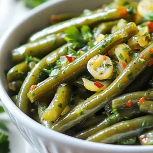 To make Copycat Texas Roadhouse Green Beans, you need a few key ingredients. Each one adds flavor and makes the dish special. Here is what you will need: - 1 pound fresh green beans, trimmed and cleaned - 2 cups low-sodium vegetable broth - 1 medium onion, thinly sliced - 3 cloves garlic, minced - 2 tablespoons olive oil - 1 teaspoon smoked paprika - 1/2 teaspoon crushed red pepper flakes (adjust to your spice preference) - 1 tablespoon brown sugar - Salt and pepper, to taste - 1 tablespoon freshly squeezed lemon juice - 1 tablespoon fresh parsley, finely chopped for garnish Fresh green beans are the star of this dish. Choose bright green ones. They should snap easily when bent. Low-sodium vegetable broth keeps the dish light. It adds deep flavor without being too salty. Onion and garlic bring warmth to the recipe. Sautéing them creates a lovely aroma. Spices like smoked paprika and red pepper flakes add a smoky kick. Adjust the red pepper to fit your taste. Brown sugar balances the flavors, giving a hint of sweetness. Lemon juice brightens the dish at the end. Finally, fresh parsley adds a splash of color and freshness. These ingredients come together to create a delightful side. You can enjoy them with any main dish or as a snack. {{ingredient_image_2}} 1. Heating the olive oil Start by heating 2 tablespoons of olive oil in a large skillet. Use medium heat. Wait until the oil shimmers. This shows it's hot enough for cooking. 2. Sautéing onions and garlic Next, add 1 medium onion, thinly sliced. Stir it in the oil. Cook for about 5 minutes. The onions should soften and turn translucent. Then, add 3 cloves of minced garlic. Stir it in with the onions. This will add great flavor. Cook for 1-2 minutes more. The garlic should smell wonderful. 3. Adding broth and green beans Now, pour in 2 cups of low-sodium vegetable broth. Raise the heat a bit to bring it to a gentle boil. Once it boils, add 1 pound of trimmed and cleaned green beans. Stir them into the broth. This is where the magic begins! 4. Simmering the green beans After you add the green beans, add 1 tablespoon of brown sugar. This will balance the flavors. Season with salt and pepper to taste. Cover the skillet with a lid. Let it simmer for 10-15 minutes. Stir occasionally to keep them from sticking. 5. Adding seasonings and finishing touches When the green beans are tender yet crisp, drizzle 1 tablespoon of freshly squeezed lemon juice over them. This adds brightness to the dish. Stir gently to combine everything. Remove the skillet from heat. Transfer the beans to a serving dish. 6. Garnishing Finally, sprinkle 1 tablespoon of finely chopped fresh parsley on top. This adds a nice touch of color. Serve warm and enjoy your delicious Copycat Texas Roadhouse Green Beans! To ensure perfectly tender green beans, start with fresh beans. Trim the ends and remove any blemishes. Cooking them in vegetable broth gives great flavor. Keep the heat at medium when sautéing the onions and garlic. This helps soften them without burning. Let the green beans simmer for 10-15 minutes. Stir occasionally to make sure they cook evenly. Test them by biting into one; they should be crisp but tender. If you want more spice, adjust the crushed red pepper flakes. Start with half a teaspoon, then add more if you like heat. For extra flavor, try adding a pinch of cumin or black pepper. You can also toss in a bit of soy sauce for depth. Using fresh herbs like thyme or basil can brighten the dish. Sprinkle them on top right before serving for a fresh touch. Consider garnishing with lemon wedges for added zest. The bright color and flavor will make your green beans pop on the plate. Pro Tips Use Fresh Green Beans: For the best flavor and texture, opt for fresh green beans that are bright green and firm. Avoid those that are limp or have spots. Adjust Spice Levels: Feel free to modify the amount of crushed red pepper flakes based on your spice tolerance. Start with less if you're unsure, and add more to taste. Enhance Flavor with Broth: Using low-sodium vegetable broth adds depth to the dish. If you want a richer flavor, consider using homemade broth if available. Don't Overcook the Beans: Keep an eye on the green beans while they cook. They should be tender but still crisp for the best texture and vibrant color. {{image_4}} If you want to switch things up, you can change the vegetable broth. Here are some options: - Chicken broth: This adds a nice flavor for non-vegetarians. - Water: In a pinch, water works, but it may lack depth. - Mushroom broth: This brings an earthy taste, great for umami lovers. When it comes to sweeteners, you have choices too: - Honey: A natural sweetener that adds flavor. - Maple syrup: This gives a unique taste and sweetness. - Agave nectar: A vegan option that blends well with the dish. Want to make this dish vegan-friendly? It’s easy! Just use vegetable broth and a plant-based sweetener. If you want to add some protein, consider these options: - Cooked chicken: Shredded or diced, it pairs well with green beans. - Tofu: Firm tofu adds a nice texture; sauté it with the onions. - Bacon bits: For those who love meat, crispy bacon bits give a smoky flavor. These variations let you play with the recipe, making it fit your taste or diet. Enjoy experimenting! To keep your green beans fresh, store them in the fridge. Use an airtight container. They will last for about 3 to 5 days. Make sure they cool down before sealing. This helps avoid moisture buildup. If you want to freeze them, first, blanch the green beans. Boil them for 2-3 minutes, then plunge them into ice water. This stops cooking. Drain and dry them well. Place the beans in freezer bags, removing as much air as you can. They will keep well for up to 3 months. When it's time to enjoy your leftovers, reheating is key. The best method is using a skillet. Heat a little olive oil over medium heat. Add the green beans and a splash of broth or water. This keeps them moist and flavorful. Stir them often until they heat through. You can also use the microwave. Place the beans in a microwave-safe dish. Add a few drops of water, cover it with a lid, and heat in short bursts. Check every 30 seconds to avoid overcooking. This keeps them crisp yet warm. Both methods ensure your green beans taste just as good as when you first made them! Cook green beans for about 10 to 15 minutes. You want them to be tender but still crisp. Start checking at 10 minutes. Stir occasionally to ensure even cooking. Yes, you can make these green beans ahead of time. Cook them, then let them cool. Store them in the fridge for up to three days. Reheat them on the stove or in the microwave. These green beans pair well with many dishes. Try serving them with grilled chicken, steak, or fish. They also go great with mashed potatoes or rice. Add a fresh salad for a complete meal. This blog post covered a simple recipe for tasty green beans. We discussed the fresh ingredients you need and the easy steps to prepare them. I shared important tips for cooking and flavoring, plus variations to suit your needs. Finally, we talked about how to store leftovers and reheat them. Green beans can be a delicious side dish with your meals. Enjoy making them your way!